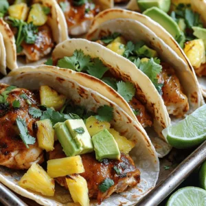 - 1.5 lbs boneless, skinless chicken thighs - 1 cup fresh pineapple - 2 tablespoons chipotle sauce - 8 small corn tortillas - Fresh cilantro for garnish - Lime wedges and avocado slices - 1 tablespoon olive oil - 1 teaspoon ground cumin - 1 teaspoon smoked paprika - 1 teaspoon garlic powder - 1 teaspoon onion powder - Salt and black pepper - Large baking sheet - Parchment paper - Mixing bowl - Aluminum foil When making Sheet Pan Chicken Chipotle Pineapple Tacos, gather your ingredients first. The chicken thighs are the star here. They cook well and stay juicy. Fresh pineapple adds a sweet twist that balances the spice from the chipotle sauce. You need a good mix of spices to bring out the flavors. Olive oil helps the spices stick to the chicken. Cumin and smoked paprika add depth. Garlic and onion powder enhance the savory notes. Don't forget salt and black pepper; they tie everything together. For equipment, you only need a few things. A large baking sheet makes cooking easy. Parchment paper helps with cleanup. A mixing bowl is where the magic happens. Lastly, aluminum foil warms the tortillas without making a mess. Make sure you have everything ready before you start. This method saves time and keeps your cooking smooth. You can find the Full Recipe to follow along. Enjoy the process! - Preheat the oven to 400°F (200°C). - In a large bowl, mix the diced chicken thighs with chipotle sauce, olive oil, ground cumin, smoked paprika, garlic powder, onion powder, salt, and black pepper. - Fold the diced pineapple into the chicken mixture. - Spread the mixture evenly on the baking sheet. - Roast in the oven for 20-25 minutes. The chicken should be cooked through and caramelized. - Warm the corn tortillas while the chicken cooks. Wrap them in aluminum foil and place in the oven for the last 5-10 minutes. - Once the chicken and pineapple are done, remove them from the oven. - Take a warm tortilla and fill it with the roasted chicken and pineapple. - Top your tacos with fresh cilantro, avocado slices, and a drizzle of lime juice. Serve right away. For the full recipe, check out the details above! To get the best flavor from chicken thighs, marinate them well. Use a bowl to mix the chicken with spices and chipotle sauce. This helps the flavors soak in. Aim for a marinating time of at least 30 minutes. If you can, let it sit in the fridge for up to two hours. This gives the chicken a deeper flavor. Roasting the chicken to perfection is key. Set your oven to 400°F (200°C) for a nice, hot roast. Ensure the chicken pieces are spread out on the sheet pan. This allows for even cooking and browning. Stir the mixture halfway through roasting. This helps cook the chicken evenly and mixes the flavors together. Toppings make tacos fun! Fresh cilantro adds a nice touch of flavor. You can also add avocado slices for creaminess. For a zesty kick, drizzle lime juice over your tacos. Try serving the tacos with extra lime wedges on the side. This allows everyone to adjust the flavor to their taste. Get creative with presentations by stacking the tacos or serving them in a fun way! {{image_4}} You can switch up the protein in this recipe. Shrimp or tofu works well. Both options add their own unique flavor. If you want a fruity twist, try using mango or peach instead of pineapple. These fruits add sweetness and a fresh taste. If you like things spicy, add more chipotle sauce. For milder tacos, reduce the sauce. You can also mix in other veggies. Peppers, onions, or corn can add extra crunch and color. Each veggie brings its own taste to your dish. For a gluten-free option, use corn tortillas. You can also try low-carb wraps. Lettuce leaves work great too as a fresh, crunchy alternative. This way, you can enjoy your tacos while sticking to your diet. To keep your taco leftovers fresh, place them in an airtight container. Make sure to cool them to room temperature before sealing. Store the container in the fridge. The tacos stay good for up to three days. If you notice any change in smell or texture, it’s best to throw them away. You can freeze the chicken and pineapple mixture for future meals. First, let it cool completely. Then, place it in a freezer-safe bag or container. Remove as much air as possible before sealing. This way, it can last for up to three months in the freezer. To reheat, thaw it overnight in the fridge. Then, warm it in a skillet over medium heat until it’s hot throughout. These tacos shine with simple side dishes. Consider serving them with a fresh salad or some black beans. They pair nicely with a zesty corn salad too. For dips, try a cool avocado crema or a spicy salsa. Both add extra flavor and excitement to your meal. You should bake the chicken thighs for 20-25 minutes. This time ensures they cook through and develop a nice caramelized look. I recommend stirring the mixture halfway for even cooking. Make sure the chicken reaches an internal temperature of 165°F to be safe. Yes, you can prepare this taco recipe ahead of time. You can marinate the chicken and pineapple mixture the night before. Keep it in the fridge. This helps the flavors meld together. Just bake when you are ready to enjoy your tacos. Leftovers can last three to four days in the fridge. These tacos pair well with a variety of side dishes. You could serve them with: - Mexican rice - Black beans - Grilled corn - Chips and salsa - A fresh green salad For drinks, try serving them with a light beer or a refreshing limeade. These choices will make your meal even more delightful. This blog post covered everything you need to make delicious chicken chipotle pineapple tacos. We discussed the key ingredients, spices, and equipment you'll need. I provided step-by-step instructions and tips on marinating and cooking. You also learned about tasty variations and how to store leftovers. In the end, these tacos are simple and fun to make. Enjoy cooking and sharing them with friends!
