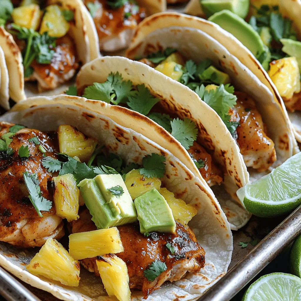 - 1.5 lbs boneless, skinless chicken thighs - 1 cup fresh pineapple - 2 tablespoons chipotle sauce - 8 small corn tortillas - Fresh cilantro for garnish - Lime wedges and avocado slices - 1 tablespoon olive oil - 1 teaspoon ground cumin - 1 teaspoon smoked paprika - 1 teaspoon garlic powder - 1 teaspoon onion powder - Salt and black pepper - Large baking sheet - Parchment paper - Mixing bowl - Aluminum foil When making Sheet Pan Chicken Chipotle Pineapple Tacos, gather your ingredients first. The chicken thighs are the star here. They cook well and stay juicy. Fresh pineapple adds a sweet twist that balances the spice from the chipotle sauce. You need a good mix of spices to bring out the flavors. Olive oil helps the spices stick to the chicken. Cumin and smoked paprika add depth. Garlic and onion powder enhance the savory notes. Don't forget salt and black pepper; they tie everything together. For equipment, you only need a few things. A large baking sheet makes cooking easy. Parchment paper helps with cleanup. A mixing bowl is where the magic happens. Lastly, aluminum foil warms the tortillas without making a mess. Make sure you have everything ready before you start. This method saves time and keeps your cooking smooth. You can find the Full Recipe to follow along. Enjoy the process! - Preheat the oven to 400°F (200°C). - In a large bowl, mix the diced chicken thighs with chipotle sauce, olive oil, ground cumin, smoked paprika, garlic powder, onion powder, salt, and black pepper. - Fold the diced pineapple into the chicken mixture. - Spread the mixture evenly on the baking sheet. - Roast in the oven for 20-25 minutes. The chicken should be cooked through and caramelized. - Warm the corn tortillas while the chicken cooks. Wrap them in aluminum foil and place in the oven for the last 5-10 minutes. - Once the chicken and pineapple are done, remove them from the oven. - Take a warm tortilla and fill it with the roasted chicken and pineapple. - Top your tacos with fresh cilantro, avocado slices, and a drizzle of lime juice. Serve right away. For the full recipe, check out the details above! To get the best flavor from chicken thighs, marinate them well. Use a bowl to mix the chicken with spices and chipotle sauce. This helps the flavors soak in. Aim for a marinating time of at least 30 minutes. If you can, let it sit in the fridge for up to two hours. This gives the chicken a deeper flavor. Roasting the chicken to perfection is key. Set your oven to 400°F (200°C) for a nice, hot roast. Ensure the chicken pieces are spread out on the sheet pan. This allows for even cooking and browning. Stir the mixture halfway through roasting. This helps cook the chicken evenly and mixes the flavors together. Toppings make tacos fun! Fresh cilantro adds a nice touch of flavor. You can also add avocado slices for creaminess. For a zesty kick, drizzle lime juice over your tacos. Try serving the tacos with extra lime wedges on the side. This allows everyone to adjust the flavor to their taste. Get creative with presentations by stacking the tacos or serving them in a fun way! {{image_4}} You can switch up the protein in this recipe. Shrimp or tofu works well. Both options add their own unique flavor. If you want a fruity twist, try using mango or peach instead of pineapple. These fruits add sweetness and a fresh taste. If you like things spicy, add more chipotle sauce. For milder tacos, reduce the sauce. You can also mix in other veggies. Peppers, onions, or corn can add extra crunch and color. Each veggie brings its own taste to your dish. For a gluten-free option, use corn tortillas. You can also try low-carb wraps. Lettuce leaves work great too as a fresh, crunchy alternative. This way, you can enjoy your tacos while sticking to your diet. To keep your taco leftovers fresh, place them in an airtight container. Make sure to cool them to room temperature before sealing. Store the container in the fridge. The tacos stay good for up to three days. If you notice any change in smell or texture, it’s best to throw them away. You can freeze the chicken and pineapple mixture for future meals. First, let it cool completely. Then, place it in a freezer-safe bag or container. Remove as much air as possible before sealing. This way, it can last for up to three months in the freezer. To reheat, thaw it overnight in the fridge. Then, warm it in a skillet over medium heat until it’s hot throughout. These tacos shine with simple side dishes. Consider serving them with a fresh salad or some black beans. They pair nicely with a zesty corn salad too. For dips, try a cool avocado crema or a spicy salsa. Both add extra flavor and excitement to your meal. You should bake the chicken thighs for 20-25 minutes. This time ensures they cook through and develop a nice caramelized look. I recommend stirring the mixture halfway for even cooking. Make sure the chicken reaches an internal temperature of 165°F to be safe. Yes, you can prepare this taco recipe ahead of time. You can marinate the chicken and pineapple mixture the night before. Keep it in the fridge. This helps the flavors meld together. Just bake when you are ready to enjoy your tacos. Leftovers can last three to four days in the fridge. These tacos pair well with a variety of side dishes. You could serve them with: - Mexican rice - Black beans - Grilled corn - Chips and salsa - A fresh green salad For drinks, try serving them with a light beer or a refreshing limeade. These choices will make your meal even more delightful. This blog post covered everything you need to make delicious chicken chipotle pineapple tacos. We discussed the key ingredients, spices, and equipment you'll need. I provided step-by-step instructions and tips on marinating and cooking. You also learned about tasty variations and how to store leftovers. In the end, these tacos are simple and fun to make. Enjoy cooking and sharing them with friends!