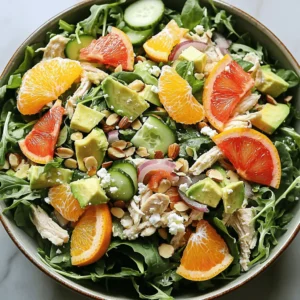 - 2 cups cooked chicken breast, shredded - 1 cup mixed salad greens (arugula, spinach, and romaine) - 1 grapefruit, segmented - 1 orange, segmented - 1 small cucumber, diced - 1/4 cup red onion, thinly sliced - 1 ripe avocado, diced - 1/4 cup toasted almonds, chopped - 1/4 cup feta cheese, crumbled - 3 tablespoons olive oil - 1 tablespoon apple cider vinegar - 1 teaspoon honey - Salt and freshly cracked pepper to taste Each ingredient plays a key role in creating a fresh and colorful chicken salad. The chicken adds protein and heartiness. The mixed greens bring a nice crunch and vibrant color. Citrus like grapefruit and orange boost flavor and add a sweet and tart twist. Cucumber gives a refreshing bite while red onion adds a bit of sharpness. The avocado contributes creaminess, making each bite delightful. Toasted almonds lend a nice crunch and a nutty flavor. Feta cheese adds a tangy kick that balances the dish perfectly. The dressing, made from olive oil, apple cider vinegar, and honey, ties everything together. It’s simple yet bright, enhancing all the fresh ingredients. This chicken salad is not only tasty but also visually stunning. For the complete method to bring this dish to life, check out the Full Recipe. - In a large bowl, combine: - 2 cups cooked chicken breast, shredded - 1 cup mixed salad greens (arugula, spinach, and romaine) - 1 grapefruit, segmented - 1 orange, segmented - 1 small cucumber, diced - 1/4 cup red onion, thinly sliced Start by tossing these ingredients gently. This step ensures each bite bursts with flavor. - In a separate bowl, whisk together: - 3 tablespoons olive oil - 1 tablespoon apple cider vinegar - 1 teaspoon honey - Salt and freshly cracked pepper to taste Mix until the dressing is smooth and well combined. This dressing adds a bright touch to the salad. - Drizzle the dressing over your salad mixture. Use tongs to toss everything together. Make sure all the ingredients get a nice coating of the dressing. - Carefully fold in: - 1 ripe avocado, diced - 1/4 cup toasted almonds, chopped Be gentle when you mix them in. You want the avocado to stay chunky. - Add 1/4 cup feta cheese, crumbled, on top. It brings a creamy and tangy flavor that pairs well with the salad. - Serve the salad right away for the best taste. If you want, chill it in the fridge for 15-20 minutes. This allows the flavors to blend. - For an eye-catching presentation, use a colorful bowl. You can also serve it on individual plates. Garnish with extra citrus segments or a sprinkle of whole toasted almonds for a lovely finish. This zesty citrus chicken salad is not just a meal; it’s a vibrant experience. For the full recipe, check the earlier section! Toasting almonds adds great flavor. Start with raw almonds. Here’s how to do it: - Preheat your oven to 350°F (175°C). - Spread almonds on a baking sheet. - Bake for 8-10 minutes. - Keep an eye on them to avoid burning. - Let them cool before adding to your salad. Toasting brings out a nutty taste. It also adds a nice crunch to your chicken salad. Sourness adds brightness to your salad. If you want to adjust it, consider these tips: - Add more citrus segments, like grapefruit or orange. - Squeeze fresh lemon juice for extra zing. - Mix in a bit of Greek yogurt for creaminess and tang. Taste as you go. This way, you can find the balance that you enjoy best. Mixing is key to a great chicken salad. Here are my best tips: - Use a large bowl to give room for tossing. - Add the dressing slowly to avoid sogginess. - Use tongs or a large spoon to mix gently. - Fold in soft ingredients like avocado last. These practices keep your salad fresh and make it beautiful. Follow them to create a dish that looks as good as it tastes! {{image_4}} You can switch things up with different proteins in your chicken salad. Grilled shrimp adds a nice touch. Tuna can give it a bold flavor. Chickpeas are a great choice for a plant-based option. Each protein brings its own taste and texture. Mix and match to keep your meals exciting! If you have dietary needs, chicken salad can easily adapt. For gluten-free options, use gluten-free ingredients. You can swap dairy for non-dairy items. For example, use avocado or a dairy-free cheese. These changes make the dish friendly for everyone's needs. Seasonal fruits and veggies can enhance your chicken salad. In spring, add fresh peas or radishes. Summer is perfect for juicy tomatoes or corn. In fall, try apples or pears for sweetness. Winter calls for citrus fruits like oranges or grapefruits. Using seasonal produce boosts flavor and nutrition. For a full recipe, check out the Zesty Citrus Chicken Salad. It’s a tasty way to enjoy these variations! To keep chicken salad fresh, store it in an airtight container. Glass or plastic containers work well. Make sure the lid seals tightly to avoid air exposure. Place it in the fridge right after making it. Always use clean utensils when serving to prevent contamination. This way, you can enjoy your salad for longer. Chicken salad typically lasts about three to four days in the fridge. If you notice any off smells or changes in texture, it’s best to throw it away. Always check for freshness before eating. Enjoy your zesty citrus chicken salad while it's still at its best! Freezing chicken salad is not recommended. The texture can change when thawed, making it watery. Ingredients like avocado and lettuce do not freeze well. If you want to save time, prepare the chicken and dressing separately. Mix them together when you’re ready to serve. This keeps everything fresh and crunchy. Yes, you can make chicken salad ahead of time. It tastes great fresh, but you can chill it for one to two hours. This allows the flavors to blend well. Store it in an airtight container in the fridge. I recommend eating it within two days for the best taste. The best way to shred chicken is to use two forks. Hold one fork steady and pull the chicken apart with the other fork. You can also use your hands if the chicken is cool enough to touch. For a quick method, try a stand mixer with a paddle attachment. Just mix on low speed until shredded. To make chicken salad lower in calories, use less olive oil and skip the feta cheese. You can swap Greek yogurt for the dressing instead of oil. Add more veggies, like celery or bell peppers, to keep it filling without added calories. This makes the salad lighter but still tasty. You can serve chicken salad in many ways. Try it in a sandwich, on a bed of greens, or in a wrap. Add some crunchy veggies on the side, like carrots or cucumber sticks. You could also pair it with a light soup or fresh fruit. This makes for a balanced meal. For a full recipe, check out the Zesty Citrus Chicken Salad. This chicken salad is simple and healthy. You mix fresh ingredients like chicken, greens, and fruits. The recipe includes easy steps and tips to customize it. You can add different proteins or adjust the sourness to fit your taste. Proper storage tips help keep it fresh. Enjoying a tasty meal can be easy. Experiment with your own mix, and share it with friends!