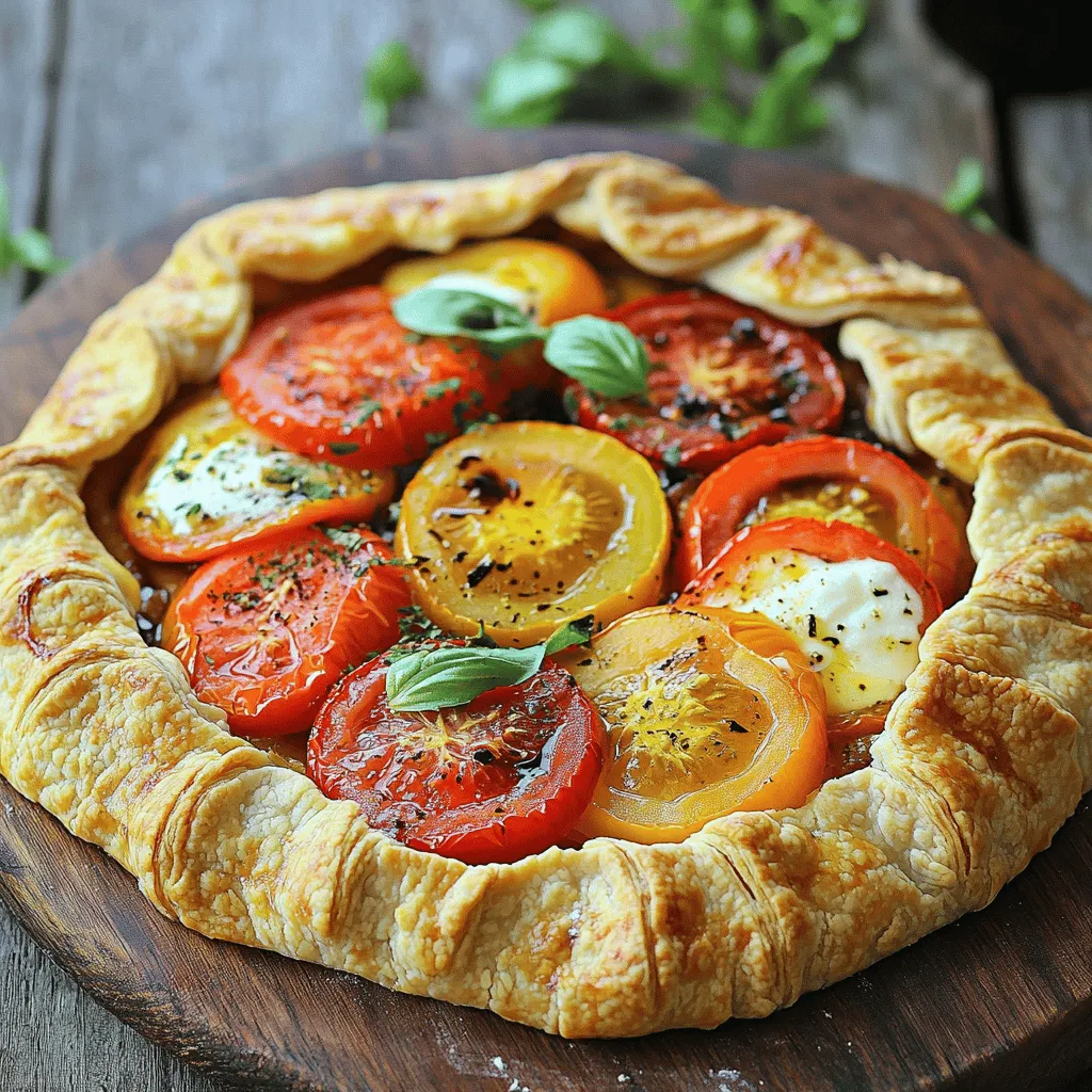 To make an easy tomato galette, you need fresh and simple ingredients. Here’s what you’ll need: - 1 sheet of store-bought puff pastry or homemade pie crust - 4-5 ripe tomatoes, assorted colors and varieties - 1 cup shredded fresh mozzarella cheese - 1/2 cup creamy ricotta cheese - 2 tablespoons fresh basil, finely chopped - 1 tablespoon extra virgin olive oil - 1 teaspoon garlic powder - Sea salt and freshly cracked black pepper to taste - 1 large egg (for egg wash) These ingredients bring together a burst of flavor. The tomatoes shine with their taste and color. Cheese adds creaminess, and basil gives a fresh touch. This mix makes the galette both simple and delicious. You can find the full recipe above to guide you through the steps. Enjoy gathering these ingredients! 1. Preheat your oven to 400°F (200°C). This step is key for even baking. 2. Roll out the pastry into a 12-inch circle. Place it on a baking sheet lined with parchment. 3. In a bowl, mix the ricotta, half of the mozzarella, basil, garlic powder, salt, and pepper. Spread this cheese mixture evenly over the pastry, leaving a 2-inch border. 1. Layer the sliced tomatoes on top of the cheese. Overlap them to create a nice look. 2. Drizzle olive oil over the tomatoes. Sprinkle the rest of the mozzarella on top for extra flavor. 1. Fold the edges of the pastry over the tomatoes. Create pleats for a rustic look. It doesn't have to be perfect. 2. Beat the egg in a small bowl and brush it on the folded edges. This gives a nice golden color when baked. 3. Place the galette in the oven. Bake for 30-35 minutes until the crust is golden and the tomatoes are soft. You can find the full recipe above to guide you through these steps. Enjoy making your easy tomato galette! - Choosing the right tomatoes: Use ripe tomatoes for the best flavor. Look for heirloom or vine-ripened types. Their colors and tastes add depth to your galette. - Keeping the pastry cold before baking: Cold pastry makes a flakier crust. Chill it in the fridge for 15 minutes before baking. This step helps the crust hold its shape. - Egg wash for a golden finish: Brush the edges of your galette with beaten egg. This gives the crust a nice golden color. It also makes it look more appealing. - Adding spices to the cheese mixture: You can add spices like oregano or red pepper flakes. This boosts the flavor of the cheese and makes every bite exciting. - Using different cheese combinations: Try mixing cheeses like goat cheese or parmesan. Each cheese adds its unique taste and creaminess to the dish. - Incorporating fresh herbs: Fresh herbs like thyme or rosemary can enhance flavor. Sprinkle them on top before baking for a fragrant twist. {{image_4}} You can easily change the taste of your galette with some fun additions. Here are two great ideas: - Spinach and feta for a Mediterranean twist: Add fresh spinach and crumbled feta cheese to your cheese layer. This mix gives a bright and tangy flavor that pairs well with tomatoes. It also boosts the nutrition of your dish! - Caramelized onions for added sweetness: Sauté some onions in olive oil until they are soft and golden. Spread them over the cheese mixture before adding tomatoes. The sweet taste of the onions adds depth and makes every bite special. Using seasonal ingredients makes your galette even better. Here are two tasty options: - Incorporating summer vegetables like zucchini: Slice fresh zucchini thinly and layer it with the tomatoes. This adds a lovely crunch and makes the dish colorful. You can also grill the zucchini for a smoky flavor. - Using seasonal pesto instead of cheese: Swap out the cheese for your favorite pesto in summer. Spread the pesto on the pastry before adding tomatoes. This creates a fresh and vibrant taste that shines with seasonal produce. These variations let you get creative with your Easy Tomato Galette. Feel free to mix and match! For the full recipe, check out the details above. To keep your tomato galette fresh, store leftovers in the fridge. Place the galette in an airtight container. If you want to enjoy it later, wrap it tightly with plastic wrap before putting it in the container. This keeps the crust from getting soggy. Your galette should stay good for about three days. For longer storage, you can freeze the galette. First, let it cool completely. Then, wrap it in plastic wrap and aluminum foil. This will prevent freezer burn. It can last up to two months in the freezer. When you're ready to eat, just thaw it overnight in the fridge. To reheat your galette in the oven, preheat it to 350°F (175°C). Place the galette on a baking sheet. Heat it for about 15-20 minutes. This method keeps the crust nice and crisp. If you need a quick option, use the microwave. Place a slice on a microwave-safe plate. Cover it with a damp paper towel. Heat it for about 30 seconds. Check to see if it's warm enough. If not, heat in 10-second bursts until it's ready. This method is fast but may make the crust a bit soft. Enjoy your tomato galette again with these easy tips! The best tomatoes for a galette are ripe and juicy. I love using heirloom tomatoes. They add great color and taste. Look for a mix of red, yellow, and orange for an eye-catching dish. Yes, you can use homemade dough. It’s a fun way to add your personal touch. Just make sure it’s rolled thin for the best texture. The galette lasts about three days in the fridge. Store it in an airtight container to keep it fresh. Reheat it in the oven for a crispy crust. Yes, you can prep the galette a few hours ahead. Just assemble it and store it in the fridge. Bake it just before serving for the best taste. Tomato galette pairs well with a simple salad. A green salad with vinaigrette adds freshness. You can also serve it with a light soup for a complete meal. For a fun twist, serve it with a side of pesto for dipping. This article showed you how to make a delicious tomato galette. You learned about key ingredients like ripe tomatoes and two types of cheese. I shared steps, tips, and variations to help you create your own unique dish. Remember, choosing fresh ingredients makes a big difference. Try new flavors and don’t be afraid to experiment. Enjoy your cooking and impress your friends with this simple yet tasty galette!