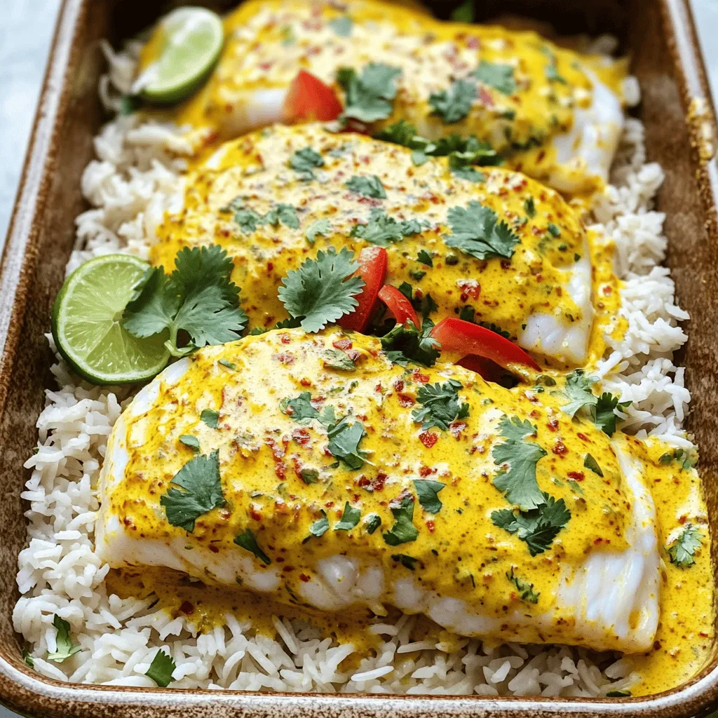 To make Coconut Curry Baked Cod, gather the following ingredients: - 4 cod fillets, approximately 6 ounces each - 1 cup full-fat coconut milk - 2 tablespoons red curry paste - 1 tablespoon fish sauce (adjust to taste) - 1 teaspoon brown sugar - Zest and juice of 1 lime - 1 cup baby spinach, roughly chopped - 1 red bell pepper, thinly sliced - 1 teaspoon fresh ginger, finely minced - 1 teaspoon garlic, finely minced - Salt and freshly ground black pepper, to taste - Fresh cilantro leaves, for garnishing - Cooked jasmine rice, for serving (about 2 cups uncooked will yield 4 cups cooked) These ingredients create a rich and flavorful meal. The cod offers a tender base. The coconut milk adds creaminess, while the red curry paste gives it a spicy kick. The lime zest brightens the dish, and the vegetables add crunch and color. You’ll find that each bite is a balance of flavors. Don't forget to check out the Full Recipe for detailed steps to achieve this delightful dish! Set the oven to 400°F (200°C). This step warms up the oven so the cod cooks evenly. In a medium bowl, whisk together: - 1 cup full-fat coconut milk - 2 tablespoons red curry paste - 1 tablespoon fish sauce (adjust to taste) - 1 teaspoon brown sugar - Zest and juice of 1 lime Mix until smooth. This sauce adds rich flavor to the cod. Take 4 cod fillets, about 6 ounces each. Pat them dry with a paper towel. Season both sides with salt and freshly ground black pepper. Place them in a greased baking dish, making sure they fit snugly. Pour the coconut curry mixture evenly over the cod. Scatter on top: - 1 red bell pepper, thinly sliced - 1 teaspoon fresh ginger, finely minced - 1 teaspoon garlic, finely minced This adds more taste and aroma to your dish. Cover the dish tightly with foil. Bake for 15 minutes. This helps the fish cook evenly. After 15 minutes, carefully remove the foil. Stir in 1 cup of chopped baby spinach. Spread it evenly over the cod. Bake uncovered for another 10-15 minutes. The cod should be opaque and flake easily. Once cooked, let the dish rest for a few minutes. This helps keep the fish moist. Serve with jasmine rice. Top the rice with the coconut curry baked cod. Spoon extra sauce over the fish. Garnish with fresh cilantro leaves for a colorful touch. For the full recipe, you can refer to the initial section. Enjoy this flavorful and simple dish! When cooking cod, you want to choose fresh fillets. Look for firm, white fish with no odor. For even cooking, make sure the fillets are similar in size. Pat them dry before cooking, so they sear nicely. Place the fillets in a greased baking dish without overlapping. This helps them cook evenly and remain tender. To boost the flavor, try adding spices like cumin or coriander. You can also mix in some chopped fresh herbs, like basil or mint. If you like heat, toss in some sliced jalapeños. For a tangy kick, add a splash of rice vinegar. Don’t forget the lime juice; it brightens the whole dish! For a gorgeous plate, serve the cod on a bed of jasmine rice. Spoon extra coconut curry sauce over the fish for a rich look. Add bright red bell pepper and fresh spinach on top. Finish with fresh cilantro leaves for a pop of green. This not only tastes great but also looks stunning on your table. For the full recipe, check the earlier section. {{image_4}} You can switch the cod for salmon or shrimp. Salmon gives a richer flavor. It cooks similarly, so just keep an eye on the time. Shrimp works well too. Use large shrimp and adjust the cooking time. They cook quickly and will be juicy in the curry sauce. If you want a dairy-free option, use coconut cream instead of coconut milk. You can also skip the fish sauce for a vegetarian twist. Just add a bit more salt or soy sauce for flavor. This keeps the dish tasty and friendly for different diets. Feel free to add other veggies. Broccoli and snap peas add nice crunch. Carrots bring sweetness and color. Cauliflower is another great choice, soaking up the curry well. Mix and match your favorites for a unique dish each time. After enjoying your coconut curry baked cod, you may have some leftovers. To store them properly, let the dish cool to room temperature. Place the cod and sauce in an airtight container. You can also separate the rice if you prefer. Refrigerate the leftovers within two hours of cooking. This keeps the cod fresh and safe to eat later. If you want to store it for a longer time, you can freeze the cod and sauce together. Just make sure to use a freezer-safe container. When it’s time to enjoy your leftovers, reheating them correctly is key. Preheat your oven to 350°F (175°C). Place the cod in an oven-safe dish and pour some extra coconut curry sauce over it. Cover the dish with foil to keep moisture in. Bake for about 15 minutes or until heated through. You can also reheat in the microwave. Just use a microwave-safe dish and heat in short bursts, checking often to avoid overcooking. When stored properly, your coconut curry baked cod will last in the fridge for about three days. If you freeze it, it can last up to three months. Keep in mind that the texture may change slightly after thawing. Always check for any off smells or changes in color before eating leftovers. If it looks or smells bad, it’s best to throw it away. Enjoy your meal with confidence! You can serve many sides with Coconut Curry Baked Cod. Here are some tasty options: - Jasmine rice - Quinoa - Steamed broccoli - Roasted vegetables - A fresh green salad - Naan or pita bread These sides add flavor and balance to the dish. They make your meal more filling and fun. Yes, you can easily make this recipe gluten-free. Here are some tips: - Use gluten-free fish sauce. - Check the red curry paste for gluten. Some brands add gluten. - Serve with rice or quinoa instead of bread. These simple swaps ensure everyone can enjoy this dish. Coconut Curry Baked Cod is very healthy. Here are some benefits: - Cod is a great source of protein. - Coconut milk contains healthy fats. - Spinach is rich in vitamins and minerals. - This dish is low in carbs when served with just veggies. Overall, it offers a balanced meal with nutrients. If you like more heat, try these tips to spice up your dish: - Add more red curry paste. - Mix in diced jalapeño or Thai chili peppers. - Sprinkle red pepper flakes on top before serving. These additions bring a warm kick to the flavors. Enjoy experimenting! This blog post shared a simple and tasty recipe for Coconut Curry Baked Cod. You learned about key ingredients, step-by-step instructions, and helpful tips. You can customize the dish with different proteins or vegetables to suit your taste. Storing and reheating tips ensure you enjoy leftovers without losing flavor. Overall, this dish is easy to make and pairs well with jasmine rice. It’s a healthy option packed with flavor. Dive into this recipe for a delightful meal any day!