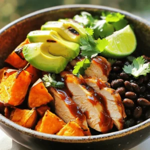 - 2 boneless, skinless chicken breasts - 1 cup BBQ sauce (homemade or store-bought) - 2 medium sweet potatoes, peeled and diced - 2 tablespoons extra-virgin olive oil - 1 cup black beans, drained - 1 ripe avocado, sliced - Fresh cilantro for garnish, lime wedges In this dish, the main ingredients shine. The chicken breasts are juicy and full of flavor. BBQ sauce adds a nice sweetness and tang. You can use store-bought sauce or make your own for a special touch. Sweet potatoes play a key role. They bring a natural sweetness and a creamy texture. I love dicing them into cubes for even cooking. Toss them in olive oil to help them roast nicely. For extra nutrition, I include black beans. They add protein and fiber, making the meal heartier. Slicing an avocado adds creaminess, while fresh cilantro gives a bright taste. Finally, lime wedges bring a zesty kick. To see the full details on preparing this dish, check the Full Recipe. - Preheat the oven to 400°F (200°C). - In a bowl, combine diced sweet potatoes with olive oil, smoked paprika, garlic powder, salt, and pepper. Toss well to coat. - Spread the sweet potatoes evenly on a baking sheet lined with parchment paper. - Roast for 25-30 minutes, flipping halfway through to ensure even cooking. - While the sweet potatoes are roasting, heat a grill pan over medium heat. - Season the chicken breasts with salt and pepper on both sides. Grill the chicken for about 5-7 minutes per side. Brush the chicken with BBQ sauce during the last few minutes. Make sure the chicken reaches 165°F (75°C) for safety. - In each bowl, layer a generous portion of roasted sweet potatoes at the bottom. - Add slices of BBQ chicken and a scoop of black beans on top. - Finish with slices of fresh avocado and a squeeze of lime juice for a bright flavor. Enjoy the Full Recipe for more details and tips! - Ensure chicken reaches an internal temperature of 165°F (75°C). This step keeps the chicken safe to eat. Use a meat thermometer to check. - Flip sweet potatoes halfway for even cooking. This way, they brown nicely on all sides. It helps develop great flavor. - Arranging ingredients for visual appeal makes your dish pop. Layer sweet potatoes, chicken, and black beans in a colorful way. - Use lime wedges to enhance the dish’s flavor. Squeezing lime on top brightens the meal and adds freshness. - Options for additional toppings or sides can elevate your bowl. Consider adding corn, cheese, or salsa for more flavor. You can also try different herbs like parsley or basil for a twist. {{image_4}} You can switch the chicken for grilled shrimp or tofu. Grilled shrimp adds a sweet, smoky flavor. Just marinate it in BBQ sauce before cooking. Tofu is a great choice for a plant-based meal. Press the tofu to remove water. Cut it into cubes and grill until golden. Both options will keep your bowls tasty and fun! Feel free to mix in different veggies! Corn, bell peppers, or seasonal choices work great. Corn adds a sweet crunch. Bell peppers bring a colorful pop. You can roast them with the sweet potatoes or grill them alongside your protein. Try adding what you love most or what's fresh at the market. Don’t be afraid to experiment with BBQ sauces or spices! Try a spicy sauce for heat. A fruity BBQ sauce can add a unique twist. You can also sprinkle on some extra spices, like cayenne or chili powder, for more flavor. This way, you can create a new taste for your BBQ chicken and roasted sweet potato bowls. For the full recipe, check out the complete guide on BBQ Chicken & Roasted Sweet Potato Bowls. To store leftovers, let the bowls cool first. Place them in airtight containers. You can store them in the fridge for up to four days. If you want to keep them longer, freeze the components separately. The chicken and sweet potatoes freeze well. Just make sure to label the containers with dates. To reheat, use an oven or microwave. If using the oven, preheat it to 350°F (175°C). Place the chicken and sweet potatoes in a baking dish, cover with foil, and heat for about 15 minutes. This keeps the chicken juicy and sweet potatoes soft. If using a microwave, heat in short bursts. Stir often to warm evenly. The BBQ chicken and roasted sweet potato bowls last about four days in the fridge. If frozen, they can last up to three months. Always check for any off smells or changes in texture before eating. Eating fresh is best for flavor and safety. Yes, you can use skin-on chicken. Skin-on chicken adds flavor and moisture. The skin crisps up nicely on the grill. This gives your dish a great texture. Just be aware that cooking time may slightly differ. Always check the chicken reaches 165°F (75°C). You can use butternut squash or regular potatoes instead. Both options work well. They bring a different flavor but are just as tasty. If you want more color, go with purple potatoes. They add a fun twist to your bowl. Yes, this recipe is great for meal prep. You can make it ahead and store it in the fridge. Keep the chicken and sweet potatoes in separate containers. This way, they stay fresh longer. Reheat them together when you’re ready to eat. To make BBQ chicken at home, mix ketchup, brown sugar, and vinegar. Add garlic powder, onion powder, and spices for flavor. Simmer the mix until thick. This homemade sauce can give your chicken a unique taste. You can also adjust the sweetness to your liking. Yes, these ingredients are versatile. Use the grilled chicken in salads or wraps. The sweet potatoes can be mashed or added to soups. Black beans are great in tacos or mixed with rice. With a few tweaks, you can create many new dishes. For the full recipe, check out the complete guide linked above. This blog post shares a simple and tasty BBQ chicken bowl recipe. We explored main ingredients like chicken, sweet potatoes, and black beans. You learned how to roast sweet potatoes and grill chicken while adding tips for a great look and taste. In conclusion, this dish is easy to tweak with new flavors and veggies. Enjoy cooking and make it your own!