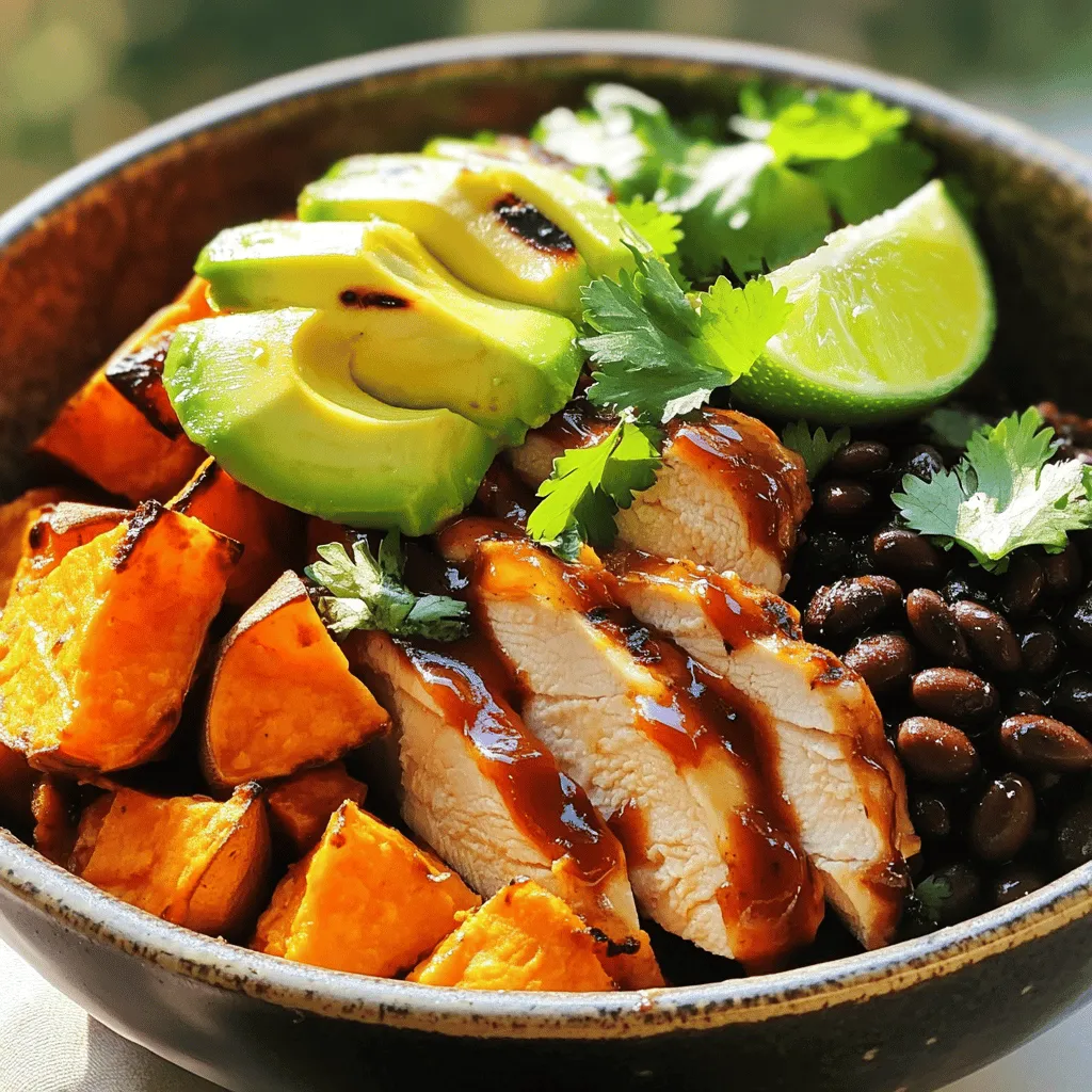 - 2 boneless, skinless chicken breasts - 1 cup BBQ sauce (homemade or store-bought) - 2 medium sweet potatoes, peeled and diced - 2 tablespoons extra-virgin olive oil - 1 cup black beans, drained - 1 ripe avocado, sliced - Fresh cilantro for garnish, lime wedges In this dish, the main ingredients shine. The chicken breasts are juicy and full of flavor. BBQ sauce adds a nice sweetness and tang. You can use store-bought sauce or make your own for a special touch. Sweet potatoes play a key role. They bring a natural sweetness and a creamy texture. I love dicing them into cubes for even cooking. Toss them in olive oil to help them roast nicely. For extra nutrition, I include black beans. They add protein and fiber, making the meal heartier. Slicing an avocado adds creaminess, while fresh cilantro gives a bright taste. Finally, lime wedges bring a zesty kick. To see the full details on preparing this dish, check the Full Recipe. - Preheat the oven to 400°F (200°C). - In a bowl, combine diced sweet potatoes with olive oil, smoked paprika, garlic powder, salt, and pepper. Toss well to coat. - Spread the sweet potatoes evenly on a baking sheet lined with parchment paper. - Roast for 25-30 minutes, flipping halfway through to ensure even cooking. - While the sweet potatoes are roasting, heat a grill pan over medium heat. - Season the chicken breasts with salt and pepper on both sides. Grill the chicken for about 5-7 minutes per side. Brush the chicken with BBQ sauce during the last few minutes. Make sure the chicken reaches 165°F (75°C) for safety. - In each bowl, layer a generous portion of roasted sweet potatoes at the bottom. - Add slices of BBQ chicken and a scoop of black beans on top. - Finish with slices of fresh avocado and a squeeze of lime juice for a bright flavor. Enjoy the Full Recipe for more details and tips! - Ensure chicken reaches an internal temperature of 165°F (75°C). This step keeps the chicken safe to eat. Use a meat thermometer to check. - Flip sweet potatoes halfway for even cooking. This way, they brown nicely on all sides. It helps develop great flavor. - Arranging ingredients for visual appeal makes your dish pop. Layer sweet potatoes, chicken, and black beans in a colorful way. - Use lime wedges to enhance the dish’s flavor. Squeezing lime on top brightens the meal and adds freshness. - Options for additional toppings or sides can elevate your bowl. Consider adding corn, cheese, or salsa for more flavor. You can also try different herbs like parsley or basil for a twist. {{image_4}} You can switch the chicken for grilled shrimp or tofu. Grilled shrimp adds a sweet, smoky flavor. Just marinate it in BBQ sauce before cooking. Tofu is a great choice for a plant-based meal. Press the tofu to remove water. Cut it into cubes and grill until golden. Both options will keep your bowls tasty and fun! Feel free to mix in different veggies! Corn, bell peppers, or seasonal choices work great. Corn adds a sweet crunch. Bell peppers bring a colorful pop. You can roast them with the sweet potatoes or grill them alongside your protein. Try adding what you love most or what's fresh at the market. Don’t be afraid to experiment with BBQ sauces or spices! Try a spicy sauce for heat. A fruity BBQ sauce can add a unique twist. You can also sprinkle on some extra spices, like cayenne or chili powder, for more flavor. This way, you can create a new taste for your BBQ chicken and roasted sweet potato bowls. For the full recipe, check out the complete guide on BBQ Chicken & Roasted Sweet Potato Bowls. To store leftovers, let the bowls cool first. Place them in airtight containers. You can store them in the fridge for up to four days. If you want to keep them longer, freeze the components separately. The chicken and sweet potatoes freeze well. Just make sure to label the containers with dates. To reheat, use an oven or microwave. If using the oven, preheat it to 350°F (175°C). Place the chicken and sweet potatoes in a baking dish, cover with foil, and heat for about 15 minutes. This keeps the chicken juicy and sweet potatoes soft. If using a microwave, heat in short bursts. Stir often to warm evenly. The BBQ chicken and roasted sweet potato bowls last about four days in the fridge. If frozen, they can last up to three months. Always check for any off smells or changes in texture before eating. Eating fresh is best for flavor and safety. Yes, you can use skin-on chicken. Skin-on chicken adds flavor and moisture. The skin crisps up nicely on the grill. This gives your dish a great texture. Just be aware that cooking time may slightly differ. Always check the chicken reaches 165°F (75°C). You can use butternut squash or regular potatoes instead. Both options work well. They bring a different flavor but are just as tasty. If you want more color, go with purple potatoes. They add a fun twist to your bowl. Yes, this recipe is great for meal prep. You can make it ahead and store it in the fridge. Keep the chicken and sweet potatoes in separate containers. This way, they stay fresh longer. Reheat them together when you’re ready to eat. To make BBQ chicken at home, mix ketchup, brown sugar, and vinegar. Add garlic powder, onion powder, and spices for flavor. Simmer the mix until thick. This homemade sauce can give your chicken a unique taste. You can also adjust the sweetness to your liking. Yes, these ingredients are versatile. Use the grilled chicken in salads or wraps. The sweet potatoes can be mashed or added to soups. Black beans are great in tacos or mixed with rice. With a few tweaks, you can create many new dishes. For the full recipe, check out the complete guide linked above. This blog post shares a simple and tasty BBQ chicken bowl recipe. We explored main ingredients like chicken, sweet potatoes, and black beans. You learned how to roast sweet potatoes and grill chicken while adding tips for a great look and taste. In conclusion, this dish is easy to tweak with new flavors and veggies. Enjoy cooking and make it your own!