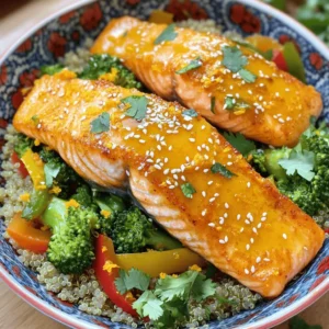 - 2 skin-on salmon fillets - 1 cup cooked quinoa - 1 cup fresh broccoli florets - 1 bell pepper, sliced (choose any vibrant color) - Zest of 1 large orange - Juice of 1 large orange - 1 tablespoon honey - 1 teaspoon soy sauce (or tamari for a gluten-free option) - 2 tablespoons olive oil, divided - Salt and freshly cracked black pepper to taste - 1 tablespoon toasted sesame seeds - Fresh cilantro leaves, for garnish This recipe highlights the main items you need to make crispy orange salmon bowls. You’ll see how each ingredient plays a role in creating the dish's vibrant flavors and textures. The salmon fillets provide a rich, buttery taste. The quinoa adds a nutty base, while the colorful veggies bring crunch and freshness. The orange sauce is where the magic happens. Its sweet and tangy notes boost the salmon's flavor. The honey adds sweetness, and the soy sauce gives it depth. Don't forget the sprinkle of sesame seeds and cilantro for extra flavor and flair! For the full recipe, you can follow along with the preparation steps to craft this delicious dish. - Preheat your oven to 425°F (220°C). - Line a baking sheet with parchment paper. To start, I love using skin-on salmon fillets. They stay moist and add a nice crunch. Once the oven is hot, place the salmon on the prepared sheet. Brush each fillet with olive oil. Sprinkle some salt, pepper, and orange zest on top. Finally, squeeze half of the orange over the fillets for that zesty flavor. - Bake for 12-15 minutes. - Broil for extra crispness. Next, put the salmon in the oven. Bake until it is flakey and cooked through. This usually takes about 12 to 15 minutes. If you want a crispy skin, switch to broil for the last 2 minutes. Keep an eye on it to avoid burning. - Heat olive oil in a skillet. - Sauté broccoli and bell pepper for 5-7 minutes. While the salmon cooks, grab a large skillet. Heat the remaining olive oil over medium heat. Add the fresh broccoli florets and sliced bell pepper. Sauté these veggies for about 5 to 7 minutes. They should be tender yet still have a bit of crunch. Season with salt and pepper to taste. - Combine honey, soy sauce, and orange juice. - Mix until smooth. Now let’s make the orange sauce. In a small bowl, mix honey, soy sauce, and the juice from the other half of the orange. Stir it well until smooth. This sauce will give the dish a sweet and tangy kick. - Layer cooked quinoa in serving bowls. - Add sautéed vegetables and salmon fillet. - Drizzle with orange sauce. To assemble your bowls, start with a layer of cooked quinoa in each bowl. This acts as the base. Next, pile on the sautéed veggies. Place a crispy salmon fillet on top of the veggies. Drizzle the orange sauce over everything for a burst of flavor. - Top with toasted sesame seeds. - Add cilantro for a fresh finish. For the final touch, sprinkle toasted sesame seeds on top. Then, add a handful of fresh cilantro leaves. This not only looks great but adds a nice herbal note to the dish. If you want, you can check out the Full Recipe for more details! To get that crispy salmon, start by baking at 425°F. Always place the salmon skin-side down on the baking sheet. This helps keep the fish moist and allows the skin to crisp up nicely. Bake it for 12 to 15 minutes. If you want an extra crunch, broil it for the last 2 minutes. Just keep an eye on it to prevent burning. For your veggies, aim to keep them crisp. Sauté the broccoli and bell pepper over medium heat for about 5 to 7 minutes. This will cook them while still keeping that nice crunch. Season them simply with salt and pepper. You can also add garlic or ginger for a flavor boost. Use fresh ingredients whenever you can. Fresh orange juice beats bottled juice for taste. Try adding fresh herbs like cilantro or parsley for extra flavor. If you want to spice things up, consider using a pinch of red pepper flakes or a splash of sriracha in the orange sauce. These small changes can make a big difference in flavor. For the complete recipe, refer to [Full Recipe]. {{image_4}} If you want to switch proteins, chicken or tofu works great. For chicken, use boneless, skinless thighs or breasts. Cook chicken until it reaches 165°F (74°C). Tofu offers a nice vegetarian option. Press and cube it, then roast or sauté until golden. Adjust cooking times: chicken may take 20-25 minutes, while tofu needs about 10-15 minutes. You can replace quinoa with brown rice, farro, or even cauliflower rice. Brown rice adds fiber and has a nutty flavor. Farro gives a chewy texture and is packed with nutrients. Cauliflower rice is lower in carbs and adds more veggies to your bowl. Each option brings unique health benefits, making your meal even better. For an extra kick, try other citrus fruits like lime or grapefruit. Fresh herbs like basil or mint can also brighten your dish. You can change the sauce too! Mix in chili flakes for heat or add a dash of maple syrup for sweetness. These twists keep your Crispy Orange Salmon Bowls exciting and new. For the full recipe, check out the earlier section. To keep your crispy orange salmon bowls fresh, store any leftovers right away. Place the salmon and veggies in separate containers. This helps maintain the salmon's crispy texture. Use airtight containers to prevent odors and moisture. Refrigerate within two hours of cooking. Your leftovers will stay good for up to three days. To reheat without drying out the salmon, use the oven or a skillet. If using the oven, preheat it to 350°F (175°C). Place the salmon and veggies on a baking sheet. Heat for about 10 minutes. This keeps them warm and moist. If using a skillet, add a splash of water and cover it. Heat on low for about 5 minutes. This method will help keep the salmon juicy. If you want to save some bowls for later, freezing is a great option. To freeze, let the salmon and veggies cool completely. Wrap them tightly in plastic wrap, then place them in a freezer-safe bag. They can last in the freezer for up to two months. When you're ready to eat, thaw them overnight in the fridge. Reheat as described above. This way, you enjoy your meal with that crispy texture! Yes, you can use frozen salmon. Just remember to thaw it first. Place the frozen salmon in the fridge overnight. If you need it faster, submerge it in cold water for about an hour. Once thawed, pat it dry before cooking. This helps keep the skin crispy. If you want a different grain, try brown rice or farro. Both are great choices. For brown rice, cook it in water for about 30-40 minutes. Farro takes about 25-30 minutes to cook. They both add a nutty flavor and texture that pairs well with salmon. Look for a few signs. Cooked salmon should easily flake with a fork. It should also have an opaque color. If you have a food thermometer, the inside should reach 145°F (63°C). This means it's safe and ready to eat. Yes, this recipe is great for meal prep. Store the salmon and veggies in airtight containers. They can last in the fridge for about three days. When reheating, use the microwave or a skillet. This helps keep the salmon moist and flavorful. Feel free to add some sides! Steamed green beans or a fresh salad work well. You can also serve it with avocado slices or pickled vegetables. These add extra crunch and flavor to your meal. Check out the [Full Recipe] for more ideas! This blog post guides you through creating Crispy Orange Salmon Bowls. You learned about key ingredients like salmon, quinoa, and fresh veggies. I explained step-by-step instructions, tips for perfect results, and variations to suit your taste. Remember, using fresh ingredients boosts flavor. Try different grains or proteins to mix things up. Whether for a weeknight dinner or meal prep, this dish shines. Enjoy your delicious, healthy creation!