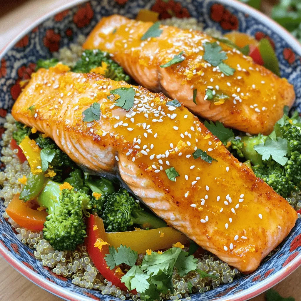 - 2 skin-on salmon fillets - 1 cup cooked quinoa - 1 cup fresh broccoli florets - 1 bell pepper, sliced (choose any vibrant color) - Zest of 1 large orange - Juice of 1 large orange - 1 tablespoon honey - 1 teaspoon soy sauce (or tamari for a gluten-free option) - 2 tablespoons olive oil, divided - Salt and freshly cracked black pepper to taste - 1 tablespoon toasted sesame seeds - Fresh cilantro leaves, for garnish This recipe highlights the main items you need to make crispy orange salmon bowls. You’ll see how each ingredient plays a role in creating the dish's vibrant flavors and textures. The salmon fillets provide a rich, buttery taste. The quinoa adds a nutty base, while the colorful veggies bring crunch and freshness. The orange sauce is where the magic happens. Its sweet and tangy notes boost the salmon's flavor. The honey adds sweetness, and the soy sauce gives it depth. Don't forget the sprinkle of sesame seeds and cilantro for extra flavor and flair! For the full recipe, you can follow along with the preparation steps to craft this delicious dish. - Preheat your oven to 425°F (220°C). - Line a baking sheet with parchment paper. To start, I love using skin-on salmon fillets. They stay moist and add a nice crunch. Once the oven is hot, place the salmon on the prepared sheet. Brush each fillet with olive oil. Sprinkle some salt, pepper, and orange zest on top. Finally, squeeze half of the orange over the fillets for that zesty flavor. - Bake for 12-15 minutes. - Broil for extra crispness. Next, put the salmon in the oven. Bake until it is flakey and cooked through. This usually takes about 12 to 15 minutes. If you want a crispy skin, switch to broil for the last 2 minutes. Keep an eye on it to avoid burning. - Heat olive oil in a skillet. - Sauté broccoli and bell pepper for 5-7 minutes. While the salmon cooks, grab a large skillet. Heat the remaining olive oil over medium heat. Add the fresh broccoli florets and sliced bell pepper. Sauté these veggies for about 5 to 7 minutes. They should be tender yet still have a bit of crunch. Season with salt and pepper to taste. - Combine honey, soy sauce, and orange juice. - Mix until smooth. Now let’s make the orange sauce. In a small bowl, mix honey, soy sauce, and the juice from the other half of the orange. Stir it well until smooth. This sauce will give the dish a sweet and tangy kick. - Layer cooked quinoa in serving bowls. - Add sautéed vegetables and salmon fillet. - Drizzle with orange sauce. To assemble your bowls, start with a layer of cooked quinoa in each bowl. This acts as the base. Next, pile on the sautéed veggies. Place a crispy salmon fillet on top of the veggies. Drizzle the orange sauce over everything for a burst of flavor. - Top with toasted sesame seeds. - Add cilantro for a fresh finish. For the final touch, sprinkle toasted sesame seeds on top. Then, add a handful of fresh cilantro leaves. This not only looks great but adds a nice herbal note to the dish. If you want, you can check out the Full Recipe for more details! To get that crispy salmon, start by baking at 425°F. Always place the salmon skin-side down on the baking sheet. This helps keep the fish moist and allows the skin to crisp up nicely. Bake it for 12 to 15 minutes. If you want an extra crunch, broil it for the last 2 minutes. Just keep an eye on it to prevent burning. For your veggies, aim to keep them crisp. Sauté the broccoli and bell pepper over medium heat for about 5 to 7 minutes. This will cook them while still keeping that nice crunch. Season them simply with salt and pepper. You can also add garlic or ginger for a flavor boost. Use fresh ingredients whenever you can. Fresh orange juice beats bottled juice for taste. Try adding fresh herbs like cilantro or parsley for extra flavor. If you want to spice things up, consider using a pinch of red pepper flakes or a splash of sriracha in the orange sauce. These small changes can make a big difference in flavor. For the complete recipe, refer to [Full Recipe]. {{image_4}} If you want to switch proteins, chicken or tofu works great. For chicken, use boneless, skinless thighs or breasts. Cook chicken until it reaches 165°F (74°C). Tofu offers a nice vegetarian option. Press and cube it, then roast or sauté until golden. Adjust cooking times: chicken may take 20-25 minutes, while tofu needs about 10-15 minutes. You can replace quinoa with brown rice, farro, or even cauliflower rice. Brown rice adds fiber and has a nutty flavor. Farro gives a chewy texture and is packed with nutrients. Cauliflower rice is lower in carbs and adds more veggies to your bowl. Each option brings unique health benefits, making your meal even better. For an extra kick, try other citrus fruits like lime or grapefruit. Fresh herbs like basil or mint can also brighten your dish. You can change the sauce too! Mix in chili flakes for heat or add a dash of maple syrup for sweetness. These twists keep your Crispy Orange Salmon Bowls exciting and new. For the full recipe, check out the earlier section. To keep your crispy orange salmon bowls fresh, store any leftovers right away. Place the salmon and veggies in separate containers. This helps maintain the salmon's crispy texture. Use airtight containers to prevent odors and moisture. Refrigerate within two hours of cooking. Your leftovers will stay good for up to three days. To reheat without drying out the salmon, use the oven or a skillet. If using the oven, preheat it to 350°F (175°C). Place the salmon and veggies on a baking sheet. Heat for about 10 minutes. This keeps them warm and moist. If using a skillet, add a splash of water and cover it. Heat on low for about 5 minutes. This method will help keep the salmon juicy. If you want to save some bowls for later, freezing is a great option. To freeze, let the salmon and veggies cool completely. Wrap them tightly in plastic wrap, then place them in a freezer-safe bag. They can last in the freezer for up to two months. When you're ready to eat, thaw them overnight in the fridge. Reheat as described above. This way, you enjoy your meal with that crispy texture! Yes, you can use frozen salmon. Just remember to thaw it first. Place the frozen salmon in the fridge overnight. If you need it faster, submerge it in cold water for about an hour. Once thawed, pat it dry before cooking. This helps keep the skin crispy. If you want a different grain, try brown rice or farro. Both are great choices. For brown rice, cook it in water for about 30-40 minutes. Farro takes about 25-30 minutes to cook. They both add a nutty flavor and texture that pairs well with salmon. Look for a few signs. Cooked salmon should easily flake with a fork. It should also have an opaque color. If you have a food thermometer, the inside should reach 145°F (63°C). This means it's safe and ready to eat. Yes, this recipe is great for meal prep. Store the salmon and veggies in airtight containers. They can last in the fridge for about three days. When reheating, use the microwave or a skillet. This helps keep the salmon moist and flavorful. Feel free to add some sides! Steamed green beans or a fresh salad work well. You can also serve it with avocado slices or pickled vegetables. These add extra crunch and flavor to your meal. Check out the [Full Recipe] for more ideas! This blog post guides you through creating Crispy Orange Salmon Bowls. You learned about key ingredients like salmon, quinoa, and fresh veggies. I explained step-by-step instructions, tips for perfect results, and variations to suit your taste. Remember, using fresh ingredients boosts flavor. Try different grains or proteins to mix things up. Whether for a weeknight dinner or meal prep, this dish shines. Enjoy your delicious, healthy creation!