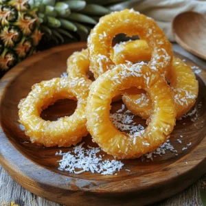 To make fried pineapple rings, you'll need a few simple ingredients. Here’s the complete list of what you need: - Fresh Pineapple - All-Purpose Flour - Baking Powder - Ground Cinnamon - Salt - Coconut Milk - Shredded Coconut - Vegetable Oil - Optional Sweeteners (Honey or Maple Syrup) Fresh pineapple gives the best flavor and texture. You can use canned pineapple, but it won't taste as good. The other ingredients help create a crispy outer layer. The coconut adds a nice twist. Use coconut milk for a rich flavor. If you prefer, you can drizzle honey or maple syrup on top for added sweetness. When you have all your ingredients ready, you can start cooking. It's a fun process, and the result is a tasty snack. Just the thought of those warm, crispy pineapple rings should make your mouth water! Check the [Full Recipe](#) for detailed cooking steps. Slicing and Coring Start with a fresh pineapple. Peel it carefully, then slice it into rings. Each ring should be about 1/2 inch thick. After slicing, use a knife to remove the core from each ring. Drying the Rings Next, pat the pineapple rings dry with a paper towel. This step is key. It helps the batter stick better. Too much moisture can make the batter slide off when frying. Mixing Dry Ingredients In a medium bowl, combine the dry ingredients. Use 1 cup of all-purpose flour, 1 teaspoon of baking powder, 1/2 teaspoon of ground cinnamon, and 1/4 teaspoon of salt. Whisk them together well. Combining Wet and Dry Ingredients Now, slowly add 1 cup of coconut milk to the dry mix. Stir until you form a smooth batter. The batter should coat the pineapple rings evenly. It should not be too thick or too runny. Heating the Oil In a deep skillet, pour in enough vegetable oil for about 1 inch of depth. Heat the oil over medium heat. Aim for a temperature of 350°F (175°C). A tip: drop a small amount of batter into the oil. If it sizzles, your oil is ready! Coating the Rings Take one pineapple ring and dip it into the batter. Make sure it is fully coated. For an extra touch, sprinkle shredded coconut over the top while the batter is still wet. Frying Process Carefully place the coated rings into the hot oil. Fry them in small batches to avoid crowding the pan. Cook for about 2-3 minutes on each side. You want them golden brown and crispy. After frying, transfer the rings to a plate lined with paper towels to drain excess oil. This helps keep them crispy. Enjoy your delicious Fried Pineapple Rings! For the complete recipe, check the [Full Recipe]. - Oil Temperature Tips To get that perfect crispiness, heat your oil to about 350°F (175°C). You can check if it’s ready by dropping a small bit of batter in it. If it sizzles, you’re good to go! Keeping the oil at this temperature helps the batter cook fast and stay crispy. - How to Prevent Batter Slippage Dry your pineapple rings well before dipping them in the batter. The drier they are, the better the batter will stick. If the batter does slip, your rings may end up soggy. Aim for a thick batter but not too thick that it clumps. - Garnishing Ideas Serve your fried pineapple rings on a platter. Add fresh mint leaves for color and a burst of freshness. You can also sprinkle some extra shredded coconut on top for a fun touch. - Pairing with Desserts or Drinks These rings taste great with a scoop of vanilla ice cream. The warm pineapple pairs well with cold ice cream. You can also serve them with a sweet dipping sauce like honey or maple syrup. - Overcrowding the Pan Fry in small batches. If you add too many rings, the oil temperature will drop. This can lead to greasy, soggy rings instead of crispy ones. Fry just a few at a time for the best results. - Incorrect Batter Consistency If your batter is too runny, it won’t coat the pineapple well. If it’s too thick, it won’t spread. Aim for a smooth batter that clings nicely to the rings. Adjust with a bit more milk or flour as needed. Follow these tips for the best fried pineapple rings! For a complete recipe, check out the Full Recipe. {{image_4}} You can make fried pineapple rings more exciting. Try adding spices like nutmeg or vanilla. A pinch of nutmeg gives a warm kick, while vanilla adds sweetness. You can also change the coating. Instead of using regular flour, try panko breadcrumbs. Panko creates a light and crisp texture that many love. Mixing sweet and savory can elevate your dish. One great idea is bacon-wrapped fried pineapple. The salty bacon balances the sweet pineapple. Just wrap a slice of bacon around each ring before frying. You can also serve spicy dipping sauces. A sweet chili sauce pairs well and adds a fun twist. If you want a lighter version, consider low-calorie batter options. You can use almond flour or whole wheat flour for a healthier choice. Another idea is to use an air fryer. This method cuts down on oil and still gives you that crispiness. You can enjoy fried pineapple rings without the guilt! For more details, check the Full Recipe. To keep your fried pineapple rings fresh, follow these tips: - Refrigeration Guidelines: Place the cooled fried pineapple rings in an airtight container. They will last about 3 days in the fridge. Make sure the container is completely sealed to avoid moisture. - Freezing Instructions: If you want to keep them longer, freeze the rings. Lay them flat on a baking sheet to freeze for 1-2 hours. Once they are solid, transfer them to a freezer-safe bag. They can last up to 3 months in the freezer. To enjoy your fried pineapple rings again, reheating them right is key. Here’s how to keep them crispy: - Best Practices for Maintaining Crispiness: Use an oven to reheat. Preheat your oven to 375°F (190°C). Place the rings on a baking sheet lined with parchment paper. Bake for 10-15 minutes until hot and crispy. Avoid microwaving as it can make them soggy. Knowing how long your fried pineapple rings last helps reduce waste: - How Long They Last in the Fridge or Freezer: In the fridge, they stay good for about 3 days. In the freezer, they can last up to 3 months. Always check for any signs of spoilage before eating. To know if the oil is hot, use a thermometer. Aim for 350°F (175°C). If you don't have one, drop a small amount of batter into the oil. If it sizzles and bubbles, the oil is ready. This ensures a crispy surface on your fried pineapple rings. Yes, you can use canned pineapple. However, fresh pineapple gives a better taste and texture. Canned pineapple often has added syrup, which may make the batter too sweet. If you choose canned, make sure to drain it well and pat it dry. Fried pineapple rings can be made gluten-free. Simply replace all-purpose flour with a gluten-free flour blend. This swap keeps the crispy texture while making it safe for those with gluten sensitivities. Fried pineapple rings are a tasty treat but can be high in calories and sugar. One serving generally has around 200 calories. They also provide some vitamins from the pineapple, like vitamin C. For a healthier option, consider reducing the amount of sweetener or using less oil in the frying process. To make vegan fried pineapple rings, use plant-based milk, like almond or oat milk, instead of cow's milk. Ensure your flour is also vegan-friendly. You can skip the honey or maple syrup if you prefer, as the natural sweetness of the pineapple is enough. Check the Full Recipe for more details! You can make delicious fried pineapple rings with fresh ingredients and easy steps. We covered how to prepare the pineapple, make the batter, and fry the rings. You learned tips for crispiness and ideas for serving. Remember, variations can add fun flavors, and proper storage keeps them fresh. Enjoy trying this recipe for snacks or treats. Just follow the steps, avoid common mistakes, and have fun in the kitchen!