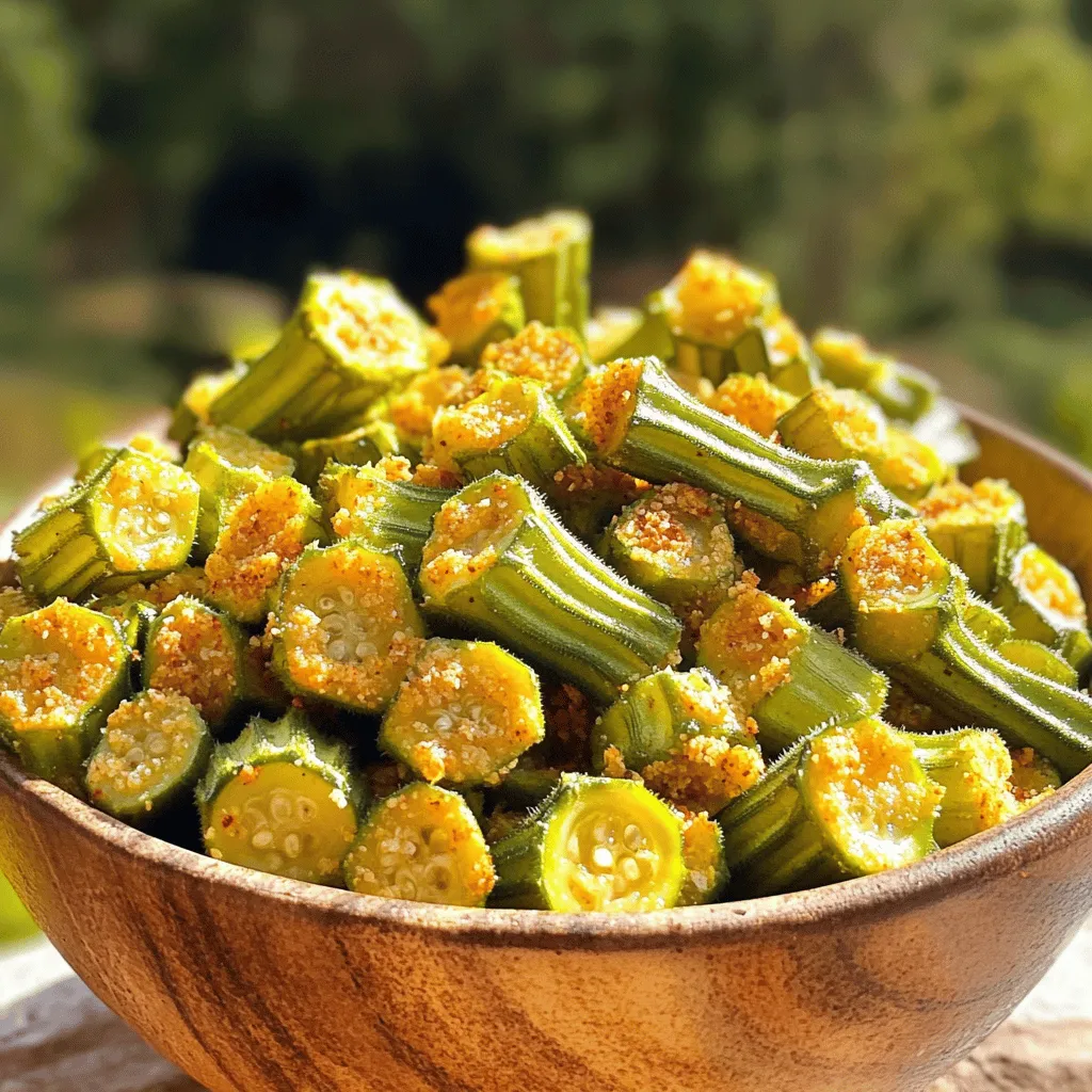 For a perfect batch of air fryer okra, you need these main ingredients: - 1 pound fresh okra, trimmed and sliced into 1/2-inch pieces - 1 cup cornmeal - 1/2 cup all-purpose flour - 1 large egg, beaten - 1 tablespoon olive oil These ingredients make a tasty and crunchy snack. Fresh okra is key for the best texture. To make your okra flavorful, mix in these seasonings: - 1 teaspoon garlic powder - 1 teaspoon onion powder - 1/2 teaspoon smoked paprika - 1/2 teaspoon cayenne pepper (adjust to taste) - 1 teaspoon salt - 1/2 teaspoon freshly ground black pepper These spices add a kick that makes each bite pop with flavor. The cornmeal and flour give the okra a great crunch. Want to make your okra even more exciting? Consider these add-ins: - Grated Parmesan cheese for a cheesy twist - Fresh herbs like parsley or cilantro for a fresh touch - A squeeze of lemon juice for brightness These extras can turn your snack into something special. Feel free to experiment and find your favorite mix! Start by gathering your ingredients. You will need: - 1 pound fresh okra, trimmed and sliced into 1/2-inch pieces - 1 cup cornmeal - 1/2 cup all-purpose flour - 1 teaspoon garlic powder - 1 teaspoon onion powder - 1/2 teaspoon smoked paprika - 1/2 teaspoon cayenne pepper (adjust to taste) - 1 teaspoon salt - 1/2 teaspoon freshly ground black pepper - 1 large egg, beaten - 1 tablespoon olive oil First, preheat your air fryer to 400°F (200°C). This helps the okra cook evenly. In a medium bowl, mix the cornmeal, flour, garlic powder, onion powder, smoked paprika, cayenne pepper, salt, and black pepper. Whisk them together well. Next, in a separate bowl, beat the egg. Add the sliced okra to the egg and toss to coat each piece. This step ensures the coating sticks well. Now, take the egg-coated okra and transfer it to the bowl with the cornmeal mix. Toss the okra gently until all pieces are coated. Drizzle the olive oil over this mixture. Mix again to coat every piece lightly. Arrange the okra in a single layer in the air fryer basket. Make sure to leave space between the pieces. If needed, cook in batches for best results. Cook the okra for 10-12 minutes. Shake the basket halfway through to promote even cooking. Keep an eye on them. They should turn golden brown and crispy. Once done, carefully remove the okra from the air fryer. Serve the crispy okra right away. Use a colorful platter for a nice touch. You can garnish with fresh herbs like parsley or cilantro. For an extra treat, pair it with a zesty dipping sauce. A homemade garlic aioli or a tangy yogurt dip works great. Enjoy your crispy snack! To make your air fryer okra crispy, follow these steps: - Coat evenly: Make sure each okra piece gets a good mix of the egg and dry ingredients. This helps the coating stick well. - Use oil wisely: A light drizzle of olive oil enhances crispiness. Don’t skip this step! - Single layer: Place the okra in a single layer. Avoid overcrowding the basket to allow proper air flow. Here are some common pitfalls you should steer clear of: - Skipping the preheat: Always preheat your air fryer. This helps the okra cook evenly and become crispy. - Too much moisture: Ensure the okra is dry before coating. Excess moisture can lead to soggy pieces. - Ignoring cooking times: Keep an eye on the okra. Cooking times can vary. Aim for a golden brown color. For the best results, set your air fryer to: - Temperature: 400°F (200°C) - Time: Cook for 10-12 minutes. Shake the basket halfway through for even cooking. Following these tips helps you create a deliciously crispy snack. Enjoy your air fryer okra! For more detailed steps, check the Full Recipe. {{image_4}} To make spicy air fryer okra, add more cayenne pepper. Start with 1 teaspoon, or adjust as you like. You can also mix in some chili powder for extra heat. This snack packs a punch and is perfect for those who love bold flavors. The heat will balance with the natural taste of the okra, making it a great treat. For cheesy air fryer okra, sprinkle some grated cheese on top. Try using Parmesan or cheddar. Add the cheese halfway through cooking to let it melt perfectly. This gives a creamy texture and rich flavor. The cheese blends well with the crispy coating, making every bite delightful. To make vegan-friendly air fryer okra, skip the egg. Use a flax egg instead. Mix one tablespoon of ground flaxseed with three tablespoons of water. Let it sit for five minutes to thicken. This acts as a great binder for the coating. The flavor stays just as tasty, and it is a healthy option too. Enjoy this version as a guilt-free snack that pleases everyone. To keep your leftover air fryer okra fresh, let it cool first. Place it in an airtight container. This helps prevent moisture. Store it in the fridge. It will stay good for up to three days. If you want to enjoy it later, freezing is a great option. To reheat your okra and keep it crispy, use the air fryer again. Preheat the air fryer to 350°F (175°C). Place the okra in a single layer. Heat for about 5-7 minutes. This will restore its crunch. You can also use an oven. Set it to 350°F (175°C) and bake for 10 minutes. Avoid using the microwave, as it makes the okra soggy. If you have extra okra, freezing is easy. Start by blanching the okra first. Boil water, then add the okra for 3 minutes. Quickly transfer it to ice water to stop cooking. Drain and pat dry. Place the okra in a freezer bag, removing as much air as possible. Label it with the date. You can freeze it for up to six months. When you're ready to use it, cook from frozen in your air fryer. Enjoy the taste of fresh okra anytime! Yes, you can use frozen okra in the air fryer. Just make sure to thaw it first. Pat it dry with a paper towel to remove excess moisture. This helps the coating stick and keeps the okra crispy. Adjust the cooking time as frozen okra may need a few extra minutes to cook through. Air frying okra is a healthier choice than deep frying. It uses less oil, which cuts down on calories and fat. Okra is also rich in vitamins and minerals. It has fiber, which aids digestion. Plus, it contains antioxidants that help fight disease. To prevent soggy okra, follow these tips: - Use fresh, dry okra. - Coat the okra lightly with oil. - Do not overcrowd the air fryer basket. - Shake the basket halfway through cooking. These steps help circulate air and keep each piece crisp. Air fryer okra is simple and tasty. We covered ingredients, steps, and tips to make it right. You can add spice, cheese, or keep it vegan for fun flavors. Remember to store leftovers properly to keep them crisp. These tips help you enjoy okra in new ways. Now, you’re ready to impress family and friends with your delicious air fryer okra!