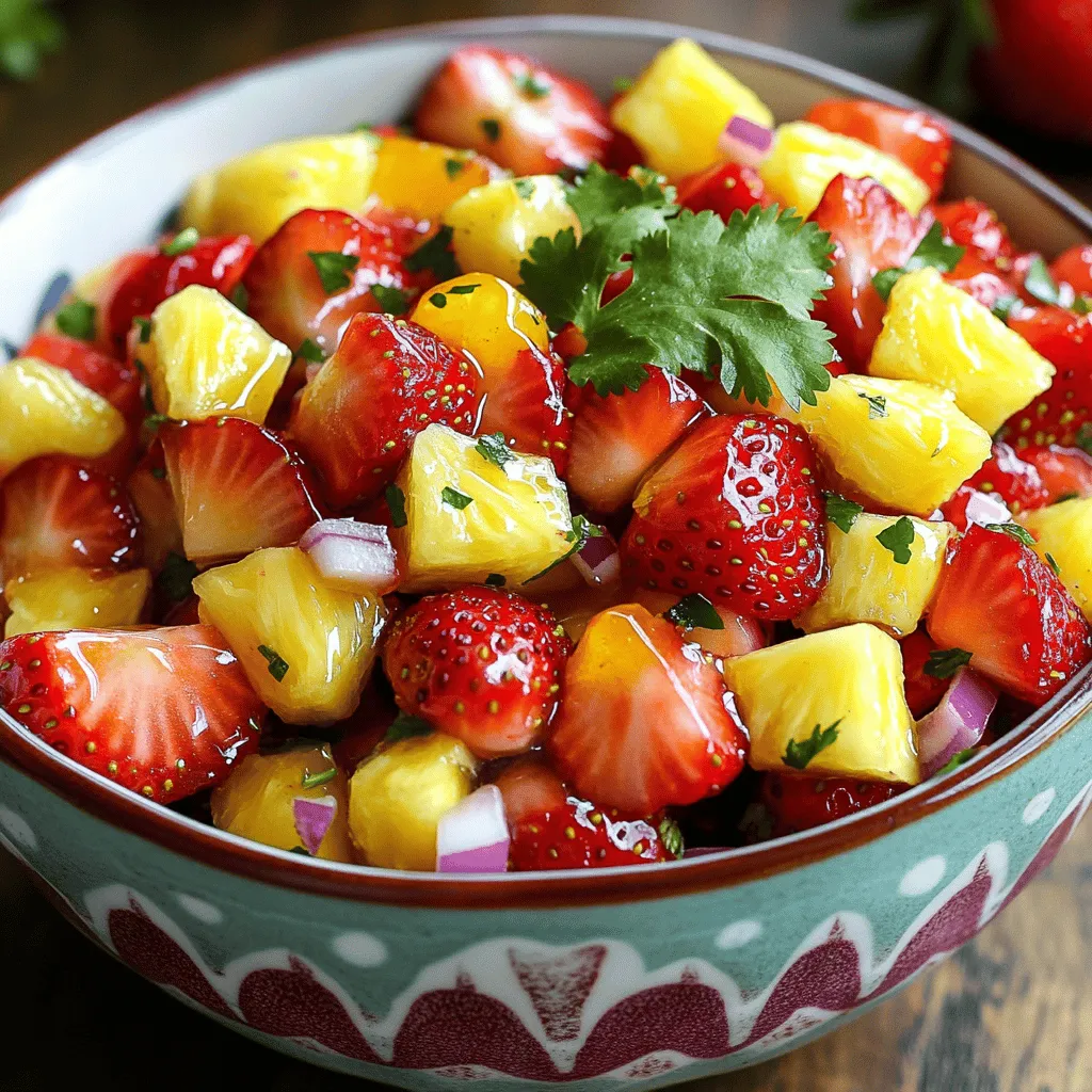To make a tasty Strawberry Pineapple Fruit Salsa, you need fresh, vibrant ingredients. Here’s what you will need: - 1 cup fresh strawberries, hulled and diced into bite-sized pieces - 1 cup fresh pineapple, peeled and diced into small chunks - 1/4 cup red onion, finely chopped for a sweet crunch - 1 jalapeño, deseeded and minced (optional for heat, adjust to taste) - 2 tablespoons fresh cilantro, roughly chopped for freshness - 1 tablespoon honey or agave syrup for a touch of sweetness - Juice of 1 fresh lime to brighten the flavors - Salt to taste These ingredients bring bright colors and bold flavors to your dish. Want to make your salsa even more unique? Here are some optional ingredients you can add: - Diced bell peppers for extra crunch - Mango for a tropical twist - A dash of cumin for a warm flavor - Chopped avocado for creaminess Feel free to mix and match to suit your taste! This salsa is not just delicious; it’s also packed with nutrients. Here’s a quick look: - Calories: About 70 per serving - Fiber: Around 3 grams, which is great for digestion - Vitamin C: High in vitamin C, boosting your immune system - Low in fat: This dish is naturally low in fat You get a healthy snack or topping that is fun to make and eat. For the full recipe, check the details above. Enjoy creating this colorful dish! Start by gathering your ingredients. You will need fresh strawberries and pineapple. Wash the strawberries and remove the greens. Cut them into bite-sized pieces. For the pineapple, peel it and remove the core. Cut it into small chunks. Next, finely chop the red onion. If you want some heat, deseed and mince the jalapeño. Finally, roughly chop the cilantro. In a medium bowl, combine the diced strawberries and pineapple. Make sure they mix well. Add in the red onion and jalapeño, if you chose to include it. Next, sprinkle the chopped cilantro over the fruit. Drizzle honey or agave syrup on top for sweetness. Squeeze the juice of one lime over everything. This juice will brighten the flavors. Gently fold the mixture using a spatula. Be careful not to mash the fruits. Add a pinch of salt to enhance the flavors. Taste the salsa and adjust it if needed. You can add more honey for sweetness or more lime for acidity. Let the salsa sit for at least 15 minutes. This resting time helps the flavors blend. Serve your strawberry pineapple fruit salsa in a colorful bowl. Enjoy it with tortilla chips or as a topping for grilled meats. For the full recipe, check the earlier section. To make a great strawberry pineapple fruit salsa, you need fresh and ripe fruits. Look for strawberries that are bright red and firm. They should smell sweet. For pineapple, choose those with a sweet aroma and a little give when you press them. Avoid fruits with bruises or soft spots. Using ripe fruits makes your salsa taste better and more colorful. You can enhance the flavor of your salsa with a few simple tricks. Use fresh lime juice as it brightens the taste. Adding a pinch of salt brings out the sweetness of the fruits. If you like heat, include minced jalapeño. Adjust the amount based on your spice preference. You can also sweeten your salsa with honey or agave syrup. Taste as you go, and balance the sweet and sour flavors. Serve your strawberry pineapple fruit salsa in a colorful bowl. A sprig of cilantro on top adds a nice touch. This salsa pairs well with tortilla chips for a fun snack. You can also use it as a topping for grilled chicken or fish. The fresh salsa adds fruity brightness and makes any dish pop. For more ideas, check the full recipe. {{image_4}} You can easily swap ingredients in your salsa to change the taste. For example, use mango or peach instead of pineapple. Both fruits add a sweet twist. If you want a fun crunch, try using diced cucumber. It will give your salsa a refreshing feel. You can also substitute strawberries with raspberries for a tart flavor. The key is to keep it colorful and fresh. Get creative by adding unexpected ingredients to your salsa. Consider adding diced kiwi for a unique twist. It brings a bright color and tangy taste. You can also mix in some diced bell peppers for extra crunch and color. If you love herbs, add some mint for a refreshing touch. These unconventional ingredients add depth and surprise to your salsa. Adjust the spice level to suit your taste. If you like heat, add more jalapeño or try a pinch of cayenne pepper. For a sweeter salsa, increase the honey or agave syrup. You can also add a splash of orange juice for a sweet and citrusy kick. Balancing the sweet and spicy will create a salsa that excites your palate. For the full recipe, check out the detailed instructions to make your perfect Strawberry Pineapple Fruit Salsa. To keep your strawberry pineapple fruit salsa fresh, store it in an airtight container. Make sure the container is clean and dry before adding the salsa. This method helps lock in flavors and keeps out air. You can also place a piece of plastic wrap directly on the surface of the salsa before sealing the lid. This adds an extra layer of protection against spoilage. When stored properly, your salsa lasts about 3 to 5 days in the fridge. Look for signs of spoilage, like a change in color or smell. If it smells off or looks slimy, it's best to throw it away. For the best taste and freshness, enjoy your salsa within the first few days after making it. You can freeze strawberry pineapple fruit salsa, but the texture may change once thawed. If you want to freeze it, use a freezer-safe container, leaving some space for expansion. It can last for about 2 to 3 months in the freezer. When you're ready to use it, thaw it overnight in the fridge. Stir it well before serving, as some juices may separate during freezing. For the best experience, use the salsa fresh whenever possible. Check out the Full Recipe for more details on making this delicious dish! Strawberry Pineapple Fruit Salsa stays fresh in the fridge for about 3 days. After that, the fruits may start to lose their crunch. The juices will blend more, which changes the texture. I always recommend enjoying it within this time for the best flavor and texture. Yes, you can make this salsa ahead of time. It tastes even better after sitting for a bit. The flavors meld together nicely. I suggest making it a few hours before serving. Just remember to store it in an airtight container in the fridge. Fruit salsa pairs well with many dishes. Here are some ideas: - Grilled chicken or fish for a fresh topping. - Tacos or quesadillas to add a fruity twist. - Tortilla chips for a fun appetizer. - Salads for a burst of flavor. You can find the full recipe for Strawberry Pineapple Fruit Salsa earlier in the article. Enjoy experimenting with these pairings! In this blog post, I shared how to make a fresh and tasty Strawberry Pineapple Fruit Salsa. We covered the best ingredients to use and the steps to mix them perfectly. I also offered tips to help you choose ripe fruits and suggested some fun variations to try. Remember, proper storage is key to keeping your salsa fresh. You can enjoy this versatile dish with many meals. So, get creative and have fun mixing your unique flavors!