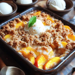- 5 ripe peaches - 1 tablespoon freshly squeezed lemon juice - 1/4 cup packed brown sugar - 1 teaspoon ground cinnamon - 1/4 teaspoon freshly grated nutmeg - 1 cup rolled oats - 1/2 cup all-purpose flour - 1/3 cup granulated sugar - 1/4 teaspoon salt - 1/2 cup unsalted butter, melted - 1/2 teaspoon pure vanilla extract Using fresh ingredients makes a big difference. I love ripe peaches for their sweet juices. The lemon juice adds a bright zing to the fruit, balancing the sweetness. Brown sugar gives the peaches a rich flavor. The dry ingredients bring warmth and texture. Ground cinnamon and nutmeg create a cozy aroma. Rolled oats add a hearty crunch, while flour keeps the topping light. Sugar sweetens the crumble, and salt enhances all the flavors. Melted butter combines with the dry mix, creating a crumbly topping. Vanilla extract adds depth, making your crumble taste gourmet. You can find the full recipe to guide you through each step. Enjoy creating this delightful dish! - Preheat the oven to 350°F (175°C). - Grease the baking dish. This helps the crumble come out easily. - Combine the peaches, lemon juice, brown sugar, cinnamon, and nutmeg. - Mix gently until the peaches are coated. - Spread this mixture evenly in the baking dish. This gives a nice base for the crumble. - In a bowl, mix the oats, flour, sugar, melted butter, salt, and vanilla. - Stir until the mix is crumbly. Make sure it holds together but stays textured. - Sprinkle this topping over the peach mixture. Cover the peaches fully for even baking. - Place the baking dish in the oven. Bake for 30-35 minutes. - Look for a golden brown top and bubbling peaches. This means it’s ready. - Once done, remove the dish and let it cool slightly. This keeps the flavors fresh. For the complete experience, check the Full Recipe for more details! Choosing the right peach is key. Look for ripe, juicy peaches. They should smell sweet and feel slightly soft. Yellow peaches have a rich flavor, while white peaches are sweeter. Ensure even coverage of the crumble topping. This helps the topping bake evenly. Start by breaking the topping into small pieces. Scatter it over the peaches, covering every inch. Peach crumble shines with simple sides. Serve it warm in a bowl. Add a scoop of vanilla ice cream on top. The cold ice cream melts into the warm crumble. Fresh mint brightens the dish. Sprinkle some chopped mint on top. This adds a pop of color and flavor. Experimenting with spices can elevate your peach crumble. Try adding a pinch of allspice or ginger. These spices bring warmth and depth. Using alternative sweeteners can also change the taste. Honey or maple syrup can replace brown sugar. They add a unique twist while keeping it sweet. For the full recipe, check out the detailed instructions above. Enjoy making your peach crumble! {{image_4}} You can make peach crumble even more fun by adding other fruits. Try mixing in berries like blueberries or raspberries. Their tartness pairs well with sweet peaches. You can also use stone fruits, like plums or cherries. These fruits add unique flavors, making the crumble more exciting. Don't shy away from seasonal fruits either. Apples in fall or strawberries in spring can give your crumble a fresh twist. If you need a gluten-free dessert, you can easily adapt this recipe. Substitute regular flour with gluten-free flour blends. These blends work well and keep the crumble texture nice. You can also try almond flour or coconut flour for a different taste. Both add a lovely nuttiness to the topping, enhancing the overall flavor. Want to make your crumble healthier? Start by reducing the sugar in the recipe. You can cut the sugar in half and still enjoy great taste. Consider using honey or maple syrup as sweeteners. These options add natural flavor and sweetness. You can also swap out butter for healthier fats. Coconut oil or avocado oil can work well, giving your crumble a nutritious boost. These small changes can make a big difference! Always let your peach crumble cool before you store it. This step helps keep the topping crisp. If you store it too soon, the steam will make it soggy. Place it on a wire rack for even cooling. This allows air to circulate around the dish. When storing leftovers, use an airtight container. This keeps the peach crumble fresh and prevents it from absorbing other fridge odors. It will stay good for about 3 to 4 days. Always check for any signs of spoilage before eating. To freeze your peach crumble, let it cool completely first. Then, wrap it tightly in plastic wrap and aluminum foil. This prevents freezer burn. It can last for about 3 months in the freezer. When you are ready to eat it, thaw it in the fridge overnight. Reheat it in the oven at 350°F until warm. This keeps the topping nice and crunchy. You can also microwave it, but the topping may become soft. For best results, stick to the oven. For the full recipe, check the earlier sections. Peach crumble and peach cobbler differ mainly in texture and toppings. A peach crumble has a crunchy topping made from oats, flour, and butter. It offers a nice contrast to the soft peaches below. On the other hand, a peach cobbler usually features a biscuit-like topping. This topping is often thicker and fluffier. The crumble is more rustic, while the cobbler looks more polished. Yes, you can use frozen peaches! Just remember to thaw them first. Drain any extra liquid before mixing them with sugar and spices. This helps keep your crumble from getting soggy. If you want, you can also add a bit more flour to soak up some of the moisture. Look for two key signs. First, check the topping; it should be golden brown. Second, the peaches should be bubbling around the edges. This means the filling is hot and ready. If both signs are there, your crumble is done! Peach crumble pairs well with many treats. A scoop of vanilla ice cream adds creaminess. Whipped cream is another great option. You can also try it with a dollop of yogurt for a tangy twist. Fresh mint can add a nice touch, too! Yes, you can prepare peach crumble ahead of time! You can mix the peach filling and topping separately. Store them in the fridge. When you're ready, just combine and bake. This makes serving easy and quick. To reheat, place the crumble in an oven-safe dish. Preheat your oven to 350°F (175°C). Heat it for about 10-15 minutes. This keeps the topping crispy and the filling warm. You can also use a microwave, but the topping may not stay crunchy. Peach crumble is a tasty dessert you can easily make at home. We covered the fresh and dry ingredients, step-by-step instructions, and tips for perfecting your dish. You can even try variations like gluten-free options or mixed fruits. Storing leftovers correctly will keep them fresh. Enjoy sharing this delightful treat with others and remember, each bite should be a celebration of fresh flavors. Now it's time to enjoy your delicious peach crumble!