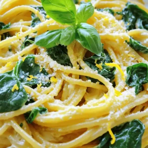 - 8 oz spaghetti or preferred pasta variety - 1 cup creamy ricotta cheese - 1 cup fresh spinach, coarsely chopped - 1 medium lemon, zested and juiced - 2 cloves garlic, finely minced - 2 tablespoons extra virgin olive oil - Salt and freshly ground black pepper, to taste - Fresh basil leaves for garnish - Grated Parmesan cheese for serving (optional) Gathering these ingredients is easy. I love using fresh spinach for its bright color and taste. The creamy ricotta brings a rich texture that pairs well with the lemon. You can choose any pasta you like, but spaghetti adds a nice touch. The lemon zest and juice brighten the dish, making it refreshing. You can find the full recipe above for detailed steps on how to bring everything together. When you have all these ingredients ready, you can create a tasty meal in just 10 minutes. Cooking this 10-Minute Lemon Ricotta Pasta with Spinach is simple. Let’s break it down step by step. - Bring a large pot of salted water to a boil. - Add 8 oz of spaghetti and cook according to package instructions. - Reserve 1/2 cup of pasta water before draining. - Heat 2 tablespoons of extra virgin olive oil in a skillet over medium heat. - Add 2 finely minced garlic cloves and cook until aromatic. - Introduce 1 cup of coarsely chopped spinach, sautéing until it wilts. - Reduce the heat and stir in 1 cup of creamy ricotta cheese. - Add the juice and zest of 1 medium lemon. - Mix well, adding reserved pasta water for a creamy texture. - Add the drained pasta to the skillet, mixing thoroughly. - Plate the pasta and garnish with fresh basil leaves. - Optionally, sprinkle with grated Parmesan cheese for extra flavor. For the full recipe, you can check out the complete guide to this dish. Enjoy your cooking! To get the sauce just right, use the reserved pasta water. This water holds starch, which helps thicken the sauce. Start by adding a little, then mix. Keep adding more until it feels creamy. Always taste your dish. Adjust the salt and pepper to match your taste. You want it to be perfect for you. Not all pasta has to be the same. You can try whole wheat pasta for a heartier bite. Gluten-free pasta works well too if you need it. For cheese, mix it up! Cottage cheese gives a nice texture. Goat cheese adds a tangy kick. Don’t be afraid to use what you have on hand. If you like a bit of heat, add crushed red pepper flakes. Just a pinch can change the dish. You can also play with herbs. Fresh parsley or thyme can really brighten the flavors. Let your taste buds guide you! This dish is ready for your creative touch. For the full recipe, check the details above. {{image_4}} Adding your own twist to the 10-Minute Lemon Ricotta Pasta with Spinach makes it even more fun. Here are some tasty ideas. You can make this dish even more colorful. Adding peas or cherry tomatoes brings a fresh pop of color and extra nutrients. These vegetables cook quickly and blend well with the creamy sauce. You might also try sautéed mushrooms or zucchini. They add heartiness and earthy flavors. Just cook them until soft, then mix them in. Want to make your pasta more filling? Incorporate grilled chicken or shrimp for an extra protein boost. Both options add flavor and texture. If you prefer a vegetarian choice, use chickpeas. They offer a great source of protein and blend well with the dish. Just toss them in at the end to warm through. You can adjust the creaminess of your pasta. If you want a richer sauce, add more ricotta. For a lighter dish, use less. You can also swap some ricotta for a plant-based alternative. This makes it a great vegan option. Just ensure the substitute has a nice creaminess to keep the sauce smooth. Using these variations lets you customize the dish to your taste. Feel free to get creative and make it your own! For the full recipe, check out the details above. Store any leftover pasta in an airtight container in the fridge. It will stay fresh for up to 3 days. Keep in mind that pasta may absorb the sauce over time. This can change the texture and flavor a bit. If you want to freeze it, portion the pasta into small containers. This way, you can reheat only what you need. Make sure to thaw the pasta overnight in the fridge before reheating. This helps keep the taste and texture nice. When it’s time to reheat, do it gently on the stovetop. Add a splash of water or broth to keep it moist. Avoid using the microwave because it can heat unevenly and change the texture. Enjoy your pasta just like it was fresh! The entire recipe takes approximately 10 minutes of active cooking time. This quick dish is perfect for busy days. Yes, you can omit spinach or replace it with another leafy green like kale. Both options will still taste great. Any pasta type works, such as fettuccine, penne, or gluten-free alternatives. Choose what you like best. Yes, but it’s best to store the sauce and pasta separately for optimal freshness. This keeps the pasta from getting soggy. Yes, the recipe features vegetarian ingredients, making it a great choice for vegetarian diets. Enjoy it with a side salad for balance. For more details, check the Full Recipe. This blog post covered a quick and tasty Lemon Ricotta Pasta with Spinach. We explored main ingredients, flavor boosters, and seasoning tips. You learned how to cook the pasta, sauté spinach, and blend everything into a creamy dish. I shared options for variations and substitutions to suit your taste. Remember, cooking should be fun and easy. Enjoy the process and get creative!