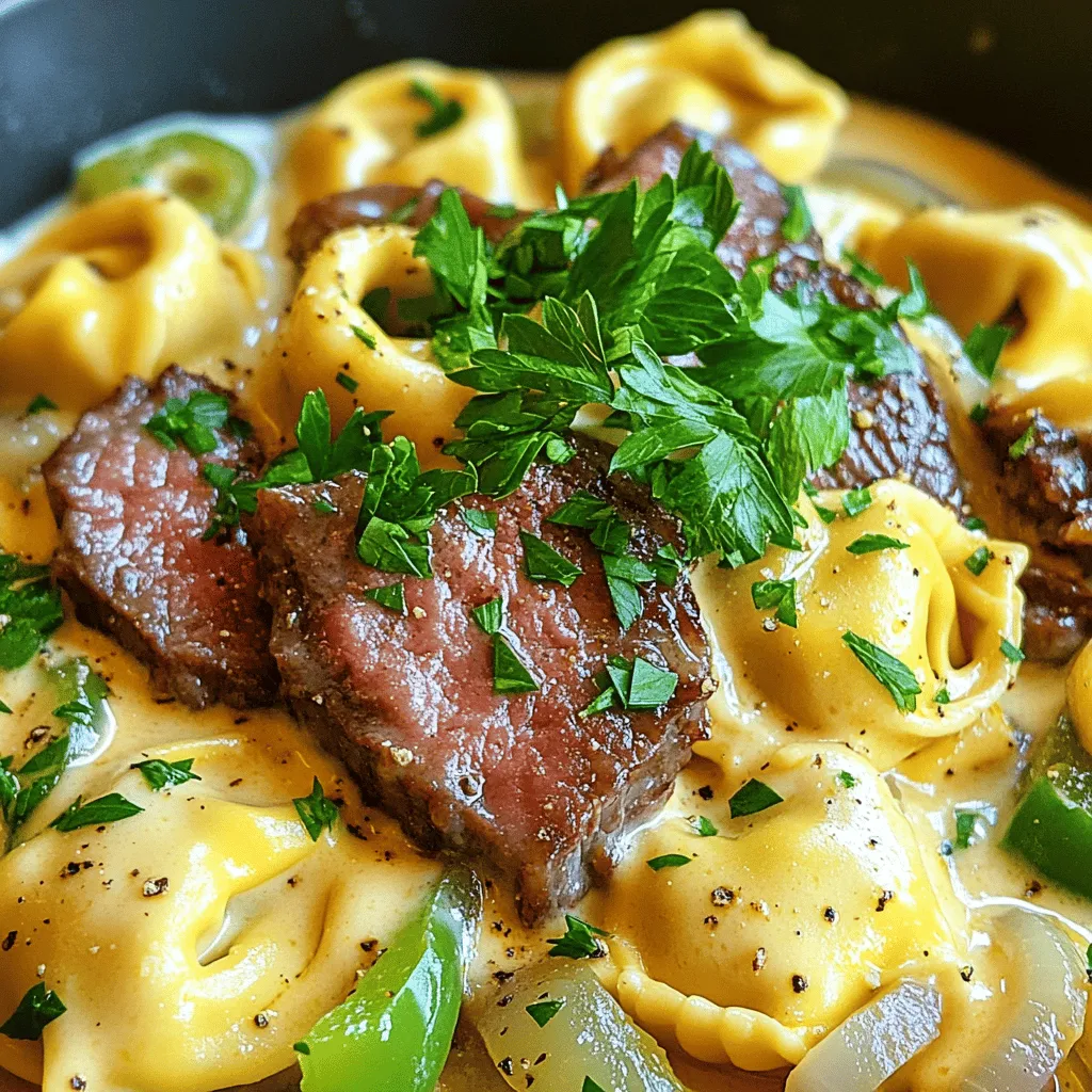 - 12 ounces cheese tortellini - 8 ounces ribeye steak, thinly sliced - 1 cup provolone cheese, shredded - 1 medium onion, thinly sliced - 1 green bell pepper, thinly sliced - 2 cloves garlic, minced - 1 tablespoon olive oil - 1 tablespoon Worcestershire sauce - Salt and pepper to taste - Fresh parsley, finely chopped The key to this dish is the balance of flavors and textures. First, choose high-quality cheese tortellini. Fresh tortellini adds a wonderful bite and helps soak up the sauce. Ribeye steak brings rich flavor and tenderness. Slice it thin to ensure quick cooking and a melt-in-your-mouth experience. For the sauce, provolone cheese is essential. It melts beautifully and gives a creamy texture. Pair it with sautéed onions and bell peppers for sweetness and a hint of crunch. Garlic adds a punch of flavor, while Worcestershire sauce enhances the savory notes. Finally, fresh parsley brings color and brightness to the dish. It’s a simple touch that makes a big difference. You can find the complete recipe for Cheesesteak Tortellini in Rich Provolone Sauce [Full Recipe]. Enjoy crafting this delightful meal! To start, bring a large pot of salted water to a boil. Add the cheese tortellini and cook until al dente, which means they should be firm to the bite. This texture is key because it keeps the tortellini from getting mushy in the sauce. After cooking, drain the tortellini but don’t rinse them. Rinsing removes the starch that helps the sauce stick. Next, heat a spacious skillet over medium-high heat and add olive oil. When the oil is hot, add your thinly sliced ribeye steak. Season it well with salt and pepper. Sear the steak for about 3 to 4 minutes. It should be browned but still tender. Once cooked, remove the steak from the skillet and place it on a plate. This step is important to keep the steak juicy. In the same skillet, toss in the sliced onion and green bell pepper. Cook these for about 5 to 6 minutes until they are soft and golden. Stir often to ensure they cook evenly. Then, add the minced garlic and sauté for just 1 more minute. This step releases a wonderful aroma that fills your kitchen and enhances the dish. Lower the heat to medium and pour in the heavy cream over the sautéed vegetables. Mix well, allowing it to gently simmer. The cream creates a rich base for our sauce. Gradually sprinkle in the shredded provolone cheese and Worcestershire sauce. Keep stirring until the cheese melts completely. This creates a smooth, creamy sauce that coats everything beautifully. Now it’s time to combine everything. Add the cooked ribeye steak back into the skillet, along with the drained tortellini. Gently fold the tortellini and steak into the rich provolone sauce. Make sure everything is well-coated. Taste your dish and adjust the seasoning with more salt or pepper if needed. For a great presentation, serve the dish in shallow bowls. This shows off the creamy sauce and vibrant colors. Garnish with freshly chopped parsley for a burst of color and freshness. I recommend pairing it with garlic bread, perfect for dipping into any leftover sauce. Enjoy your meal! For the complete recipe, check [Full Recipe]. To bring out the best flavors in your cheesesteak tortellini, use fresh herbs. I recommend: - Parsley: It adds a fresh touch. - Thyme: This herb brings warmth and depth. - Oregano: A classic choice that pairs well with beef. For cooking techniques, always sauté your vegetables first. This step builds a rich base for your sauce. Don’t rush this part; let them caramelize slightly for extra flavor. Maintaining the right texture of tortellini is key. Cook them just until al dente. This keeps them firm and prevents them from getting mushy in the sauce. For the cream sauce, if it feels too thick, add a splash of pasta water. This helps thin it out while keeping the flavor intact. If it's too thin, let it simmer a bit longer to thicken. One common mistake is overcooking the steak. Ribeye cooks quickly, so keep an eye on it. Aim for a nice brown color while keeping it tender. Another mistake is not balancing flavors. Taste your dish as you go. If it’s too salty, add more cream. If it’s bland, a touch more Worcestershire sauce can enhance the depth. Following these tips will help you create a dish that shines. For the full recipe, check out the complete guide! {{image_4}} You can switch the ribeye steak for other meats. Try chicken or turkey for lighter options. Ground beef or pork also work well. If you want to keep it meatless, use mushrooms or tofu. These choices add their own unique flavors and textures. Provolone cheese gives a creamy taste. But you can try mozzarella for a mild flavor. Cheddar adds sharpness, while gouda brings a smoky touch. Each cheese changes the dish's taste and feel. Mix and match to find your favorite! Want to boost nutrition? Add spinach or kale for color and vitamins. Broccoli or zucchini also works great in this dish. You can play with seasonings too. Try adding Italian herbs or a pinch of red pepper flakes for warmth. Each twist makes your meal special. For the detailed recipe, check the Full Recipe. To keep your cheesesteak tortellini fresh, store it in an airtight container. Place the dish in the fridge within two hours of cooking. It stays good for about three to four days. Make sure to let it cool down before sealing. This helps prevent moisture buildup. When reheating, avoid the microwave if possible. Instead, use a skillet over low heat. This keeps the texture nice and creamy. Add a splash of cream or broth to boost the sauce's flavor. Stir gently until heated through. You can also sprinkle some extra provolone cheese on top for a richer taste. You can freeze cheesesteak tortellini for later. Just make sure it is completely cool before freezing. Divide it into portions and use freezer-safe bags. It can last for up to three months in the freezer. When you’re ready to eat, thaw it in the fridge overnight. Reheat it on the stove, following the same method for best results. Cheesesteak tortellini combines two favorites: the classic cheesesteak and cheesy pasta. It hails from Philadelphia, where the cheesesteak was born. The dish features cheese-filled tortellini tossed with ribeye steak, peppers, and a rich provolone sauce. This meal brings comfort and flavor into one bowl, making it a perfect choice for family dinners. Yes, you can prepare cheesesteak tortellini in advance. Cook the tortellini and sauce separately. Store them in the fridge for up to two days. When you’re ready to eat, heat them together in a skillet. This way, you’ll keep the flavors fresh and delicious. Pair cheesesteak tortellini with garlic bread or a fresh salad. A side of sautéed vegetables also complements the dish well. These sides add texture and balance to the rich flavors of the tortellini. Absolutely! You can substitute provolone with mozzarella, gouda, or cheddar. Each cheese will change the flavor slightly. For a sharper taste, try aged cheddar. For creaminess, mozzarella works well. Experimenting with different cheeses can make the dish unique. To make cheesesteak tortellini gluten-free, choose gluten-free tortellini. Many brands offer this option, and they taste great. Check the labels for gluten-free ingredients in the sauce too. This way, everyone can enjoy this tasty dish. For the full recipe, click here. This blog post detailed how to make a delightful cheesesteak tortellini dish, featuring key ingredients like cheese tortellini, ribeye steak, and provolone cheese. We covered step-by-step instructions for preparation, cooking, and serving. Remember, the right texture and seasoning make all the difference. Explore variations to fit your taste, and store leftovers properly to enjoy later. With these tips and tricks, you can confidently whip up this dish any time. Happy cooking; delicious meals await!