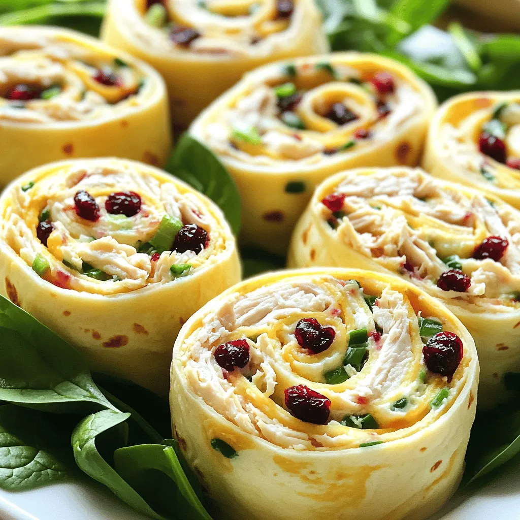 Chicken cranberry pinwheels are a delightful snack. They mix sweet and savory flavors. This recipe is simple and quick to make. You will love the taste and ease of these pinwheels. - Chicken - Cream Cheese - Dried Cranberries - Green Onions - Garlic Powder - Honey - Salt and Pepper - Tortillas - Spinach Leaves For this recipe, you need cooked chicken. Shred it into small pieces. Cream cheese adds a rich, creamy texture. Dried cranberries bring a sweet burst of flavor. Green onions add a mild onion taste. Garlic powder gives a hint of zest. Honey adds a touch of sweetness. Use salt and pepper to enhance the flavors. Large flour tortillas hold everything together. Fresh spinach leaves provide a nice crunch. Gather these ingredients to create tasty chicken cranberry pinwheels. This mix of flavors makes every bite delicious. To begin, gather your ingredients. You will need cooked chicken, cream cheese, dried cranberries, green onions, garlic powder, honey, salt, pepper, tortillas, and spinach leaves. In a large bowl, mix the shredded chicken with softened cream cheese. Add the chopped cranberries, sliced green onions, garlic powder, honey, salt, and pepper. Use a fork or spatula to blend everything well. You want a smooth and even mixture. Now, lay one tortilla flat on a clean surface. With a spatula, spread one-fourth of the chicken mixture across the tortilla. Leave an inch at the edges for easy rolling. Next, place some fresh spinach leaves over the chicken mixture. This adds a nice crunch. Start rolling the tortilla from one edge, pressing gently to keep the filling inside. Once it's fully rolled, press the edge to seal it. Repeat this for the other tortillas until you have four pinwheels. Take a sharp knife and slice each pinwheel into bite-sized pieces, about one inch thick. This will show the colorful filling inside. Arrange the slices on a serving platter. For a fresh touch, add more spinach leaves around the pinwheels. This adds color and makes the dish look inviting. Enjoy your Chicken Cranberry Pinwheels right away, or keep them for later. For more details, check the Full Recipe. To make your Chicken Cranberry Pinwheels shine, focus on balance. The sweet cranberries pair well with savory chicken. Here are some tips to enhance the taste: - Use fresh herbs like parsley or cilantro for a bright touch. - Add a squeeze of lemon juice for a zesty kick. - Adjust the honey level to suit your taste. More honey means sweeter pinwheels. These small changes can elevate your dish to a new level. You can easily prepare these pinwheels ahead of time. This saves you stress during busy days. Here’s how: - Make the chicken mixture the night before. Store it in an airtight container in the fridge. - Roll the pinwheels and slice them just before serving. This keeps them fresh and crisp. - You can also freeze the rolled pinwheels. Wrap them tightly in plastic wrap and store in a freezer-safe bag. They can last up to three months. Just thaw them in the fridge when you need them. A beautiful presentation makes any dish more appetizing. For your Chicken Cranberry Pinwheels, consider these ideas: - Use a bright platter to make the colors pop. - Arrange the pinwheels in a circular pattern for a fun look. - Add garnishes like fresh spinach leaves or edible flowers for charm. - Include small bowls of dipping sauce like ranch or honey mustard for extra flavor. These details will impress your guests and make your dish memorable. {{image_4}} If you have dietary needs, you can easily adapt this recipe. For a gluten-free option, use gluten-free tortillas. If you need a dairy-free choice, try vegan cream cheese. You can also swap chicken for shredded turkey or even chickpeas for a plant-based option. Adjust the honey based on your sweetness level. Always taste your mixture to get it just right. Feel free to get creative with flavors! Add some diced jalapeños for a kick. You can also mix in shredded cheese for extra creaminess. Try fresh herbs like cilantro or parsley for a burst of freshness. If you love a tangy taste, consider adding a splash of lemon juice. Each twist brings a new taste sensation to your pinwheels. These pinwheels shine at any gathering. You can cut them smaller for bite-sized snacks. Pair them with a tangy dip like ranch or a spicy salsa. To impress guests, serve on a colorful platter with fresh veggies. Arrange your pinwheels with vibrant bell peppers and cherry tomatoes. They not only taste great but look beautiful, too. For more fun, mix in other wraps like ham and cheese or veggie pinwheels. Enjoy the Full Recipe and get ready to wow your guests! To keep your Chicken Cranberry Pinwheels fresh, wrap them well. Use plastic wrap or place them in an airtight container. This helps prevent them from drying out. Store them in the fridge for up to three days. If you want to freeze them, wrap each pinwheel in plastic. Then, place them in a freezer bag. They can last up to three months in the freezer. When it's time to eat your leftover pinwheels, reheating is key. You can use the microwave for quick warmth. Place one or two pinwheels on a plate and cover them with a damp paper towel. Heat for 30 seconds, checking often to avoid overcooking. If you prefer a crispier texture, use a skillet. Heat the skillet over medium heat. Add the pinwheels and cook for a few minutes on each side until they warm up. Understanding the shelf life of your ingredients is important. Cooked chicken lasts about three to four days in the fridge. Cream cheese should be used within a week after opening. Dried cranberries can last for up to a year if stored in a cool, dry place. Green onions stay fresh for about a week. Honey can last indefinitely if kept sealed and stored properly. Always check for signs of spoilage before using any ingredient. Yes, you can make Chicken Cranberry Pinwheels ahead of time. I often prepare them a few hours before serving. Just store them in the fridge. This keeps their flavors fresh. If you plan to make them a day ahead, wrap them in plastic wrap. This helps prevent drying out. When you're ready to serve, just slice and enjoy! If you need a substitute for cream cheese, try Greek yogurt. It adds creaminess without the extra fat. You can also use cottage cheese for a lighter option. Another good choice is hummus, which adds a nice flavor. Each of these options will change the taste a bit, but they work well in this recipe. Yes, there are gluten-free tortilla options available. Many brands offer gluten-free wraps made from rice or corn. You can find these in most grocery stores. Just check the labels to ensure they meet your needs. These tortillas will keep your Chicken Cranberry Pinwheels tasty and gluten-free! For the full recipe, refer to the initial section. In this blog post, we explored how to make tasty Chicken Cranberry Pinwheels. We covered ingredients, preparation steps, and tips to enhance flavor. You learned ways to customize the recipe and store leftovers for later. These pinwheels are fun to make and share. They fit any gathering. Enjoy experimenting with new flavors and making them your own! Keep these tips in mind for a stress-free cooking experience.