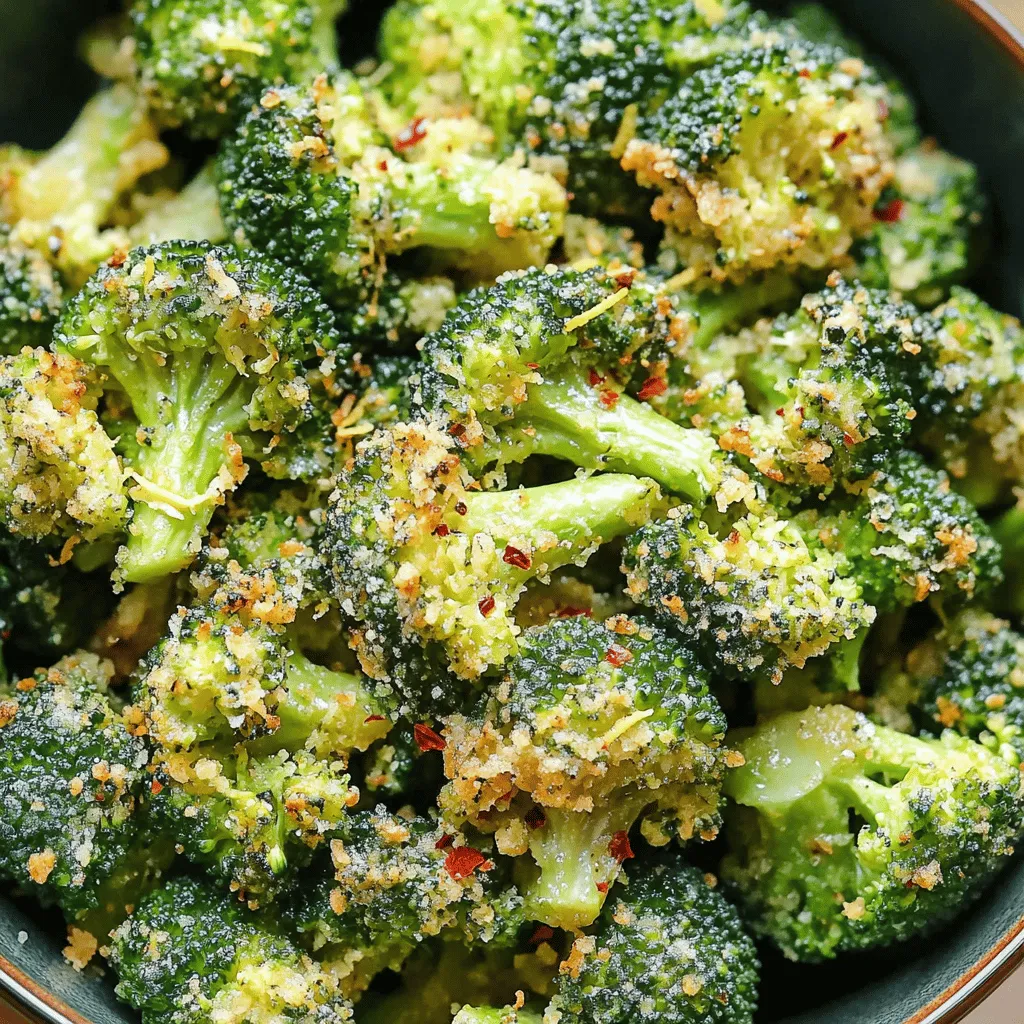 To make crispy garlic air fryer broccoli, gather these ingredients: - 1 lb fresh broccoli florets - 3 tablespoons olive oil - 4 cloves garlic, minced - 1/2 teaspoon red pepper flakes (optional) - 1 teaspoon garlic powder - 1 teaspoon onion powder - Salt and pepper to taste - Zest of 1 lemon - 2 tablespoons grated Parmesan cheese (optional) If you don't have some ingredients, here are options: - Use avocado oil instead of olive oil for a different flavor. - Substitute fresh garlic with garlic paste or powder if you're in a pinch. - Try nutritional yeast instead of Parmesan for a vegan option. - Use lemon juice if you don't have zest. When picking broccoli, look for these signs of freshness: - Choose bright green florets with no yellow spots. - Stems should feel firm and not bend easily. - Fresh broccoli should smell sweet, not bitter. - If possible, buy organic to avoid pesticides. These tips help you select the best broccoli for your dish. For the full recipe, check the steps to bring your crispy garlic air fryer broccoli to life! First, rinse 1 pound of fresh broccoli florets under cool water. Make sure to wash them well to remove any dirt. Next, dry the broccoli thoroughly using a kitchen towel or paper towels. This step is very important. Drying helps the broccoli get crispy when cooked. In a large bowl, combine 3 tablespoons of olive oil and 4 minced garlic cloves. If you like some heat, add 1/2 teaspoon of red pepper flakes. Next, include 1 teaspoon of garlic powder and 1 teaspoon of onion powder. Don’t forget a pinch of salt and pepper! Mix everything until well combined. This mixture is key for great flavor. Now it’s time to coat the broccoli. Add the dry broccoli florets to the bowl with the garlic mixture. Gently toss the florets until they are fully covered in the oil and spices. Make sure each piece gets some of that tasty mix. This step ensures that every bite will be bursting with flavor. For the full recipe, check the details above. Preheating your air fryer is key for crispy broccoli. I set mine to 375°F (190°C). Give it about 3-5 minutes to heat up. This step helps the broccoli cook evenly and get that nice crunch. When I air fry, I arrange the broccoli in one layer. This leaves space between the florets. Good air flow is essential. I also shake the basket halfway through cooking. This ensures all sides get that perfect golden color. Cook the broccoli for 10-12 minutes. Keep an eye on it; you want it vibrant and crispy. If you like extra crunch, check it a minute or two sooner. Tossing in lemon zest and Parmesan after cooking adds flavor and a nice finish. For more tips, check the Full Recipe. {{image_4}} To make your broccoli extra crispy, start with fresh florets. Dry them well after washing. Any moisture will steam the broccoli, making it soggy. Toss the florets in olive oil and seasonings evenly. This helps them cook well. When you place them in the air fryer, ensure they are in a single layer. If they overlap, they won't get as crispy. Shake the basket halfway through to help them cook evenly. To bring out the garlic flavor, use fresh garlic cloves. Minced garlic gives a stronger taste than garlic powder. You can even roast the garlic before adding it to the mix. This adds a sweet, rich taste. Adding lemon zest at the end brightens the garlic flavor and gives a fresh twist. If you want more heat, add red pepper flakes to the garlic mix. Crispy garlic air fryer broccoli is a great side dish for any meal. Serve it alongside grilled chicken or fish for a balanced plate. It also pairs well with pasta dishes or as a topping on salads. For extra flair, sprinkle more Parmesan cheese on top or add toasted nuts for crunch. Enjoy it hot for the best taste! You can change the flavor of your crispy garlic air fryer broccoli easily. Try adding spices like cumin or paprika for a smoky taste. A dash of soy sauce can give it an umami kick. You can also use fresh herbs like thyme or rosemary for a garden-fresh flavor. Mix and match to find your favorite blend! Broccoli is great, but you can mix in other veggies for variety. Cauliflower, carrots, or bell peppers work well with this recipe. Just chop them into similar sizes as the broccoli florets. This way, they cook evenly. You can create a colorful veggie medley that’s tasty and visually appealing. If you want a vegan dish, skip the Parmesan cheese. You can use nutritional yeast instead. It adds a cheesy flavor without dairy. You can also try adding a splash of lemon juice for brightness. This keeps your dish light and vibrant. For more creaminess, consider using tahini or a vegan cheese alternative. Enjoy the same great taste with a plant-based twist! It takes about 10-12 minutes to cook broccoli in an air fryer. Cooking times can vary based on the size of the florets. I recommend checking for doneness at the 10-minute mark. The broccoli should be bright green and crispy. Yes, you can use frozen broccoli, but it will change the texture. Frozen broccoli often has more water, so it may not get as crispy. If you use frozen broccoli, cook it a bit longer. Start with 12-15 minutes and check for crispiness. Crispy garlic air fryer broccoli pairs well with many dishes. Here are some ideas: - Grilled chicken or fish - Pasta with olive oil and garlic - Quinoa or rice dishes - Tofu stir-fries - A fresh salad These options create a balanced meal that is both healthy and tasty. For the full recipe, check out the earlier section. To sum it up, we explored how to make crispy garlic air fryer broccoli. We covered ingredient choices, cooking steps, and tips for the best results. You learned how to achieve crispiness and enhance flavor. Finally, we offered variations and answered your common questions. Use these tips for a delicious dish that pleases everyone. Try new seasonings and veggies to keep it fun. Enjoy your cooking and savor every bite!