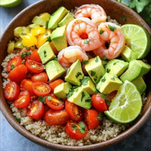 Fresh ingredients make this shrimp and avocado bowl a real delight. Here’s what you will need: - 1 pound shrimp, peeled and deveined - 2 ripe avocados, expertly diced - 1 cup cooked quinoa, preferably chilled - 1 red bell pepper, diced into small pieces - 1 cup cherry tomatoes, expertly halved - 2 tablespoons extra virgin olive oil - 1 tablespoon freshly squeezed lime juice - 1 teaspoon garlic powder - Salt and freshly ground black pepper, to taste - Fresh cilantro, roughly chopped, for garnish - Lime wedges, for serving Each ingredient plays a key role in flavor and texture. The shrimp adds protein, while the avocados bring creaminess. Quinoa provides a hearty base. The bell pepper and tomatoes add crunch and color. Olive oil and lime juice enhance the overall taste. Garlic powder gives a subtle kick. And cilantro? It adds freshness. This recipe is not just tasty; it is also packed with nutrition. You can enjoy this dish guilt-free, knowing you are eating wholesome foods. For more details, check out the Full Recipe. Preparing the Shrimp - Start by combining 1 pound of peeled and deveined shrimp with 2 tablespoons of olive oil, 1 teaspoon of garlic powder, salt, and pepper. Mix well to coat the shrimp evenly. - Next, heat a non-stick skillet over medium-high heat. Add the seasoned shrimp and cook for 2-3 minutes on each side until they turn pink and opaque. Remove from heat and set aside. Assembling the Bowl - In a large serving bowl, create a base with 1 cup of cooked quinoa. Spread it evenly across the bottom. - Layer the bowl with 2 ripe avocados, diced, 1 cup of halved cherry tomatoes, and 1 red bell pepper, diced into small pieces. Arrange these ingredients in a colorful display. - Finally, add the cooked shrimp on top of the layered vegetables, making the dish look vibrant and inviting. Final Touches - Drizzle 1 tablespoon of freshly squeezed lime juice over the bowl. This adds a zesty kick. - Garnish with fresh cilantro, roughly chopped, to enhance the aroma and flavor. - Serve with lime wedges on the side. This allows everyone to add more lime juice for an extra burst of flavor. For a detailed overview of the ingredients, check out the Full Recipe. How to choose fresh shrimp When selecting shrimp, look for a few key signs. Fresh shrimp should smell like the ocean, not fishy. Their shells should be shiny and firm. Avoid shrimp with black spots or a dull appearance. If you can, buy shrimp that is wild-caught for better flavor and sustainability. Selecting ripe avocados A ripe avocado feels slightly soft when you gently squeeze it. Look for dark green to black skin. If the avocado is too hard, it is not ripe yet. If it feels very soft, it may be overripe. Always check the stem; if it pops off easily and is green underneath, the avocado is ready to eat. Best methods for cooking shrimp The best way to cook shrimp is quickly. You can grill, sauté, or boil them. Make sure your pan is hot before adding shrimp. This helps them cook evenly and get a nice sear. Avoiding overcooked shrimp To avoid overcooked shrimp, pay close attention to their color. Cook shrimp until they turn pink and opaque. This usually takes about 2-3 minutes per side. If they curl tightly, they are likely overcooked. Remove them from heat as soon as they change color. Creative plating ideas For a stunning presentation, use a large bowl. Start with quinoa as your base. Then, layer diced avocado, cherry tomatoes, and red bell pepper neatly on top. Place the shrimp last to show off their vibrant color. A sprinkle of cilantro adds a nice touch. Pairing with sides for a complete meal Serve your shrimp and avocado bowl with a side salad or fresh fruit. A crisp green salad pairs well and adds crunch. If you want something warm, serve with roasted vegetables. This creates a balanced and colorful meal. For the full recipe, check out the Shrimp and Avocado Bowls section. {{image_4}} You can easily change the flavor of your shrimp and avocado bowls. Start by adding spices or herbs. A pinch of cumin or paprika gives a warm touch. Fresh herbs like dill or parsley add bright notes. You can also mix in garlic or onion for extra depth. Adding other vegetables can enhance taste and texture. Try corn for sweetness or cucumber for crunch. Grated carrots add color and a hint of earthiness. Each new ingredient makes the bowl unique. If shrimp isn’t your favorite, you have options! Chicken works well in this recipe. Simply grill or sauté it with the same spices. Tofu is a great vegan choice. Use firm tofu and cook it until golden. You can also use canned or pre-cooked shrimp. It saves time and still tastes great! If you need a gluten-free version, this bowl is naturally safe! All the ingredients are gluten-free. For a vegan option, swap the shrimp for chickpeas or tempeh. These plant-based proteins are filling and tasty. You can mix and match to fit your diet. Enjoy the freedom to make this dish your own! For the [Full Recipe], check back to see how these variations come together. To keep your shrimp and avocado bowls fresh, store them in airtight containers. This method prevents air from entering, which helps maintain flavor and texture. Make sure to separate the shrimp from the avocado if possible. Shrimp can last in the fridge for up to three days. However, avocados brown quickly. Use them within one day for the best taste. When reheating shrimp, do it gently. Use a skillet over low heat to warm them. This keeps the shrimp juicy and avoids drying them out. Never microwave shrimp; it can ruin the texture. To keep avocados fresh, avoid reheating them. Add fresh avocado on top after reheating the other ingredients. You can freeze shrimp for later use. Cooked shrimp freeze well and can last up to three months. However, avocados do not freeze well. To freeze, place shrimp in a single layer on a baking tray, then transfer them to a freezer bag. For best results, use shrimp and avocado bowls fresh. This ensures you enjoy the best flavors. For more details, check out the Full Recipe. It takes about 4 to 6 minutes to cook shrimp. You want them pink and firm. Cook them for 2 to 3 minutes on each side. This gives you juicy shrimp that are not overcooked. Yes, you can prep the bowls ahead. Cook the shrimp and quinoa, then chill them. Keep the shrimp and avocado separate until serving. This keeps the avocado fresh and green. If you don’t have quinoa, try brown rice or couscous. Both add a nice texture. You can also use farro or barley for a different flavor. Absolutely! Shrimp and avocado bowls work great for meal prep. They store well in the fridge for up to three days. Just remember to keep the avocado separate to avoid browning. Shrimp is high in protein and low in calories. It has omega-3 fatty acids, which are good for your heart. Avocado is packed with healthy fats, fiber, and vitamins. Together, they make a balanced meal. Check out the Full Recipe for more details! In summary, making shrimp and avocado bowls is simple. You need fresh shrimp, ripe avocados, and quinoa. Cook the shrimp lightly and layer the fresh ingredients in a bowl. Add lime for zing and cilantro for flavor. Remember to choose quality ingredients and try variations to suit your taste. With these tips, you can enjoy a tasty meal that works for any occasion. Embrace your kitchen skills and enjoy this healthy dish.