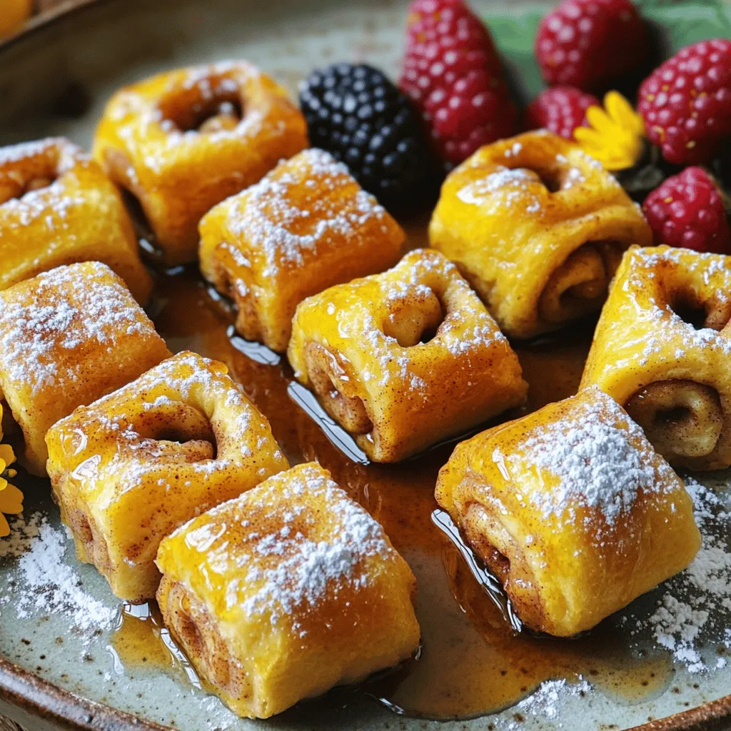 - 6 slices of bread (white or whole grain) - 4 tablespoons butter, softened - 1 tablespoon ground cinnamon - 1/4 cup granulated sugar - 1/4 cup cream cheese, softened to room temperature - 1/4 cup powdered sugar - 2 large eggs - 1/4 cup milk (dairy or non-dairy) - 1 teaspoon vanilla extract Gathering the right ingredients makes all the difference. For this recipe, I like using white or whole grain bread. Both options give a soft texture that rolls well. You need six slices, so grab a loaf from the store. Next, the filling needs cream cheese. It adds a rich taste that pairs perfectly with cinnamon. You’ll want it softened to room temperature for easy mixing. The sweet part comes from powdered sugar, which blends smoothly with the cream cheese. This filling will surprise you with its creamy goodness. Next, let’s talk about the egg mixture. Two large eggs, some milk, and vanilla extract create a flavorful custard. This mixture coats the roll-ups and makes them rich and tasty. The cinnamon sugar mix is simple yet essential. Combine granulated sugar with ground cinnamon. This gives the roll-ups a sweet and spicy coating. You now have all the ingredients to create a delightful treat. For the full recipe, check out the specific steps that follow. Enjoy the process of making these Cinnamon Roll French Toast Roll-Ups! To make the cream cheese filling, grab a small bowl. Add 1 tablespoon of softened butter, 1/4 cup of cream cheese, and 1/4 cup of powdered sugar. Use a fork or hand mixer to blend everything together. Mix until it’s smooth and creamy. This filling will add a delicious touch to your roll-ups. Now, let’s prepare the bread. Use a rolling pin to flatten each slice of bread. Roll gently until they are slightly thin. This makes it easier to roll them up later. Next, take a slice of flattened bread. Spread a thin, even layer of the cream cheese filling on top. Be careful to leave a little space around the edges. This will help the filling stay inside when you roll it up. It’s time to roll the bread. Start at one end and roll the slice tightly into a log shape. Keep rolling until you reach the other end. Repeat this with each slice of bread. Next, make the cinnamon sugar coating. In a small bowl, mix 1/4 cup of granulated sugar with 1 tablespoon of ground cinnamon. Stir well to combine. Now, heat a skillet over medium heat. Add 3 tablespoons of butter and let it melt. In a shallow dish, whisk together 2 large eggs, 1/4 cup of milk, and 1 teaspoon of vanilla extract. Dip each rolled bread piece into this egg mixture. Make sure to coat it but don’t soak it. Place each coated roll in the skillet. Cook for about 2-3 minutes on each side. You want them golden brown and crispy. Once they are cooked, remove them from the skillet. Immediately roll them in the cinnamon sugar mixture until covered. Enjoy these tasty treats with syrup! For the full recipe, check out the earlier section. When you spread the cream cheese filling, leave a small border. This helps keep the filling inside while rolling. If you spread it all the way to the edge, the filling might ooze out. A tiny gap makes all the difference. Be careful not to over-soak the bread in the egg mixture. If you dip it too long, the bread gets soggy. Just a quick dip is enough. The goal is to coat it lightly with the mixture. This way, your roll-ups stay crispy on the outside. Presentation counts! Add fresh fruit or a light dusting of powdered sugar on top. A sprinkle of berries brings color and freshness. You can also drizzle honey or syrup for extra sweetness. These little touches make your dish look amazing and taste even better. For the full recipe, check out the details above! {{image_4}} You can make your Cinnamon Roll French Toast Roll-Ups even better! Try adding chocolate chips or fruit preserves inside the roll. Chocolate gives a tasty twist, and fruit preserves add a fun burst of flavor. You can also use flavored cream cheese, like strawberry or pumpkin spice, to change the taste profile. These small changes make a big impact. If you need gluten-free options, look for gluten-free bread. This way, everyone can enjoy the treat. For those who avoid dairy, use dairy-free cream cheese or even nut-based alternatives. This keeps your roll-ups creamy and delicious without using dairy. You can choose different types of syrups, too. Berry syrup adds a fruity touch, while caramel syrup brings a rich sweetness. For extra crunch, sprinkle some nuts on top or add colorful sprinkles. These toppings can turn your roll-ups into a truly special dish. For the full recipe, check out the [Full Recipe]. To store your Cinnamon Roll French Toast Roll-Ups, let them cool completely. Place them in an airtight container. They will stay fresh in the fridge for about three days. If you want to save space, stack them with parchment paper between each layer. Reheating is simple and quick. Preheat your skillet over medium heat. Place the roll-ups in the skillet for about two minutes on each side. This method keeps them crispy. You can also use a microwave. Heat them for about 20-30 seconds. However, this may make them a bit soft. Yes, you can freeze Cinnamon Roll French Toast Roll-Ups! To freeze, cool them completely and wrap each roll in plastic wrap. Then, place them in a freezer bag. They can stay frozen for about two months. To thaw, take them out the night before and place them in the fridge. If you're in a hurry, microwave them for 1-2 minutes until warm. This way, you can enjoy this tasty treat anytime. To make these tasty roll-ups, follow these steps: 1. Prepare the Cream Cheese Filling: Mix 1 tablespoon of softened butter with 1/4 cup of softened cream cheese and 1/4 cup of powdered sugar in a bowl until smooth. 2. Flatten the Bread: Use a rolling pin to gently flatten each slice of bread. 3. Spread the Cream Cheese Filling: Apply a thin layer of the cream cheese mixture on each flattened slice, leaving a small border. 4. Roll the Bread: Starting from one end, tightly roll each slice into a log. 5. Make the Cinnamon Sugar Coating: Mix 1/4 cup of granulated sugar with 1 tablespoon of ground cinnamon in a small bowl. 6. Prepare the Egg Mixture: Whisk together 2 large eggs, 1/4 cup of milk, and 1 teaspoon of vanilla extract in a shallow dish. 7. Cook the Roll-Ups: Heat a skillet over medium heat and melt 3 tablespoons of butter. Dip each roll in the egg mixture, then cook for 2-3 minutes on each side until golden brown. 8. Coat in Cinnamon Sugar: Roll the cooked roll-ups in the cinnamon sugar mixture while warm. 9. Serve and Enjoy: Place the roll-ups on a plate and drizzle with syrup. Yes, you can prepare these roll-ups ahead. Here’s how: - Prep Early: Make and roll the bread slices, then store them in the fridge. - Cook Later: When ready to eat, cook them fresh. This keeps them crispy and warm. These roll-ups pair well with many sides: - Fresh Fruit: Berries or sliced bananas add a nice touch. - Yogurt: A dollop of yogurt offers a creamy contrast. - Syrups: Maple syrup or fruit syrup enhances their sweetness. - Powdered Sugar: A light dusting adds a nice final touch. For the full recipe, check out my detailed instructions! You've learned how to make tasty Cinnamon Roll French Toast Roll-Ups, using simple ingredients. We covered everything from the cream cheese filling to the final cooking steps. Remember to seal your roll-ups and not soak them too long for the best results. Don't forget to try different flavors and toppings to make it your own. Whether you store them, reheat, or even freeze them, these roll-ups are sure to please. Enjoy your delicious creation, and have fun experimenting with variations!