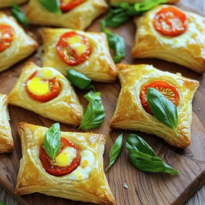 - Puff pastry - Cherry tomatoes - Fresh basil - Mozzarella cheese For the main ingredients, I love using puff pastry. It gives a nice crunch and is easy to handle. Cherry tomatoes are sweet and juicy, adding great flavor. Fresh basil brings a bright note to the dish. Mozzarella cheese melts beautifully and adds creaminess. - Extra virgin olive oil - Garlic powder - Salt and pepper When it comes to seasoning, I use extra virgin olive oil for richness. Garlic powder gives a nice kick without being too strong. A sprinkle of salt and pepper enhances all the flavors and makes everything taste better. - Baking sheet - Parchment paper - Rolling pin You will need a baking sheet to hold the pastries while they bake. Parchment paper prevents sticking and makes clean-up easy. A rolling pin helps roll out the puff pastry evenly, ensuring a perfect shape for each pastry. For the full recipe, check out the details on how to make these delicious treats! - Preheat the oven to 400°F (200°C). - Prepare the baking sheet with parchment paper. - Roll out the puff pastry on a floured surface. - Cut into 4x4-inch squares. - Combine halved cherry tomatoes, chopped basil, and shredded mozzarella cheese. - Add olive oil, garlic powder, salt, and pepper. Toss until well coated. - Spoon the filling onto the center of each pastry square. - Seal the corners by pinching them together. Brush with beaten egg. - Arrange the pastries on the baking sheet. - Bake for 18-20 minutes until golden brown. Enjoy the delightful flavors of tomato and basil in every bite! For the complete recipe, see the Full Recipe. - Always ensure the puff pastry is thawed properly. This helps it puff up well. - Avoid overfilling the pastries. Too much filling can make them soggy. - Use egg wash generously on top of each pastry. This gives them a nice shine. - Bake at the right temperature of 400°F (200°C). This ensures a crisp finish. - Garnish with fresh basil leaves. This adds color and flavor. - Serve with marinara sauce for dipping. It complements the pastries perfectly. For the full recipe, check out the details above! {{image_4}} You can easily change the flavor of your tomato basil pastries. Try adding feta cheese or goat cheese. Both cheeses add a creamy texture and a nice tang. You can also use sun-dried tomatoes for a twist. These add a rich, sweet flavor that pairs well with the fresh basil. If you want to mix it up, swap basil for oregano or thyme. These herbs bring a different taste that can surprise your guests. You can also add spinach for extra greenery. Spinach adds color and a healthy boost to your pastries. For those with dietary needs, there are great options. You can find gluten-free puff pastry at many stores. This makes the recipe accessible for gluten-free eaters. You can also make vegan variations using plant-based cheese. This way, everyone can enjoy these tasty treats. For the full recipe, check out the details above. Store your tomato basil pastries in an airtight container at room temperature. This keeps them fresh for a short time. If you place them properly, they will stay tasty and enjoyable. You can freeze uncooked pastries for later baking. This method allows you to enjoy them whenever you like. Just wrap each pastry well in plastic wrap before placing them in a freezer bag. If you have cooked pastries, refrigerate them for up to 3 days. Make sure they are in a sealed container to maintain their flavor. To reheat your pastries, use the oven for the best texture. Preheat it to 350°F (175°C) and bake for about 10 minutes. This keeps the pastry crisp. Avoid microwaving, as it can make the pastries soggy and less pleasant to eat. Yes, store-bought puff pastry works great. It saves time and effort. I often use it when I'm in a hurry. Just thaw it before using. It puffs up nicely and tastes fantastic. Prepare and freeze before baking. Just assemble the pastries and place them on a baking sheet. Cover them tightly and pop them in the freezer. When ready, bake straight from the freezer. This is so handy for unexpected guests! Marinara sauce and pesto are excellent choices. The savory flavors mix well with the pastries. You can even try a garlic aioli for a kick. Experiment with your favorites! Yes, they are vegetarian-friendly! The fresh tomatoes, basil, and cheese make a great combo. Even meat lovers enjoy these tasty bites. They fit well in any gathering or meal. Pair with a salad or serve as appetizers. A light side salad adds freshness. You can also offer them at parties. They are great for sharing and fun to eat. For the full recipe, check out the details above! You can create delicious tomato basil pastries easily. We explored the essential ingredients, tools, and steps to make them. I shared tips to perfect your pastries and suggested tasty variations. These treats are not only easy to store but also versatile for any occasion. Remember, using fresh ingredients makes a big difference in flavor. Enjoy making these yummy bites and impress your friends and family!