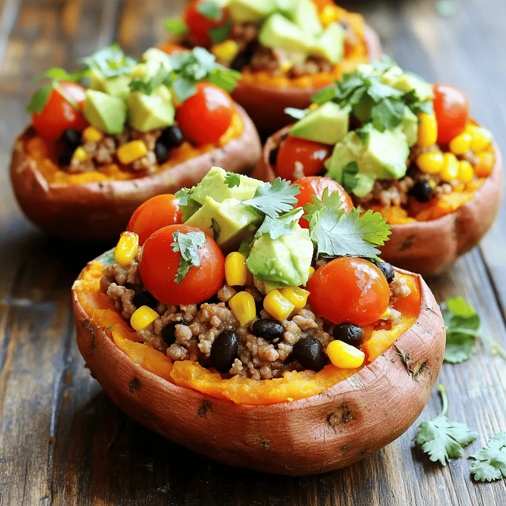 To make taco stuffed sweet potatoes, you need these main items: - 4 medium sweet potatoes - 1 lb ground turkey or beef - 1 tablespoon olive oil - 1 small onion, finely diced - 2 cloves garlic, minced - 1 can (15 oz) black beans, drained and rinsed - 1 cup corn kernels (fresh or frozen) - 1 tablespoon taco seasoning - 1/2 teaspoon ground cumin - Salt and pepper to taste - 1 cup cherry tomatoes, halved - 1 ripe avocado, diced - 1/4 cup fresh cilantro, finely chopped - Lime wedges for serving These ingredients come together to create a meal that is both tasty and healthy. You can add your own twist to the recipe with these optional items: - Shredded cheese (like cheddar or pepper jack) for extra richness - Jalapeños for some heat - Greek yogurt or sour cream for creaminess - Sliced olives for a briny touch - Fresh lime juice for added brightness Feel free to mix and match based on your taste! Each serving of taco stuffed sweet potatoes offers: - Calories: 400 - Protein: 25g - Carbohydrates: 55g - Fiber: 10g - Fat: 10g This meal is packed with nutrients and makes a balanced option for lunch or dinner. You can find the full recipe for taco stuffed sweet potatoes to explore more about this delicious dish. First, I preheat my oven to 400°F (200°C). This helps the sweet potatoes bake nicely. Next, I take four medium sweet potatoes and poke holes with a fork. This step allows steam to escape while they cook. I then place them on a baking sheet and bake for 45 to 50 minutes. I check them by piercing with a fork. They should be tender. While the sweet potatoes bake, I prepare the taco filling. I heat one tablespoon of olive oil in a large skillet over medium heat. Once hot, I add a small onion, finely diced. I sauté the onion for about 3 to 4 minutes until it’s soft. Then, I add two cloves of minced garlic and cook for another minute. Next, I add one pound of ground turkey or beef to the skillet. I cook it, breaking it apart until fully browned. After that, I stir in one can of drained black beans and one cup of corn. I also add one tablespoon of taco seasoning and half a teaspoon of ground cumin. Finally, I season with salt and pepper, cooking for an extra five minutes. Once the sweet potatoes are done baking, I take them out and let them cool for a bit. I then make a lengthwise slit down the center of each potato. I gently press the ends to open them up. It creates a space for the filling. I generously stuff each sweet potato with the taco mixture, packing it in well. For the final touch, I top them with halved cherry tomatoes, diced avocado, and fresh cilantro. I serve them with lime wedges on the side. Lime juice adds a delicious kick! For the complete recipe, check out the Full Recipe. You can swap the ground meat for different options. Try using ground chicken or tofu for a lighter meal. If you want a plant-based option, use lentils or quinoa. Each of these adds unique flavors and textures to the dish. To keep your sweet potatoes firm, poke holes in them before baking. This allows steam to escape. Baking them on a wire rack can also help. The air circulates around the potatoes, reducing moisture. Avoid wrapping them in foil, as that traps steam and creates sogginess. Toppings can take your dish to the next level. I love adding fresh cherry tomatoes, diced avocado, and cilantro. For some heat, try jalapeños or hot sauce. A squeeze of lime juice brightens the flavors. You can also add sour cream or Greek yogurt for creaminess. For the full recipe, check out the Taco Stuffed Sweet Potatoes. {{image_4}} You can easily turn taco stuffed sweet potatoes into a vegetarian or vegan dish. Instead of meat, use a mix of lentils and mushrooms. These ingredients add great texture and flavor. - Replace ground turkey or beef with: - 1 cup cooked lentils - 1 cup finely chopped mushrooms - Keep the black beans and corn for fiber and sweetness. - Use avocado and tomatoes as toppings for freshness. This version is just as satisfying and packed with nutrients. If you like heat, try spicy taco stuffed sweet potatoes. Adding some heat gives these potatoes an exciting twist. - Use spicy taco seasoning instead of regular. - Add diced jalapeños to the meat or bean mix. - Top with sliced fresh chili peppers for extra spice. This variation wakes up your taste buds and adds a bold flavor. For a Southwestern flair, you can mix in some extra ingredients to your filling. This adds layers of flavor and makes the dish more hearty. - Try adding: - 1 cup cooked quinoa for added protein - 1/2 cup diced bell peppers for crunch - 1/4 cup chopped green onions for brightness These ingredients work well with the sweet potatoes and enhance the overall taste. Feel free to experiment and create your perfect taco stuffed sweet potato. For a full guide on making these variations, check out the Full Recipe. To keep your taco stuffed sweet potatoes fresh, store them in an airtight container. Place each stuffed potato in the container, separating layers with parchment paper if needed. This helps prevent sticking. Store them in the fridge. They should last for up to 3 days. When you're ready to enjoy leftovers, reheat them in the oven or microwave. For the oven, set it to 350°F (175°C) and place the sweet potatoes on a baking sheet. Heat for about 15-20 minutes or until hot. For the microwave, place one potato on a microwave-safe plate. Heat for 1-2 minutes, checking to ensure it's warm throughout. You can freeze taco stuffed sweet potatoes for later meals. Wrap each one tightly in plastic wrap, then place them in a freezer bag. They can last up to 3 months in the freezer. When ready to eat, thaw them overnight in the fridge. Reheat in the oven or microwave as mentioned above. This makes meal prep easy and fun! For the full recipe, check out the earlier section. Yes, you can make Taco Stuffed Sweet Potatoes ahead of time. Prepare the filling and bake the sweet potatoes in advance. Store them separately in the fridge. When ready to eat, just stuff the sweet potatoes and heat them up. This saves you time on busy days. If you want to swap sweet potatoes, try regular potatoes, zucchini, or bell peppers. Each option gives a different taste and texture, but they all work well. Just adjust the cooking time based on what you choose. To check if sweet potatoes are fully cooked, poke them with a fork. If it goes in easily, they are done. You want them soft all the way through. Another way is to check their skin; it should look slightly wrinkled. This means they are ready to be stuffed and enjoyed. If you want the full recipe, check out the full recipe. Taco stuffed sweet potatoes are tasty and packed with nutrition. We covered key ingredients, including options to personalize your dish. You learned easy steps to prep and cook, along with tips to keep them fresh and flavorful. Variations let you choose between vegetarian and spicy options. Don’t forget to store your leftovers properly for maximum taste. With this guide, you can create a fun meal that's healthy and delicious. Enjoy making your taco stuffed sweet potatoes!
