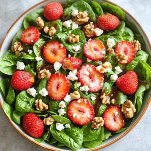 - Spinach leaves - Strawberries - Feta cheese - Walnuts or pecans - Honey - Balsamic vinegar - Extra-virgin olive oil - Salt and pepper Choosing the right ingredients makes your salad shine. Fresh spinach is key. Look for vibrant green leaves. They should feel crisp and not wilted. If you can, buy organic. It often tastes better and is healthier. Strawberries need to be ripe and sweet. Check for bright red color and a sweet smell. Avoid berries with white spots or mushy areas. These may not taste good. Feta cheese adds creaminess and tang. Choose a block-style feta for better flavor. Crumbling it yourself keeps it fresh. If you prefer a different taste, try goat cheese or blue cheese. Finally, nuts add crunch. Walnuts have a rich flavor. Pecans are sweeter and milder. Choose what you like best! Use high-quality honey and balsamic vinegar. Local honey enhances flavor. Aged balsamic has deeper, richer notes. Extra-virgin olive oil adds richness too. Always opt for a good brand to elevate your dish. For a full list and quantities, check the [Full Recipe]. Start by taking a small mixing bowl. Add 2 tablespoons of honey, 1 tablespoon of balsamic vinegar, and 1 tablespoon of extra-virgin olive oil. These three ingredients work great together. This mix gives the salad a sweet and tangy flavor. Add a pinch of salt and freshly cracked black pepper. Whisk the mixture well with a fork. You want it to blend smoothly, creating a nice emulsion. Set the dressing aside for now. It needs a moment for the flavors to come together. Grab a large salad bowl. Place 4 cups of fresh, washed spinach leaves at the bottom. This will create a lush base. Next, take 1 cup of fresh strawberries. Slice them into thin rounds and gently layer them on top of the spinach. This way, every bite bursts with freshness. Now, sprinkle 1/2 cup of crumbled feta cheese all over the salad. The creamy cheese adds a delicious contrast. Finally, add 1/4 cup of roughly chopped walnuts for extra crunch. You can switch walnuts for pecans if you prefer. Drizzle the prepared dressing over the salad. Use salad tongs or two large spoons to mix the ingredients. Be gentle to avoid wilting the spinach. Lightly toss until everything is coated. Before you serve, taste the salad. You may want to add more salt or pepper for extra flavor. Adjust as you see fit. Serve the salad in individual bowls for an elegant touch. Add a few whole strawberries and walnut halves on top for a beautiful presentation. A sprig of fresh mint can also brighten the dish. For the full recipe, check out the details above. To make your salad burst with flavor, consider adjusting the seasoning. Add a pinch of salt and a dash of black pepper. This helps to bring out the sweetness of the strawberries and the creaminess of the feta. Always use fresh ingredients. Fresh spinach and ripe strawberries make a huge difference in taste. They keep the salad bright and full of life. Serving suggestions can turn a simple salad into a feast. Use individual bowls for a nice touch. Place a few whole strawberries and walnut halves on top. This gives a hint of what’s inside. A sprig of mint adds a pop of color and freshness. You can also layer the ingredients in a large bowl for a family-style presentation. Prep your ingredients ahead of time. Wash and tear spinach leaves the night before. Slice strawberries and store them in a container. This way, you can make the salad in under 10 minutes. For a quick dressing, mix honey, balsamic vinegar, and olive oil in a jar. Shake it up and you're ready to go. Check out the Full Recipe for more tips. {{image_4}} You can easily make this salad fit your diet. For a gluten-free option, skip any croutons or bread. The core ingredients are naturally gluten-free. If you're dairy-free, swap feta cheese with avocado or a nut-based cheese. Both choices keep the salad creamy and tasty. To add more flavor, consider protein sources. Grilled chicken or tofu works well. Just slice them thin and mix them in. You can also toss in fresh herbs. Mint and basil add a bright touch. They pair nicely with strawberries and spinach. Change up the ingredients based on the season. In summer, add ripe peaches or blueberries for sweetness. In fall, try apples or pears for crunch. Nuts like pecans or almonds can switch too. Use whatever is fresh and available to keep it exciting. For the full recipe, check out the main section. To keep your salad fresh, store it in the fridge. Use an airtight container. This helps maintain its crispness. Avoid mixing the dressing with the salad if you plan to save leftovers. This prevents wilting. If you have leftover dressing, store it separately in a small jar. Enjoy your salad within three days for the best taste. After three days, the spinach can get mushy. Check for signs of spoilage. If the strawberries look dull or the spinach has brown spots, it’s time to toss them. Use leftover spinach in smoothies or omelets. You can also add it to soups for extra nutrition. If you have extra strawberries, toss them in yogurt or oatmeal. The leftover dressing is great on grilled veggies or as a dip for bread. You can mix it with grains for a tasty side dish. For the full recipe, check back to make sure you have all the ingredients on hand before you start! Yes, you can make this salad ahead of time. I recommend preparing the dressing first. Mix the honey, balsamic vinegar, and olive oil. Store it in the fridge. Keep the spinach and strawberries separate until you serve. This keeps the salad fresh and crisp. You can store the salad in an airtight container for up to a day. Just remember to toss it gently before serving. If you want a change from spinach, try these options: - Arugula for a peppery taste - Kale for a hearty flavor - Mixed greens for a variety of textures - Romaine for a crunchy base These greens can add different flavors and nutrients to your salad. This salad is already vegetarian. To ensure it’s vegetarian-friendly, check the feta cheese. Some brands use animal rennet. Opt for a vegetarian-friendly feta. You can also add more veggies like cucumbers or bell peppers. This keeps the dish fresh and tasty while sticking to vegetarian options. This salad pairs well with many dishes. Here are a few ideas: - Grilled chicken for a protein boost - Baked salmon for healthy omega-3s - Quinoa for a hearty grain option - Roasted veggies for added flavor These side dishes complement the fresh taste of the salad nicely. Enjoy them together for a complete meal. For the full recipe, check out the details above. This post covered how to make a fresh and tasty salad. We discussed key ingredients, like spinach and strawberries. I shared tips on pairing and storing, plus some useful hacks. You learned ways to enhance flavors and tried various ingredient swaps. Remember, using fresh, quality items makes your salad better. Feel free to mix and match based on what you like. Enjoy your salad adventure!