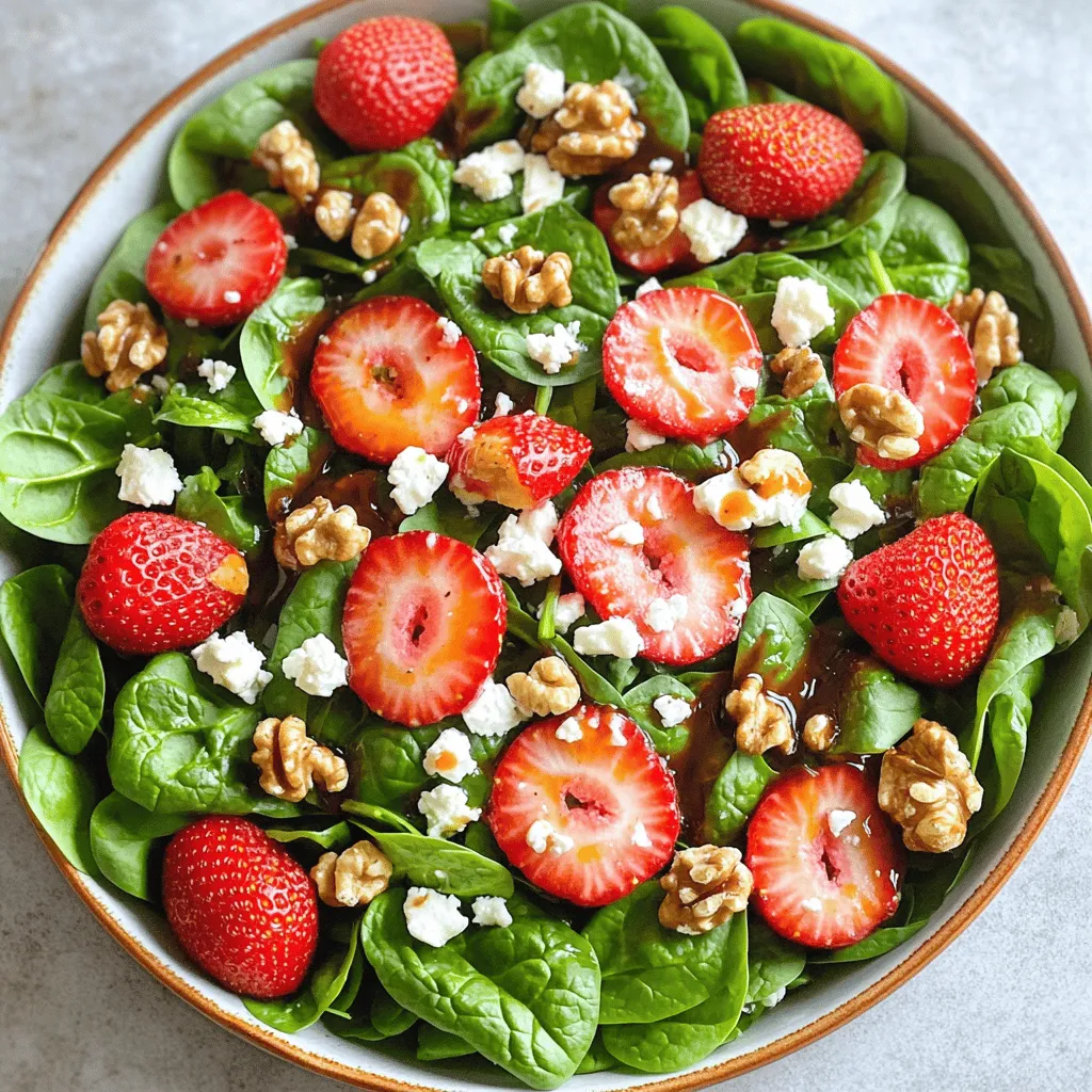 - Spinach leaves - Strawberries - Feta cheese - Walnuts or pecans - Honey - Balsamic vinegar - Extra-virgin olive oil - Salt and pepper Choosing the right ingredients makes your salad shine. Fresh spinach is key. Look for vibrant green leaves. They should feel crisp and not wilted. If you can, buy organic. It often tastes better and is healthier. Strawberries need to be ripe and sweet. Check for bright red color and a sweet smell. Avoid berries with white spots or mushy areas. These may not taste good. Feta cheese adds creaminess and tang. Choose a block-style feta for better flavor. Crumbling it yourself keeps it fresh. If you prefer a different taste, try goat cheese or blue cheese. Finally, nuts add crunch. Walnuts have a rich flavor. Pecans are sweeter and milder. Choose what you like best! Use high-quality honey and balsamic vinegar. Local honey enhances flavor. Aged balsamic has deeper, richer notes. Extra-virgin olive oil adds richness too. Always opt for a good brand to elevate your dish. For a full list and quantities, check the [Full Recipe]. Start by taking a small mixing bowl. Add 2 tablespoons of honey, 1 tablespoon of balsamic vinegar, and 1 tablespoon of extra-virgin olive oil. These three ingredients work great together. This mix gives the salad a sweet and tangy flavor. Add a pinch of salt and freshly cracked black pepper. Whisk the mixture well with a fork. You want it to blend smoothly, creating a nice emulsion. Set the dressing aside for now. It needs a moment for the flavors to come together. Grab a large salad bowl. Place 4 cups of fresh, washed spinach leaves at the bottom. This will create a lush base. Next, take 1 cup of fresh strawberries. Slice them into thin rounds and gently layer them on top of the spinach. This way, every bite bursts with freshness. Now, sprinkle 1/2 cup of crumbled feta cheese all over the salad. The creamy cheese adds a delicious contrast. Finally, add 1/4 cup of roughly chopped walnuts for extra crunch. You can switch walnuts for pecans if you prefer. Drizzle the prepared dressing over the salad. Use salad tongs or two large spoons to mix the ingredients. Be gentle to avoid wilting the spinach. Lightly toss until everything is coated. Before you serve, taste the salad. You may want to add more salt or pepper for extra flavor. Adjust as you see fit. Serve the salad in individual bowls for an elegant touch. Add a few whole strawberries and walnut halves on top for a beautiful presentation. A sprig of fresh mint can also brighten the dish. For the full recipe, check out the details above. To make your salad burst with flavor, consider adjusting the seasoning. Add a pinch of salt and a dash of black pepper. This helps to bring out the sweetness of the strawberries and the creaminess of the feta. Always use fresh ingredients. Fresh spinach and ripe strawberries make a huge difference in taste. They keep the salad bright and full of life. Serving suggestions can turn a simple salad into a feast. Use individual bowls for a nice touch. Place a few whole strawberries and walnut halves on top. This gives a hint of what’s inside. A sprig of mint adds a pop of color and freshness. You can also layer the ingredients in a large bowl for a family-style presentation. Prep your ingredients ahead of time. Wash and tear spinach leaves the night before. Slice strawberries and store them in a container. This way, you can make the salad in under 10 minutes. For a quick dressing, mix honey, balsamic vinegar, and olive oil in a jar. Shake it up and you're ready to go. Check out the Full Recipe for more tips. {{image_4}} You can easily make this salad fit your diet. For a gluten-free option, skip any croutons or bread. The core ingredients are naturally gluten-free. If you're dairy-free, swap feta cheese with avocado or a nut-based cheese. Both choices keep the salad creamy and tasty. To add more flavor, consider protein sources. Grilled chicken or tofu works well. Just slice them thin and mix them in. You can also toss in fresh herbs. Mint and basil add a bright touch. They pair nicely with strawberries and spinach. Change up the ingredients based on the season. In summer, add ripe peaches or blueberries for sweetness. In fall, try apples or pears for crunch. Nuts like pecans or almonds can switch too. Use whatever is fresh and available to keep it exciting. For the full recipe, check out the main section. To keep your salad fresh, store it in the fridge. Use an airtight container. This helps maintain its crispness. Avoid mixing the dressing with the salad if you plan to save leftovers. This prevents wilting. If you have leftover dressing, store it separately in a small jar. Enjoy your salad within three days for the best taste. After three days, the spinach can get mushy. Check for signs of spoilage. If the strawberries look dull or the spinach has brown spots, it’s time to toss them. Use leftover spinach in smoothies or omelets. You can also add it to soups for extra nutrition. If you have extra strawberries, toss them in yogurt or oatmeal. The leftover dressing is great on grilled veggies or as a dip for bread. You can mix it with grains for a tasty side dish. For the full recipe, check back to make sure you have all the ingredients on hand before you start! Yes, you can make this salad ahead of time. I recommend preparing the dressing first. Mix the honey, balsamic vinegar, and olive oil. Store it in the fridge. Keep the spinach and strawberries separate until you serve. This keeps the salad fresh and crisp. You can store the salad in an airtight container for up to a day. Just remember to toss it gently before serving. If you want a change from spinach, try these options: - Arugula for a peppery taste - Kale for a hearty flavor - Mixed greens for a variety of textures - Romaine for a crunchy base These greens can add different flavors and nutrients to your salad. This salad is already vegetarian. To ensure it’s vegetarian-friendly, check the feta cheese. Some brands use animal rennet. Opt for a vegetarian-friendly feta. You can also add more veggies like cucumbers or bell peppers. This keeps the dish fresh and tasty while sticking to vegetarian options. This salad pairs well with many dishes. Here are a few ideas: - Grilled chicken for a protein boost - Baked salmon for healthy omega-3s - Quinoa for a hearty grain option - Roasted veggies for added flavor These side dishes complement the fresh taste of the salad nicely. Enjoy them together for a complete meal. For the full recipe, check out the details above. This post covered how to make a fresh and tasty salad. We discussed key ingredients, like spinach and strawberries. I shared tips on pairing and storing, plus some useful hacks. You learned ways to enhance flavors and tried various ingredient swaps. Remember, using fresh, quality items makes your salad better. Feel free to mix and match based on what you like. Enjoy your salad adventure!