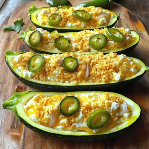 - 4 medium zucchinis - 1 cup cream cheese, softened - 1/2 cup sharp shredded cheddar cheese - 1/4 cup crumbled feta cheese - 2 jalapeños, finely chopped - 1/4 cup fresh green onions, chopped - 1/2 teaspoon garlic powder - 1/2 teaspoon onion powder - Salt and pepper to taste - 1/2 cup panko breadcrumbs - Olive oil for drizzling When I make Jalapeno Popper Zucchini Boats, I start with fresh zucchinis. These are the stars of the dish. I slice them in half to create little boats, perfect for holding the filling. The filling is creamy and cheesy. I mix cream cheese, sharp cheddar, and feta for a rich taste. Next, I add finely chopped jalapeños for heat. You can remove the seeds if you want it milder. I also include fresh green onions for a touch of brightness. Garlic powder and onion powder give it depth. I sprinkle salt and pepper to make all the flavors pop. For the topping, I use panko breadcrumbs. They turn golden and crunchy when baked. A drizzle of olive oil helps them crisp up nicely. This combination creates a tasty dish that is also fun to eat. Each bite is a mix of creamy, cheesy, and spicy goodness. You can find the full recipe in the section below for all the details! - Preheat oven to 375°F (190°C). - Slice zucchini in half lengthwise and scoop out the flesh. Start by setting your oven to 375°F. This is the perfect temperature for baking. Next, take your zucchinis and cut them in half lengthwise. Use a spoon to scoop out the flesh. Leave about 1/4 inch of skin. This creates a sturdy boat for your filling. Place the zucchini halves cut-side up on a baking sheet lined with parchment paper. This helps with cleanup later. - Combine cheese and seasonings in a bowl. - Add jalapeños and green onions. Now for the filling! In a large bowl, mix the softened cream cheese, cheddar cheese, and feta cheese. Add the finely chopped jalapeños and green onions to the mix. Include garlic powder, onion powder, and a pinch of salt and pepper. Stir until everything blends together and looks creamy. This mixture is the heart of the dish. - Fill zucchini with mixture. - Top with breadcrumbs and drizzle olive oil. - Bake and cool before serving. It's time to assemble! Take your cheese mixture and fill each zucchini boat generously. Pack it in well, so it overflows a bit. Next, sprinkle panko breadcrumbs on top for that crunchy texture. Drizzle some olive oil over the breadcrumbs for extra crispiness. Now, place the baking sheet in your preheated oven. Bake for 25-30 minutes until the zucchini is tender and the breadcrumbs are golden brown. Once done, let them cool slightly before serving. Enjoy this flavorful dish! For the full recipe, check out the instructions above. To make the best Jalapeño Popper Zucchini Boats, avoid overcooking the zucchini. Overcooked zucchini can become mushy. Aim for a tender texture while keeping a slight crunch. Use fresh ingredients for maximum flavor. Fresh jalapeños and creamy cheeses create a tasty filling. Fresh green onions add a nice bite. These zucchini boats shine when paired with a dipping sauce. A cool ranch or spicy salsa can enhance the flavors. They are perfect for appetizers or as a side dish. Serve them at parties or family dinners for a fun treat. For an appealing look, garnish with finely chopped green onions. A sprinkle of fresh cilantro adds color and flavor. Serve the zucchini boats on a rustic wooden platter. This gives a charming, homey touch. Enjoy your dish while impressing your guests with both taste and style! {{image_4}} You can switch up the cheese in your jalapeño popper zucchini boats. If you want a different flavor, try these substitutes for cream cheese: - Greek yogurt for tanginess - Ricotta cheese for a lighter taste - Vegan cream cheese for dairy-free options For more depth, consider these cheese options: - Smoked gouda for a rich, smoky flavor - Pepper jack cheese for extra spice - Parmesan cheese for a salty kick Adjusting the heat is easy with jalapeños. Remove the seeds and membranes for a milder dish. If you want more heat, leave some seeds in. You can also use these spices for flavor: - Cayenne pepper for a fiery touch - Chili powder for a warm taste - Paprika for a smoky flavor without too much heat For a vegan version, use these cheese alternatives: - Cashew cheese for creaminess - Nutritional yeast for a cheesy flavor If you need gluten-free breadcrumbs, try: - Crushed cornflakes for crunch - Ground almonds for a nutty base Feel free to get creative! Each variation can bring a new twist to your zucchini boats. For the full recipe, check out the details above. To keep your Jalapeno Popper Zucchini Boats fresh, store them in the fridge. Place them in an airtight container. This keeps moisture in and air out. You can also wrap them tightly in plastic wrap. They will stay good for 3-4 days. When reheating, I suggest using the oven. Preheat it to 350°F (175°C). Place the boats on a baking sheet. Cover them with foil to keep them moist. Heat for about 10-15 minutes. This helps to keep the texture and flavor intact. Yes, you can freeze zucchini boats! However, they freeze best before cooking. To freeze, wrap each boat in plastic wrap. Then, place them in a freezer bag. They can last for up to 3 months. To thaw, place them in the fridge overnight. Cook them right after thawing for the best taste. Yes, you can make these ahead of time. Prepare the zucchini boats up to the point of baking. Once you fill them, cover them tightly with plastic wrap. Store them in the fridge for up to 24 hours. When ready, remove them from the fridge and bake as directed. This helps save time on busy days. To add more heat, keep the seeds in the jalapeños. You can also use hotter peppers like serranos. Adding a dash of cayenne pepper or red pepper flakes to the cheese mix boosts the spice level too. Mix in some hot sauce for a kick. You can adjust the spice to suit your taste. One common mistake is overcooking the zucchini. If overcooked, they turn mushy. Make sure to scoop out enough flesh but leave enough to hold the filling. Another pitfall is not seasoning the cheese mixture well. Taste it as you mix, and adjust salt and pepper as needed. Finally, don't skip the breadcrumbs; they add great crunch. For the complete Jalapeno Popper Zucchini Boats recipe, check out the [Full Recipe]. In this post, we explored the tasty world of Jalapeño Popper Zucchini Boats. We covered the key ingredients, step-by-step instructions, and useful tips for cooking and serving. Remember, fresh ingredients make a big difference. Adjust the heat to suit your taste and feel free to experiment with different cheeses. These boats are fun to make and great for sharing. Enjoy your cooking adventure, and don’t forget to check out the full recipe for more details!