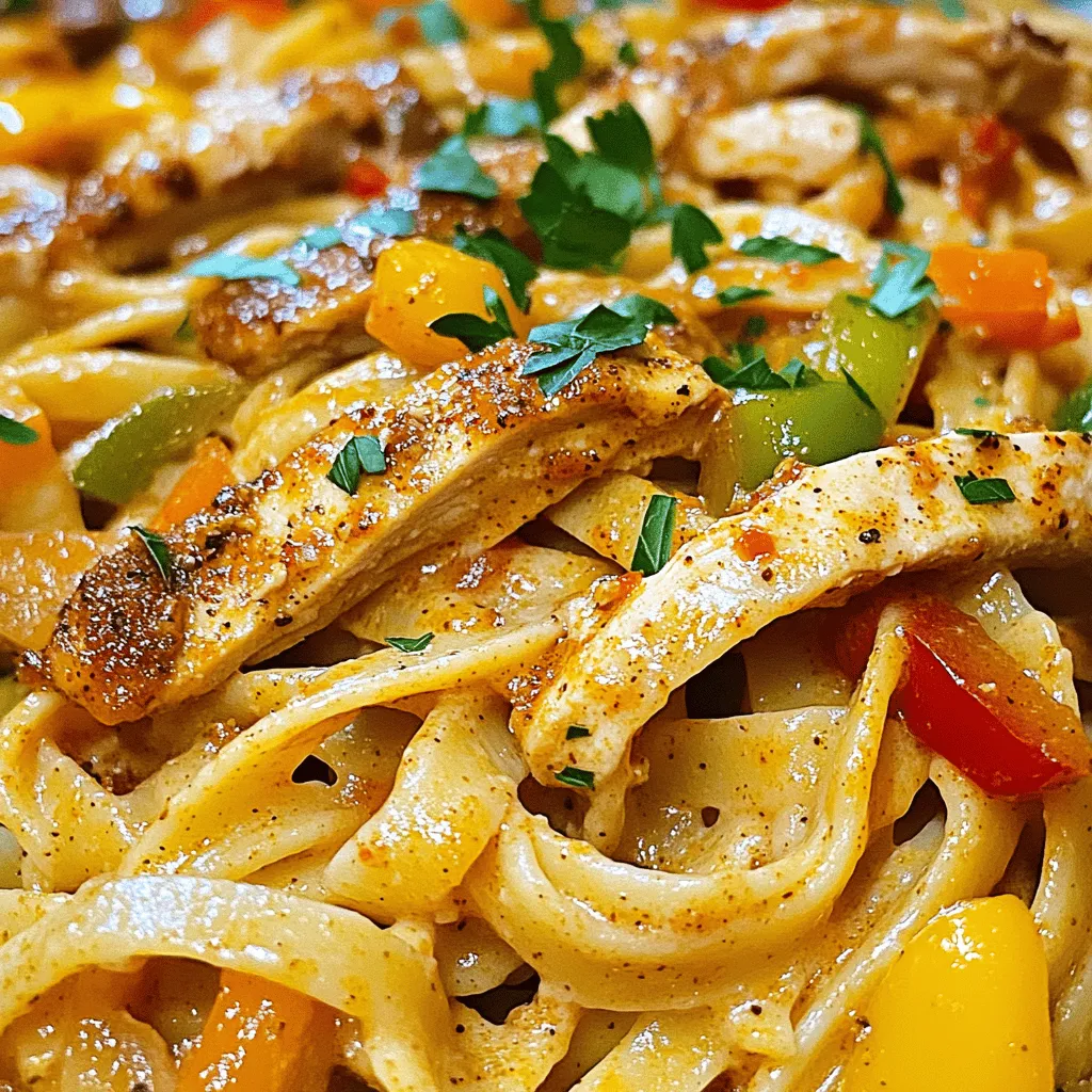 This creamy Cajun chicken pasta is packed with flavor and easy to make. You can prepare it in just 30 minutes. The blend of Cajun spices, creamy sauce, and tender chicken will make your taste buds dance. - 2 boneless, skinless chicken breasts - 2 tablespoons Cajun seasoning - 3 tablespoons extra virgin olive oil, divided - 1 medium onion, finely chopped - 3 cloves garlic, minced - 1 bell pepper (any color), sliced - 1 cup heavy cream - 1 cup low-sodium chicken broth - 8 oz fettuccine pasta - ½ cup freshly grated Parmesan cheese - Salt and freshly ground black pepper - Fresh parsley for garnish This dish uses basic ingredients, yet each one plays a key role. The chicken gives it protein, while the Cajun seasoning adds a nice kick. The cream and cheese create a rich sauce that coats the pasta beautifully. Don't forget the fresh parsley for a pop of color and taste! You can follow the Full Recipe to see how to combine all these ingredients into a delightful meal. Fill a large pot with water and bring it to a boil. Add a good amount of salt to the water. This helps flavor the pasta. Once boiling, add the fettuccine. Cook it as per the package, usually around 8-10 minutes. After cooking, drain the pasta in a colander. Don't forget to save about ½ cup of that pasta cooking water. This water helps adjust your sauce later. Take your chicken strips and place them in a bowl. Sprinkle Cajun seasoning all over the chicken. Make sure to coat each piece well so every bite has flavor. Heat 2 tablespoons of olive oil in a large skillet over medium-high heat. Once hot, add the seasoned chicken. Cook for about 5-7 minutes. You want it golden brown and fully cooked. Then, remove the chicken from the skillet and set it aside. In the same skillet, add the last tablespoon of olive oil. Toss in the chopped onion and bell pepper. Sauté them for about 3-4 minutes. You want them soft and fragrant. Then add the minced garlic. Cook for just one more minute. Keep stirring to avoid burning the garlic. It cooks fast! Now it’s time for the sauce! Lower the heat to medium. Pour in the chicken broth and scrape the bottom of the skillet. This gets all the tasty bits into your sauce. Let it simmer for 2-3 minutes. Next, add the heavy cream. Turn the heat up a little to bring it to a gentle simmer. Gradually stir in the grated Parmesan cheese. Mix until your sauce is creamy. If it’s too thick, add a bit of the saved pasta water until it’s just right. Return your cooked chicken to the skillet. Stir it into the creamy sauce. Now, toss in the drained fettuccine pasta. Mix it all together well. Taste it and adjust the seasoning with salt and black pepper as needed. When serving, use warm plates or bowls. Spoon the creamy Cajun chicken pasta onto each plate. For a pop of color, sprinkle chopped fresh parsley on top. It makes the dish look great and adds extra flavor. Enjoy your meal! You can find the full recipe in the earlier sections. To make your sauce creamy, you can try using lighter dairy. Options like half-and-half or even Greek yogurt work well. This keeps the dish rich while cutting calories. If your sauce is too thick, use the reserved pasta water. Just add it a little at a time. This method helps you reach the right consistency. Do you want to change the spice level? You can easily make it milder. Just reduce the amount of Cajun seasoning. If you prefer more heat, add a pinch of cayenne pepper or extra seasoning. You can also try different blends of Cajun spice. Each mix has its own flavor, so feel free to experiment! Use a large skillet for cooking the chicken and sauce. A non-stick pan makes it easier to clean up, too. You may also want a good pot for boiling the pasta. If you have a garlic press, it saves time when preparing garlic. A pasta strainer is handy for draining the noodles easily. These tools will help you cook this dish smoothly. For more cooking tips, check the Full Recipe. {{image_4}} You can switch out chicken for shrimp or tofu. Both options bring a different taste and texture. Shrimp cooks quickly and adds a nice seafood flavor. Tofu can soak up all the Cajun spices, making it a great choice for vegetarians. For a dairy-free dish, use coconut cream or almond milk instead of heavy cream. These options will change the flavor slightly but still keep it creamy. You can also try cashew cream for a nutty taste. You might want to kick up the flavor with extra veggies. Try adding mushrooms, spinach, or zucchini for freshness. These ingredients pair well with the creamy sauce and add nutrients. Spices can also enhance the dish. Consider adding smoked paprika or cayenne for extra heat. Fresh herbs like thyme or cilantro can brighten the meal. Just sprinkle them on just before serving for the best impact. For a baked version, mix the pasta and sauce in a baking dish. Top it with cheese and bake until bubbly. This gives a crispy top and a warm, comforting feel. When serving, think about adding a side salad or garlic bread. A crisp salad balances the rich pasta. Garlic bread is perfect for soaking up the sauce. You can also serve it with roasted vegetables for a colorful plate. For the full recipe, check out the earlier section. Store your creamy Cajun chicken pasta in an airtight container. This keeps it fresh. It’s best to eat leftovers within 3 days. The flavors will still be good, but the sauce may thicken. To enjoy it later, add a splash of chicken broth when reheating. You can freeze this dish for up to 2 months. To do this, cool it completely first. Then, place it in a freezer-safe container. When you're ready to eat, thaw it in the fridge overnight. Reheat on low heat, adding a bit of cream or broth to restore the creamy texture. Make this pasta ahead for busy weeks. Cook a big batch and divide it into portions. Use meal prep containers for easy lunches. You can reheat them quickly in the microwave. This dish keeps well and tastes great, even after a few days. For added variety, mix in different veggies or proteins. It takes about 30 minutes to make creamy Cajun chicken pasta. This includes time for prep and cooking. You can enjoy a tasty meal without spending hours in the kitchen. Yes, you can use whole wheat or gluten-free pasta. Both options work well in this dish. Just make sure to follow the cooking times on the package. Your creamy sauce will still taste great! You can use half-and-half or coconut cream instead of heavy cream. Both options give a nice creaminess. If you want a lighter version, try using Greek yogurt mixed with a bit of milk. Yes, this dish has a kick from the Cajun seasoning. If you like less heat, cut back on the seasoning. You can also use mild Cajun spice blends for a gentler flavor. Yes, you can make the sauce ahead of time. Store it in the fridge for up to three days. When you’re ready, just reheat it on low heat and mix in the pasta and chicken. This makes meal prep easy! You can find the full recipe for creamy Cajun chicken pasta in the previous sections. Enjoy cooking! This blog post covered a creamy Cajun chicken pasta recipe. You learned about the key ingredients, step-by-step cooking methods, and tips for perfecting the dish. We also explored variations to suit your taste and storage tips to keep leftovers fresh. Remember, cooking is fun and a great way to share meals. Try experimenting with different ingredients or spice levels. Enjoy your cooking journey, and make this dish your own!