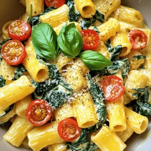 - 12 ounces rigatoni pasta - 2 tablespoons extra virgin olive oil - 3 cloves garlic, finely minced - 1 cup cherry tomatoes, halved - 4 cups fresh spinach, washed and dried - 1 cup heavy cream - ½ cup freshly grated Parmesan cheese - Salt and freshly ground black pepper to taste - ½ teaspoon red pepper flakes (optional) - Fresh basil leaves for garnish For this creamy rigatoni with spinach and tomato delight, I use simple yet fresh ingredients. The rigatoni pasta forms the base, and it holds the sauce beautifully. Extra virgin olive oil adds a rich flavor. Garlic gives it a nice aroma and taste that fills your kitchen. I love cherry tomatoes because they burst with sweetness. They add color and freshness to the dish. Spinach is my go-to for adding greens; it wilts down nicely and adds nutrients. Heavy cream creates that rich and creamy sauce that binds everything together. For seasoning, freshly grated Parmesan cheese is key. It melts into the sauce, making it even creamier. I add salt and black pepper to taste, and red pepper flakes bring a hint of heat if you like a little spice. Finally, fresh basil leaves not only look pretty but also add a burst of flavor. This combination of ingredients makes a simple, tasty dish that everyone will enjoy. You can find the full recipe to make this delightful meal. Bring a large pot of salted water to a rolling boil. I use about a tablespoon of salt. It makes the pasta taste better. Once the water is boiling, add the rigatoni. Cook it for about 8 to 10 minutes until it is al dente. This means it should be firm but not hard. Before draining, reserve 1 cup of that pasta water. It has the starch that helps the sauce stick. In a large skillet, heat 2 tablespoons of olive oil over medium heat. Once it’s hot, add 3 cloves of minced garlic. Sauté the garlic for about 30 seconds until it smells good. Be careful not to burn it. Next, add 1 cup of halved cherry tomatoes. Cook them for about 3 to 4 minutes until they soften and release their juices. This brings out their sweet flavor. Now, stir in 4 cups of fresh spinach. Cook it until it wilts, which takes about 2 to 3 minutes. If you like a little heat, sprinkle in ½ teaspoon of red pepper flakes. Next, pour in 1 cup of heavy cream. Lower the heat and let it simmer for 2 to 3 minutes. Gradually add ½ cup of freshly grated Parmesan cheese. Stir until it melts and the sauce becomes creamy. Taste it, then season with salt and black pepper. Add the cooked rigatoni to the skillet. Toss it in the creamy sauce until every piece is coated. If the sauce is too thick, use the reserved pasta water. Add it a little at a time until you reach the right consistency. This step makes your creamy rigatoni just perfect. For the full recipe, check out the detailed instructions above. To get a creamy sauce, use heavy cream. It blends well with other ingredients. Pour it in slowly to control the thickness. Adding freshly grated Parmesan cheese is key. It melts better and adds rich flavor. Pre-packaged cheese might not give you the same result. To boost taste, try adding fresh herbs like basil or thyme. A pinch of garlic powder or onion powder can also enhance the dish. To balance the creaminess, add a splash of lemon juice or vinegar. This will brighten the flavors and keep the dish fresh. Serve creamy rigatoni in wide, shallow bowls. This gives it room to shine. Sprinkle extra Parmesan on top for a nice touch. Fresh basil leaves not only add flavor but also look great. For a pop of color, consider adding a few cherry tomatoes on top. This makes the dish visually appealing and delicious. {{image_4}} You can easily add protein to your creamy rigatoni. Grilled chicken or shrimp works great. Just cook them separately and toss them in at the end. This adds flavor and makes the dish heartier. If you prefer a vegetarian option, try chickpeas. They are packed with protein and add a nice texture. Simply rinse and drain a can of chickpeas, then mix them in with the pasta. This keeps your meal bright and nutritious. Spinach is a classic, but you can mix it up. Try kale or arugula instead. Both greens add a different flavor and texture. Just sauté them until they wilt, just like you do with spinach. You can also add other veggies. Mushrooms and bell peppers are excellent choices. Sauté them with garlic for extra taste. This not only enhances the dish but also gives it more color. If you're looking for gluten-free options, swap the rigatoni for gluten-free pasta. Many brands offer great alternatives that taste just as good. Just follow the cooking instructions on the package. For a vegan dish, use plant-based cream instead of heavy cream. Almond or coconut cream works well. You still get that rich, creamy texture without dairy. Try these adjustments to fit your dietary needs while enjoying a delicious meal. For the complete recipe, check out the [Full Recipe]. To store leftover creamy rigatoni, let it cool down first. Place the pasta in a shallow container. Cover it tightly with a lid or plastic wrap. This helps keep it fresh. Use a container that is airtight to avoid any odors. I recommend glass or BPA-free plastic containers for best results. If you want to freeze creamy rigatoni, follow these steps. First, let the dish cool completely. Portion it into freezer-safe containers. Leave some space at the top for expansion. Seal the containers tightly. To thaw, move the dish to the fridge overnight. Reheat it on the stove or in the microwave for great taste. In the fridge, creamy rigatoni lasts about 3 to 4 days. In the freezer, it stays good for up to 2 months. Always check for signs of spoilage. If it smells off or has changed color, it’s best to throw it away. Enjoy your Creamy Rigatoni Delight fresh and delicious! For the complete recipe, check out the Full Recipe section. You can use several options to replace heavy cream. Here are some ideas: - Half-and-half: A mix of milk and cream works well. - Whole milk with butter: Combine ¾ cup of whole milk with ¼ cup of melted butter. - Cream cheese: Soften and blend it for a creamy texture. - Greek yogurt: Use plain Greek yogurt for a tangy taste. These substitutes make the dish lighter while still keeping it rich and tasty. Yes, you can prepare creamy rigatoni in advance. Cook the pasta and make the sauce, then mix them together. Store it in the fridge. When ready to eat, reheat it on low heat. Add a splash of water or broth to loosen the sauce. This keeps the dish creamy without drying it out. To boost the flavor of your pasta, try these tips: - Use fresh herbs: Basil, parsley, or thyme add a fresh taste. - Add lemon juice: A splash brightens the dish and cuts the creaminess. - Season well: Taste and adjust salt and pepper as needed. - Sauté vegetables: Cook onions or peppers for added depth. These simple steps enhance the overall flavor without much extra work. Creamy rigatoni is almost a one-pot meal. You cook the pasta and sauce in one pan, which makes cleanup easy. Just boil the pasta first, then sauté and mix everything in the same skillet. This method saves time and keeps flavors combined. Creamy rigatoni pairs nicely with several sides: - Garlic bread: Perfect for soaking up the sauce. - Mixed greens salad: A light salad adds a fresh crunch. - Roasted vegetables: Carrots or zucchini complement the dish. These sides balance the creaminess and add variety to your meal. For the full recipe, check the section above. This blog post guides you through making creamy rigatoni. We covered the main and additional ingredients. I detailed the cooking steps and tips for perfecting the cream sauce. You learned about variations to suit diets and how to store leftovers. In conclusion, this dish is easy to customize and enjoyable for all. Experiment with flavors and ingredients to make it your own. Enjoy your cooking journey!