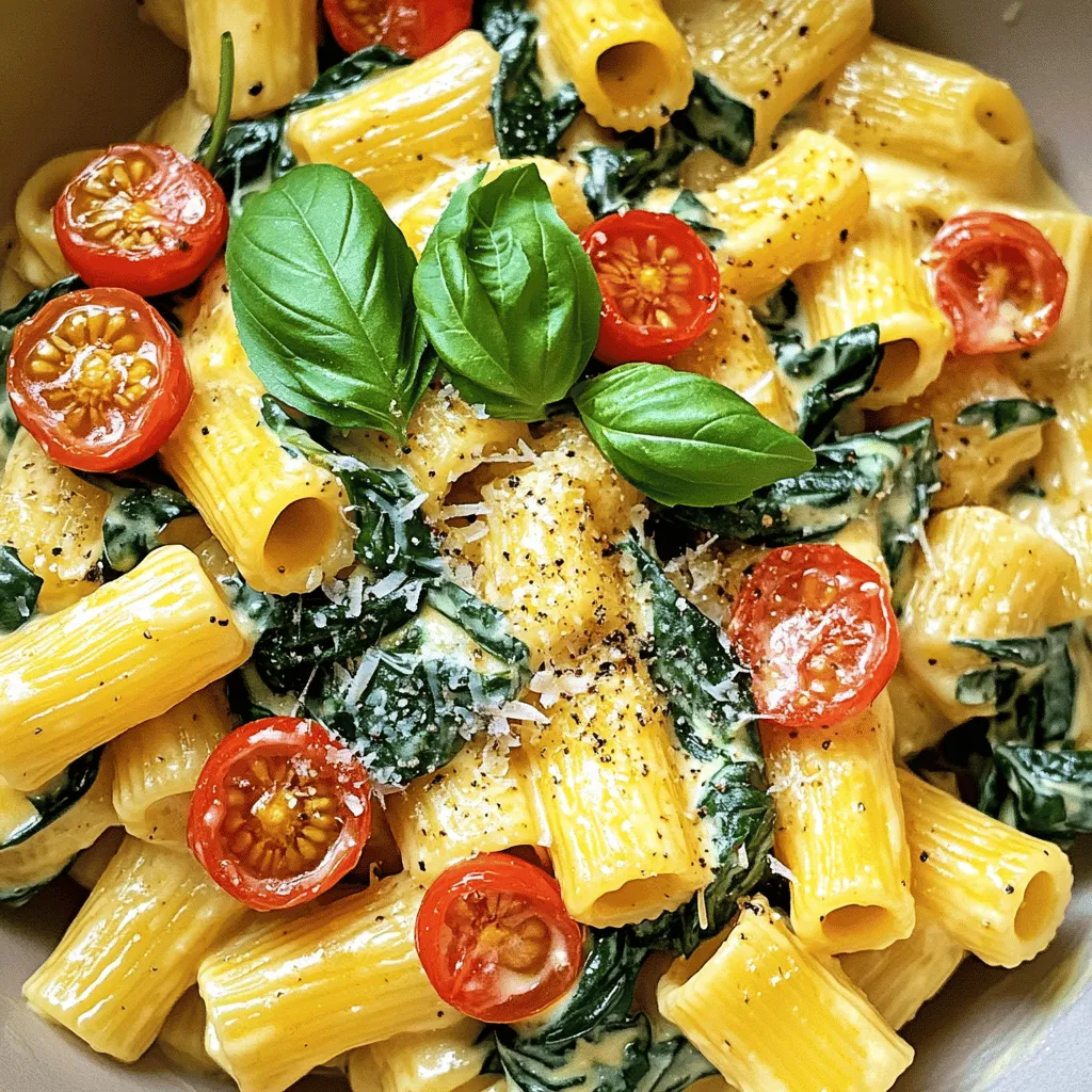 - 12 ounces rigatoni pasta - 2 tablespoons extra virgin olive oil - 3 cloves garlic, finely minced - 1 cup cherry tomatoes, halved - 4 cups fresh spinach, washed and dried - 1 cup heavy cream - ½ cup freshly grated Parmesan cheese - Salt and freshly ground black pepper to taste - ½ teaspoon red pepper flakes (optional) - Fresh basil leaves for garnish For this creamy rigatoni with spinach and tomato delight, I use simple yet fresh ingredients. The rigatoni pasta forms the base, and it holds the sauce beautifully. Extra virgin olive oil adds a rich flavor. Garlic gives it a nice aroma and taste that fills your kitchen. I love cherry tomatoes because they burst with sweetness. They add color and freshness to the dish. Spinach is my go-to for adding greens; it wilts down nicely and adds nutrients. Heavy cream creates that rich and creamy sauce that binds everything together. For seasoning, freshly grated Parmesan cheese is key. It melts into the sauce, making it even creamier. I add salt and black pepper to taste, and red pepper flakes bring a hint of heat if you like a little spice. Finally, fresh basil leaves not only look pretty but also add a burst of flavor. This combination of ingredients makes a simple, tasty dish that everyone will enjoy. You can find the full recipe to make this delightful meal. Bring a large pot of salted water to a rolling boil. I use about a tablespoon of salt. It makes the pasta taste better. Once the water is boiling, add the rigatoni. Cook it for about 8 to 10 minutes until it is al dente. This means it should be firm but not hard. Before draining, reserve 1 cup of that pasta water. It has the starch that helps the sauce stick. In a large skillet, heat 2 tablespoons of olive oil over medium heat. Once it’s hot, add 3 cloves of minced garlic. Sauté the garlic for about 30 seconds until it smells good. Be careful not to burn it. Next, add 1 cup of halved cherry tomatoes. Cook them for about 3 to 4 minutes until they soften and release their juices. This brings out their sweet flavor. Now, stir in 4 cups of fresh spinach. Cook it until it wilts, which takes about 2 to 3 minutes. If you like a little heat, sprinkle in ½ teaspoon of red pepper flakes. Next, pour in 1 cup of heavy cream. Lower the heat and let it simmer for 2 to 3 minutes. Gradually add ½ cup of freshly grated Parmesan cheese. Stir until it melts and the sauce becomes creamy. Taste it, then season with salt and black pepper. Add the cooked rigatoni to the skillet. Toss it in the creamy sauce until every piece is coated. If the sauce is too thick, use the reserved pasta water. Add it a little at a time until you reach the right consistency. This step makes your creamy rigatoni just perfect. For the full recipe, check out the detailed instructions above. To get a creamy sauce, use heavy cream. It blends well with other ingredients. Pour it in slowly to control the thickness. Adding freshly grated Parmesan cheese is key. It melts better and adds rich flavor. Pre-packaged cheese might not give you the same result. To boost taste, try adding fresh herbs like basil or thyme. A pinch of garlic powder or onion powder can also enhance the dish. To balance the creaminess, add a splash of lemon juice or vinegar. This will brighten the flavors and keep the dish fresh. Serve creamy rigatoni in wide, shallow bowls. This gives it room to shine. Sprinkle extra Parmesan on top for a nice touch. Fresh basil leaves not only add flavor but also look great. For a pop of color, consider adding a few cherry tomatoes on top. This makes the dish visually appealing and delicious. {{image_4}} You can easily add protein to your creamy rigatoni. Grilled chicken or shrimp works great. Just cook them separately and toss them in at the end. This adds flavor and makes the dish heartier. If you prefer a vegetarian option, try chickpeas. They are packed with protein and add a nice texture. Simply rinse and drain a can of chickpeas, then mix them in with the pasta. This keeps your meal bright and nutritious. Spinach is a classic, but you can mix it up. Try kale or arugula instead. Both greens add a different flavor and texture. Just sauté them until they wilt, just like you do with spinach. You can also add other veggies. Mushrooms and bell peppers are excellent choices. Sauté them with garlic for extra taste. This not only enhances the dish but also gives it more color. If you're looking for gluten-free options, swap the rigatoni for gluten-free pasta. Many brands offer great alternatives that taste just as good. Just follow the cooking instructions on the package. For a vegan dish, use plant-based cream instead of heavy cream. Almond or coconut cream works well. You still get that rich, creamy texture without dairy. Try these adjustments to fit your dietary needs while enjoying a delicious meal. For the complete recipe, check out the [Full Recipe]. To store leftover creamy rigatoni, let it cool down first. Place the pasta in a shallow container. Cover it tightly with a lid or plastic wrap. This helps keep it fresh. Use a container that is airtight to avoid any odors. I recommend glass or BPA-free plastic containers for best results. If you want to freeze creamy rigatoni, follow these steps. First, let the dish cool completely. Portion it into freezer-safe containers. Leave some space at the top for expansion. Seal the containers tightly. To thaw, move the dish to the fridge overnight. Reheat it on the stove or in the microwave for great taste. In the fridge, creamy rigatoni lasts about 3 to 4 days. In the freezer, it stays good for up to 2 months. Always check for signs of spoilage. If it smells off or has changed color, it’s best to throw it away. Enjoy your Creamy Rigatoni Delight fresh and delicious! For the complete recipe, check out the Full Recipe section. You can use several options to replace heavy cream. Here are some ideas: - Half-and-half: A mix of milk and cream works well. - Whole milk with butter: Combine ¾ cup of whole milk with ¼ cup of melted butter. - Cream cheese: Soften and blend it for a creamy texture. - Greek yogurt: Use plain Greek yogurt for a tangy taste. These substitutes make the dish lighter while still keeping it rich and tasty. Yes, you can prepare creamy rigatoni in advance. Cook the pasta and make the sauce, then mix them together. Store it in the fridge. When ready to eat, reheat it on low heat. Add a splash of water or broth to loosen the sauce. This keeps the dish creamy without drying it out. To boost the flavor of your pasta, try these tips: - Use fresh herbs: Basil, parsley, or thyme add a fresh taste. - Add lemon juice: A splash brightens the dish and cuts the creaminess. - Season well: Taste and adjust salt and pepper as needed. - Sauté vegetables: Cook onions or peppers for added depth. These simple steps enhance the overall flavor without much extra work. Creamy rigatoni is almost a one-pot meal. You cook the pasta and sauce in one pan, which makes cleanup easy. Just boil the pasta first, then sauté and mix everything in the same skillet. This method saves time and keeps flavors combined. Creamy rigatoni pairs nicely with several sides: - Garlic bread: Perfect for soaking up the sauce. - Mixed greens salad: A light salad adds a fresh crunch. - Roasted vegetables: Carrots or zucchini complement the dish. These sides balance the creaminess and add variety to your meal. For the full recipe, check the section above. This blog post guides you through making creamy rigatoni. We covered the main and additional ingredients. I detailed the cooking steps and tips for perfecting the cream sauce. You learned about variations to suit diets and how to store leftovers. In conclusion, this dish is easy to customize and enjoyable for all. Experiment with flavors and ingredients to make it your own. Enjoy your cooking journey!