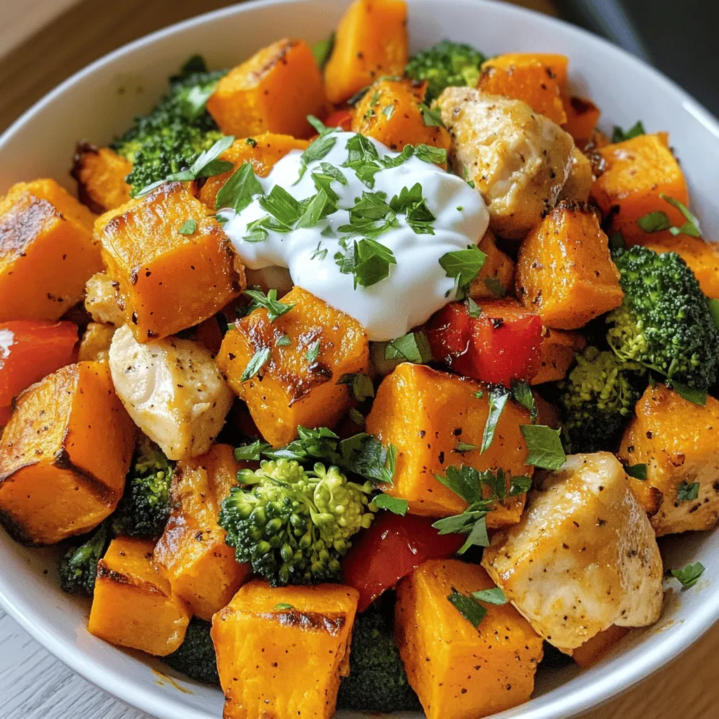 - Chicken: boneless, skinless chicken breast - Sweet Potatoes: 2 medium, peeled and cubed - Vegetables: red bell pepper and fresh broccoli florets To make a great chicken and sweet potato bowl, you need fresh, quality ingredients. The chicken should be boneless and skinless for easy cooking. Sweet potatoes bring a sweet taste and creamy texture. I love using red bell peppers for their crunch and bright color. Fresh broccoli florets add a nice bite and a green touch. - Extra virgin olive oil - Smoked paprika - Garlic powder - Ground cumin - Salt and freshly ground black pepper Seasoning is key to bringing out the flavors. I use extra virgin olive oil for its rich taste. Smoked paprika adds a nice, smoky flavor. Garlic powder gives depth to the dish, while ground cumin adds warmth. Salt and black pepper enhance all the flavors. Don't skip this step! - Creamy Greek yogurt - Fresh parsley for garnish For serving, I recommend creamy Greek yogurt. It adds a cool, tangy element. Fresh parsley adds color and brightness to your bowl. These components make your dish not just tasty but also pretty to look at. For the full recipe, check out the link above. 1. Preheat your oven to 400°F (200°C). This helps the sweet potatoes roast well. 2. Take 2 medium sweet potatoes, peel them, and cube them into bite-sized pieces. 3. In a mixing bowl, drizzle 1 tablespoon of olive oil over the cubed sweet potatoes. 4. Add 1 teaspoon of smoked paprika, 1 teaspoon of garlic powder, and 1 teaspoon of ground cumin. 5. Sprinkle salt and black pepper to taste. Toss it all together until the sweet potatoes are coated. 1. Spread the seasoned sweet potatoes on a baking sheet. Make sure they are in a single layer. 2. Roast the sweet potatoes for about 20 minutes. Stir them halfway for even cooking. 3. Look for a tender texture with crispy edges. This gives great flavor and crunch. 1. While the sweet potatoes roast, heat the remaining tablespoon of olive oil in a large skillet over medium heat. 2. Add 1 pound of diced chicken breast to the skillet. Season with salt and pepper for better taste. 3. Sauté the chicken for 5-7 minutes. You want the chicken to be golden brown and cooked through. 4. Next, add 1 sliced red bell pepper and 1 cup of fresh broccoli florets to the skillet. 5. Stir-fry for another 5-6 minutes. The vegetables should be bright and tender but still crisp. 6. Once done, remove from heat and let it cool for a couple of minutes. 7. To assemble, start with roasted sweet potatoes as the base. Top with the chicken and vegetable mix. 8. Serve with a dollop of creamy Greek yogurt and a sprinkle of fresh parsley. You can find the Full Recipe above for more detailed instructions. To roast sweet potatoes, set your oven to 400°F (200°C). This heat helps them cook fast and get crispy. Spread the sweet potatoes in a single layer on your baking sheet. This way, they roast evenly. Cook them for about 20 minutes. Stir halfway through cooking for the best results. When sautéing chicken, use a hot skillet with olive oil. This helps the chicken brown nicely. Cook the chicken pieces for 5-7 minutes until they are no longer pink inside. Make sure to season them with salt and pepper as they cook. This adds great flavor. Layering your bowls can be fun! Start with a base of roasted sweet potatoes. Add the chicken and veggie mix on top. For a vibrant look, use colorful bowls. A splash of olive oil on top adds shine. Garnish with fresh parsley. This adds a pop of color and taste. You can also add extra yogurt on top for creaminess. Want to kick up the flavor? Try adding chili powder for heat or lemon juice for brightness. You can also mix in some fresh herbs, like cilantro or basil. These give your dish freshness and depth. If you love sauces, drizzle some tahini or hot sauce over your bowls. This adds creaminess and a spicy kick. Experiment with flavors! Each bowl can be a new adventure. {{image_4}} If you want to switch things up, try different proteins. Tofu or shrimp can work great. Both options add a nice twist to your bowl. You can also mix in other veggies. Think about using zucchini, carrots, or even kale. Each vegetable adds its own flavor and texture. Don't be afraid to experiment! Changing the seasonings can take your bowl to the next level. Want it spicy? Add some cayenne pepper or chili flakes. Prefer a herby taste? Use fresh herbs like thyme or basil. You can also mix in a splash of soy sauce or teriyaki for a unique flavor. The key is to find what you love and make it yours. If you need gluten-free or dairy-free options, it’s easy to adjust. For gluten-free, make sure your seasonings are safe and skip the yogurt. You can use avocado or a dairy-free yogurt instead. This keeps your bowl creamy without the dairy. Remember, cooking should fit your needs while still being tasty! For the full recipe, check out the link above. After making your chicken and sweet potato bowls, let them cool down. Place leftovers in an airtight container. Store them in the fridge for up to three days. When you reheat them, make sure they reach a safe temperature. This keeps the flavors fresh and delicious. You can prepare these bowls ahead of time. Cook the chicken and sweet potatoes, then let them cool. Divide each ingredient into meal prep containers. This way, you can grab a bowl and heat it quickly. Add the yogurt and parsley just before serving. It keeps everything fresh and tasty. If you want to save some bowls for later, freezing works well. You can freeze the chicken and sweet potatoes separately. Use freezer-safe bags or containers. When you want to eat them, thaw overnight in the fridge. Reheat them in the oven or microwave. This keeps the meal tasty and easy to enjoy later. You can make Chicken and Sweet Potato Bowls healthier by making some easy swaps. Use skinless chicken thighs for leaner protein. Choose olive oil sprays instead of pouring oil directly. Add more veggies, like spinach or kale, to boost fiber and nutrients. You can also cut back on yogurt or use a low-fat version. Yes, you can use leftover chicken in this recipe. Simply chop the cooked chicken into bite-sized pieces. Add it to the skillet after the veggies are cooked. Heat it through for a few minutes to warm it up. This saves time and reduces waste! You can add many tasty toppings to these bowls. Consider chopped nuts for crunch, like almonds or walnuts. Seeds like pumpkin or sunflower seeds add a nice touch too. For extra flavor, drizzle with tahini or your favorite dressing. Fresh herbs like cilantro or chives also work well. Find the full recipe for Savory Chicken and Sweet Potato Bowls [here](insert-link). This article covered how to make delicious Chicken and Sweet Potato Bowls. We talked about key ingredients like chicken and sweet potatoes, plus seasonings and garnishes. I shared step-by-step instructions for preparation and cooking. You learned tips for perfect roasting and presentation. There are also variations to suit your taste and dietary needs. Remember, cooking is about creativity. Don’t hesitate to experiment! Enjoy your meals and make them your own.