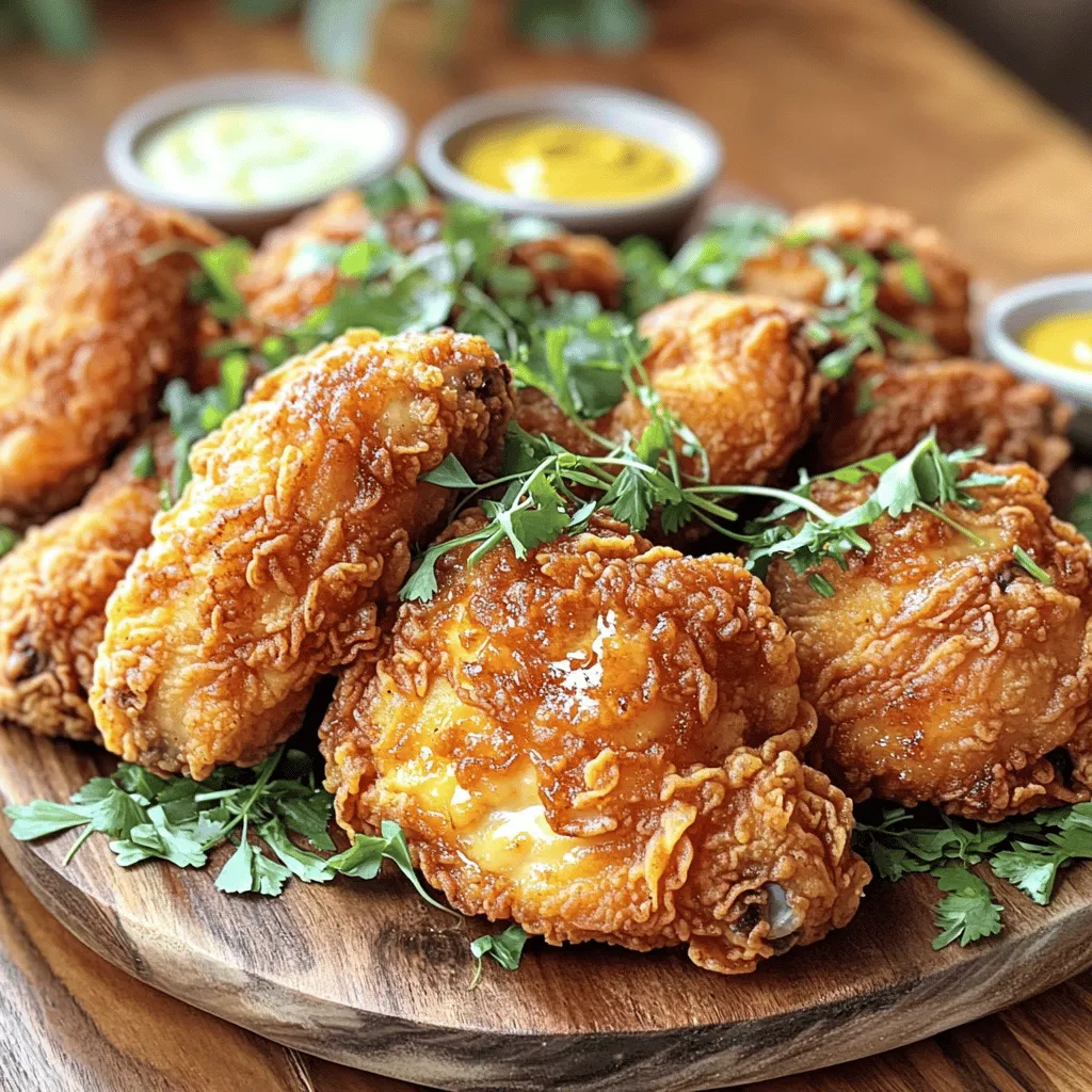 - Chicken options: 4 pieces of chicken (thighs, drumsticks, or breasts with skin) - Buttermilk: 1 cup for marinating - Hot sauce: 1 teaspoon (optional for heat) - All-purpose flour: 1 ½ cups for coating - Smoked paprika: 1 teaspoon for extra depth - Garlic powder: 1 teaspoon for flavor - Onion powder: 1 teaspoon for sweetness - Cayenne pepper: ½ teaspoon (adjust for heat preference) - Kosher salt: 1 teaspoon for seasoning - Freshly cracked black pepper: ½ teaspoon for spice - Vegetable oil: enough for frying (about 2 inches in the pan) These ingredients make your fried chicken crispy and packed with flavor. The buttermilk helps tenderize the chicken, while the spices in the flour create a crunchy, tasty coating. - Large deep skillet or Dutch oven: This will hold the oil for frying. - Thermometer for oil temperature: This ensures your oil is hot enough. - Mixing bowls and whisk: Use these to mix your buttermilk and spices. With these ingredients and tools, you are ready to make the best fried chicken. The crispy texture and rich flavors will impress anyone who tries it. For the full recipe, check out the details in the earlier section! Marinating chicken is key to great flavor. It helps the meat soak up spices and moisture. For this recipe, we use buttermilk. It makes the chicken tender and juicy. Mix 1 cup of buttermilk with 1 teaspoon of hot sauce if you want some heat. Place the chicken in this mixture. Cover it and put it in the fridge for at least 2 hours, or overnight if you can. The longer it sits, the better it gets! Next, we prepare the coating. In a shallow bowl, mix 1 ½ cups of flour with your spices. Use 1 teaspoon of smoked paprika, garlic powder, and onion powder. Add ½ teaspoon of cayenne pepper for heat, along with 1 teaspoon of kosher salt and ½ teaspoon of black pepper. Stir this well to spread the flavors evenly. To make the coating stick, remove the chicken from the buttermilk. Let any extra liquid drip off. Then, dredge the chicken in the flour mix, pressing gently to make sure it sticks. Now it's time to cook! Heat vegetable oil in a large, deep skillet. Use about 2 inches of oil and heat it to 350°F (175°C). A thermometer helps here for the perfect temperature. Carefully place the coated chicken in the hot oil. Do not overcrowd the pan; fry in batches if needed. Cook for about 12-15 minutes, turning halfway through. The chicken should turn a nice golden brown. Make sure its internal temperature reaches 165°F (75°C). Once cooked, place the fried chicken on a wire rack or a plate with paper towels. This helps drain excess oil and keeps it crispy. To get that perfect crispy skin, start with a few simple tricks. First, ensure you marinate the chicken well. A good soak in buttermilk helps tenderize the meat and adds flavor. The longer you marinate, the better it gets. Aim for at least two hours, but overnight is best. Next, when you coat the chicken, press the flour mix onto the meat. This helps it stick better. For frying, heat your oil to 350°F (175°C). Use a thermometer for accuracy. This temperature creates a nice golden crust while keeping the inside juicy. To spice up your flour mix, add smoked paprika, garlic powder, onion powder, and cayenne pepper. These spices give your chicken a flavorful kick. You can adjust the cayenne based on how spicy you like it. For dipping sauces, consider serving honey mustard or ranch. These pair well with fried chicken. You can also try a spicy aioli for an extra kick. These sauces add a fun twist and enhance the overall flavor. For the full recipe, check out the Crispy Dreams Fried Chicken. {{image_4}} Fried chicken varies greatly across regions. Southern fried chicken is known for its crispy crust and juicy meat. It often uses a simple blend of flour and spices. This method gives it a classic taste. On the other hand, Nashville hot chicken brings the heat. It features a spicy oil paste that coats the fried chicken. This adds a fiery kick to every bite. You can serve it with pickle slices to cool down the spice. Asian-inspired fried chicken offers delightful twists. Korean fried chicken is double-fried for extra crispiness. It often has a sweet and spicy glaze made from gochujang. Japanese karaage uses a soy marinade and potato starch for a light, crunchy coating. Each style has unique flavors and textures. Exploring these options can make your fried chicken experience even more exciting. If you're looking for healthier ways to enjoy fried chicken, consider oven-fried versions. These recipes use less oil and still achieve a crispy outside. You can coat chicken pieces with seasoned breadcrumbs or a mix of flour and spices. Bake them until golden and crunchy. Baked chicken can also mimic fried chicken flavors. You can use similar spices and marinades. Marinating in buttermilk keeps the meat juicy. Oven-baking allows you to control the fat content while still enjoying tasty chicken. These options let you savor the deliciousness without the extra grease. To keep your fried chicken crispy, store it correctly. First, let the chicken cool. If you put hot chicken in a container, it gets soggy. Place the chicken on a wire rack. This allows air to circulate around it. Use an airtight container for storage. A heavy-duty plastic bag works well too. Line the container with paper towels. This absorbs any moisture and helps keep the chicken crispy. Store it in the fridge if you plan to eat it within a few days. Reheating fried chicken can be tricky. You want it hot without losing its crunch. The air fryer is a great choice. Preheat it to 375°F (190°C). Place the chicken in a single layer. Heat for about 5-7 minutes. This method brings back the crispiness. You can also use the oven. Preheat it to 400°F (200°C). Place the chicken on a baking sheet. Heat for 10-15 minutes. This method works well but may take longer. For the best results, always check the internal temperature. It should reach 165°F (75°C) to ensure it’s safe to eat. The secret to juicy fried chicken lies in marination and cooking temperature. Marinating the chicken in buttermilk adds moisture and flavor. It also helps tenderize the meat. I recommend marinating for at least two hours, but overnight is best. This gives the buttermilk time to work its magic. Cooking temperature is just as crucial. Make sure your oil reaches 350°F (175°C) before adding the chicken. This high heat creates a crispy crust while keeping the inside juicy. If your oil is too cool, the chicken will absorb more oil and become greasy. Use a thermometer for accuracy. Yes, you can freeze fried chicken! To freeze it properly, let the chicken cool completely. Once cool, wrap each piece in plastic wrap. Then place them in a freezer bag. Removing as much air as possible helps prevent freezer burn. When you are ready to enjoy it, thaw the chicken in the fridge. This keeps it safe and helps maintain texture. Reheat in the oven at 375°F (190°C) to get the skin crispy again. You can keep leftover fried chicken in the fridge for up to four days. Store it in an airtight container to maintain freshness. If you want it to last longer, freezing is a great option. Just remember to follow the freezing tips I shared. For the best taste and safety, eat your fried chicken within these time frames. This way, you can enjoy that crispy, flavorful goodness! To make the best fried chicken, start with quality ingredients like fresh chicken and buttermilk. Use the right tools for frying to ensure safety and efficiency. Follow the steps for marinating, coating, and cooking to achieve crispy, juicy results. Experiment with seasoning and regional styles for variety. Finally, store your chicken properly and reheat it the right way to keep it delicious. Perfect fried chicken can be yours with practice and these tips. Enjoy every bite and make it your own!