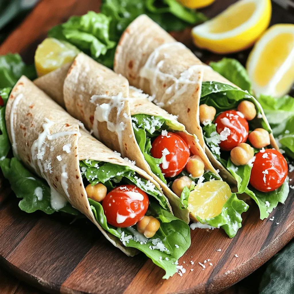 Chickpeas are the star of this dish. They are packed with protein and fiber. They help keep you full and satisfied. Fresh romaine lettuce adds a crisp texture and bright flavor. It is key for that classic Caesar crunch. You can also add optional toppings. Consider avocado, croutons, or even olives for extra flavor. Each topping brings its own taste and texture. You can use store-bought Caesar dressing to save time. However, making your own can add a personal touch. If you want to skip the cheese, try nutritional yeast. It gives a cheesy flavor without dairy. For spices, consider adding a pinch of smoked paprika or cayenne. These spices can elevate the taste and add a kick. Start by mixing the chickpeas, lettuce, tomatoes, and cheese in a bowl. Use a fork to crush some chickpeas. This adds creaminess to the salad. Make sure the dressing coats everything evenly. You want each bite to be flavorful. To fold your tortillas, lay one flat on a clean surface. Place the salad mixture in the center, but don't overfill it. Fold in the sides and roll it from the bottom up. This keeps your wrap secure and neat. Cut each wrap in half for a pretty presentation. Serve with lemon wedges for a zesty kick. For the full recipe, check out the sections above. To elevate your Chickpea Caesar Salad Wraps, consider these tips: - Suggested add-ins for more texture: Try adding diced cucumbers or sliced bell peppers. These will add crunch and freshness. You can also toss in some sunflower seeds for a nutty bite. - Using fresh herbs for added freshness: Chopped parsley or basil can brighten up the dish. Fresh herbs add layers of flavor that make each bite exciting. - Balancing flavors with acidity and seasoning: A squeeze of fresh lemon juice can bring out the flavors. Adjust the salt and pepper to taste. A bit of zest can make a big difference. Watch out for these common pitfalls: - Overfilling wraps: It may seem tempting to load them up, but too much filling can lead to messy wraps. Keep it simple for easier handling. - Not mashing chickpeas enough: A few mashed chickpeas create a creamy texture. Don’t skip this step; it helps bind the salad. - Using wilted lettuce or veggies: Always use fresh, crisp produce. Wilted greens can ruin the taste and look of your wraps. If you want to switch things up, consider these options: - Substituting chickpeas with other beans: You can use black beans or kidney beans. They provide a different flavor while still being healthy. - Adding grilled chicken or tofu for non-vegans: For more protein, grilled chicken or tofu works well. Just season them to match the Caesar flavor profile. - Considerations for flavor adjustment: If you change the main protein, adjust the seasoning as needed. Different beans or proteins may need a different touch. You can change the dressing to suit your taste: - Recipes for homemade versions: Making your own Caesar dressing is easy. Blend garlic, anchovies, lemon juice, and oil for a fresh taste. - Vegan dressing options to consider: For a vegan option, try blending cashews with lemon juice and nutritional yeast. This creates a creamy and tasty version. - Using yogurt or avocado as a base: Both yogurt and mashed avocado can create a rich dressing. They add creaminess without the need for mayo. For the full recipe, check out the detailed instructions above. To keep your Chickpea Caesar Salad Wraps fresh, you need to store them well. If you have leftovers, refrigerate them right away. Always aim to eat the wraps fresh for the best taste. Use airtight containers to keep the wraps intact. This helps prevent them from getting soggy. You can also wrap them in foil or plastic wrap for extra protection. Store wraps in the fridge for up to three days. After that, the flavors may fade, and the texture can change. If you want to reheat your wraps, do it carefully. The goal is to warm them without losing their great taste. The oven is the best choice for reheating. Preheat it to 350°F (175°C). Wrap your Chickpea Caesar Salad Wrap in foil and heat for about 10-15 minutes. This keeps them soft and tasty. You can also use a microwave if you’re short on time. Place the wrap on a microwave-safe plate. Heat it for about 30 seconds to 1 minute. Check to see if it’s warm enough. Remember, microwaving can make the wrap a bit soggy, so use it as a last resort. Following these tips ensures your wraps stay delicious and enjoyable! For more details on making these wraps, check the Full Recipe. {{image_4}} Each serving of Chickpea Caesar Salad Wraps has about 300 calories. You get 10 grams of protein, 12 grams of fat, and 40 grams of carbs. Chickpeas are high in fiber, which helps digestion. Romaine lettuce adds vitamins A and K. Parmesan cheese gives calcium for strong bones. This meal is not just tasty; it also fuels your body. For gluten-free options, use corn tortillas or lettuce wraps instead of whole wheat tortillas. If you want a lower-calorie version, skip the cheese or use a lighter dressing. Always check the ingredient labels for allergens. This wrap contains chickpeas, dairy, and wheat. If you or your guests have allergies, choose your ingredients wisely. These wraps are great for many diets. You can adjust the ingredients to fit your needs. Whether you’re vegan, gluten-free, or just health-conscious, you can make this dish work for you. Remember, Chickpea Caesar Salad Wraps are not just good for you; they are also fun to eat! For more details, check the Full Recipe. To make these wraps vegan, you can swap out the Parmesan cheese for a plant-based version. Nutritional yeast is a great choice for a cheesy flavor without dairy. For the dressing, look for a vegan Caesar dressing at the store, or make your own using tahini, lemon juice, and garlic. These options keep all the rich flavors while being plant-based. Yes, you can prepare Chickpea Caesar Salad Wraps in advance. To do this, mix the salad filling the night before. Store it in an airtight container in the fridge. Wrap the tortillas separately to keep them fresh. When you’re ready to eat, simply assemble your wraps. This method keeps the wraps crisp and tasty. You can serve these wraps with a variety of side dishes. A light soup, like tomato basil, pairs well. You might also enjoy a fresh fruit salad for a sweet touch. For drinks, consider iced tea or sparkling water. These options complement the flavors of the wraps nicely. Chickpea Caesar Salad Wraps are tasty and easy to make. We explored the key ingredients, from chickpeas to fresh romaine lettuce. I shared steps for mixing the salad and making secure wraps. Tips on storage and reheating help keep your wraps fresh. In conclusion, this dish is flexible and healthy. It's perfect for lunch or dinner. You can customize it to fit your taste. Getting creative with flavors will make this meal even better. Enjoy your wraps and the health benefits they bring!