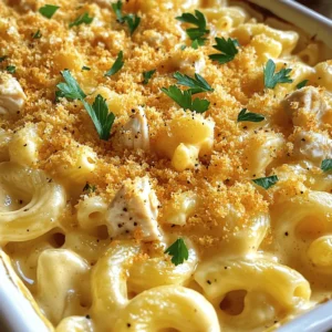 - 8 oz elbow macaroni (227 g): This pasta shape holds the creamy sauce well. - 1 lb chicken breast, diced into bite-sized pieces (454 g): Choose fresh chicken for the best taste. - 2 tablespoons olive oil (30 ml): This oil adds flavor and helps cook the chicken. - Salt and freshly ground pepper, to taste: Season to enhance the dish's overall taste. - 1 teaspoon smoked paprika (2 g): This spice adds a warm, smoky flavor to the chicken. - 1/2 teaspoon garlic powder (1 g): It brings a nice garlic flavor without too much fuss. - 1/2 teaspoon onion powder (1 g): This adds depth to the chicken's taste. - 1 cup heavy cream (240 ml): It creates a rich, creamy sauce that coats everything. - 1 cup sharp cheddar cheese, freshly grated (113 g): Look for a good-quality brand for the best melt. - 1/2 cup cream cheese, softened to room temperature (120 g): This helps thicken the sauce and adds richness. - 2 tablespoons honey (30 ml): It balances the spice with a touch of sweetness. - 1/2 teaspoon freshly cracked black pepper (1 g): Adjust this for a kick in flavor. - 1 cup breadcrumbs (optional, for topping): Use for a crunchy texture on top when baked. - Fresh parsley, chopped, for garnish: This adds color and freshness to the dish. Each ingredient plays a key role in making creamy honey pepper chicken mac and cheese a delight. When you gather them, think about quality. Fresh ingredients make your meal even better. For detailed cooking steps, refer to the Full Recipe. To cook the macaroni, start by bringing a large pot of salted water to a boil. This adds flavor to the pasta. Once boiling, add 8 oz of elbow macaroni. Follow the package instructions and cook until al dente, usually about 8-10 minutes. You want it firm but not hard. Drain the macaroni in a colander and set it aside. To avoid stickiness, toss it with a little olive oil while it cools. Next, let’s prepare the chicken. Take 1 lb of diced chicken breast and season it well. Use salt, pepper, smoked paprika, garlic powder, and onion powder. Mix the spices so every piece is coated. Heat 2 tablespoons of olive oil in a large skillet over medium heat. Add the chicken and cook for 6-8 minutes. Stir often until the chicken is fully cooked and no longer pink. You can check this by cutting a piece in half. If the inside is white, it’s done! Remove it from the heat and set it aside. Now, we’ll make the cheese sauce. In a medium saucepan, combine 1 cup of heavy cream and 1/2 cup of softened cream cheese. Heat it over low heat, stirring until it’s smooth. Gradually add 1 cup of freshly grated sharp cheddar cheese. Keep stirring until the cheese melts and the sauce is creamy. To add flavor, stir in 2 tablespoons of honey and 1/2 teaspoon of freshly cracked black pepper. Taste the sauce and adjust the sweetness or spice to your liking. It’s time to mix everything! Add the cooked macaroni and the chicken to the cheese sauce. Stir well to coat all the pasta and chicken in the creamy goodness. Taste the mixture to check the seasoning. Adjust with more salt or pepper if needed. This step ensures every bite is full of flavor! If you want a crispy top, you can bake it. Transfer the mac and cheese mixture to a greased baking dish. Top it with 1 cup of breadcrumbs for that extra crunch. Place it under the broiler for 2-3 minutes. Watch closely until the top is golden brown and crispy. This step adds a nice texture contrast to the creamy dish. Enjoy your Creamy Honey Pepper Chicken Mac and Cheese! For the full recipe, check out the details above. To boost the taste of your creamy honey pepper chicken mac and cheese, consider adding some spices. Try a pinch of cayenne for heat or some dried thyme for earthiness. If you want more sweetness, add a bit more honey. For extra spice, increase the black pepper. Always taste as you go to find your perfect balance. One common mistake is letting the cheese clump. To avoid this, add cheese slowly and stir well. Make sure the cream mixture is warm but not boiling. If you plan to make this dish ahead of time, cook the macaroni and chicken first. Mix them with the cheese sauce, but leave out any breadcrumbs or baking steps. Store in the fridge, and then bake when you’re ready to serve. Pair your mac and cheese with a light salad or steamed vegetables. This helps balance the creamy dish. For a fun twist, serve it in a bowl with a sprinkle of fresh parsley on top. You can also plate it neatly for a formal touch. The bright colors of the parsley can really make your dish pop. {{image_4}} You can switch the chicken for other proteins. Shrimp, turkey, or tofu work well. If using shrimp, cook it for just 3-4 minutes until pink. For turkey, use ground turkey. Cook it for about 8-10 minutes. Tofu can be cubed and sautéed for a tasty vegetarian option. You may need to adjust the spices to match your protein choice. Not a fan of cheddar? You can use gouda, mozzarella, or pepper jack. Each cheese gives a unique flavor. For a vegan option, try cashew cheese or a store-bought vegan cheese. Just ensure it melts well for that creamy texture. You can easily add vegetables to your mac and cheese. Spinach, broccoli, or peas are great choices. They add color and nutrition. For toppings, consider crispy bacon, fried onions, or extra cheese. These little touches can elevate your dish to the next level. Feel free to experiment and see what you love the most! For the full recipe, check out the complete guide. To store your creamy honey pepper chicken mac and cheese, use an airtight container. This helps keep the dish fresh. Allow it to cool before sealing. Place it in the refrigerator. It stays good for up to three days. For longer storage, transfer it to freezer-safe containers. To reheat, use a microwave or an oven. If using a microwave, place the dish in a bowl. Add a splash of milk to restore creaminess. Heat in short bursts, stirring in between. If you prefer the oven, preheat it to 350°F (175°C). Cover the dish with foil to keep it moist. Heat for about 20 minutes or until warm. You can freeze creamy honey pepper chicken mac and cheese. First, let it cool completely. Then, portion it into freezer-safe bags or containers. Remove as much air as possible. It can last for up to three months in the freezer. To thaw, place it in the fridge overnight. Reheat it as mentioned above for the best results. To make this creamy honey pepper chicken mac and cheese gluten-free, you can use gluten-free pasta. Look for brands like Barilla or Banza, which offer great texture. For breadcrumbs, try using gluten-free breadcrumbs or crushed gluten-free crackers. Both options work well as a topping. Yes, you can! While elbow macaroni is classic, feel free to switch it up. Penne, fusilli, or even shells work well. Choose a shape that holds sauce nicely. The key is to cook it until al dente, so it doesn’t get mushy. If you need a dairy-free option, use cashew cream or silken tofu. Both provide a creamy texture. You can also try a dairy-free cream cheese spread. Just ensure it has a similar tangy flavor to match the dish. To lighten up this recipe, use low-fat cream cheese and replace heavy cream with skim milk or unsweetened almond milk. Reduce the amount of cheese, too. You can add more spices for flavor without the extra calories. Yes, you can prep this dish ahead! Cook the pasta and chicken, then mix them with the sauce. Store in the fridge for up to 2 days. When ready to serve, reheat in the oven or on the stove. If you bake it, top with breadcrumbs right before baking for a fresh crunch. For the full recipe, visit the link provided. This blog post covered all you need to know for a tasty macaroni and cheese dish. We explored the key ingredients, step-by-step cooking instructions, and clever tips to enhance flavor. You learned how to customize the recipe and keep leftovers fresh. Remember, experimenting with different proteins and cheeses can lead to exciting new flavors. Enjoy every bite, and make this dish your own at every meal. Your kitchen adventures can lead to delicious memories for you and your loved ones!