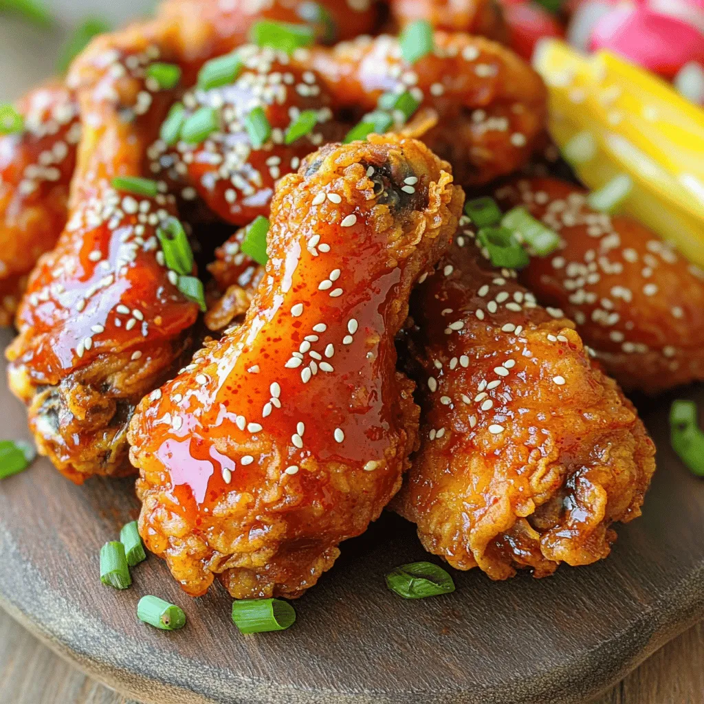 - 1.5 lbs chicken wings or drumsticks - 1 cup all-purpose flour - 1 cup cornstarch - 1 teaspoon baking powder - 1 teaspoon garlic powder - 1 teaspoon onion powder - 1 teaspoon salt - 1/2 teaspoon freshly ground black pepper - Vegetable oil (for frying) For the chicken, I love using wings or drumsticks. They cook evenly and stay juicy. The flour and cornstarch mixture gives the chicken that perfect crunch. The baking powder helps it puff up nicely. Garlic and onion powder add rich flavors. Don't skip the salt and pepper; they season the chicken well. - 1/2 cup gochujang (Korean chili paste) - 1/4 cup honey - 1/4 cup soy sauce - 2 tablespoons rice vinegar - 1 tablespoon sesame oil - 2 cloves garlic, finely minced - 1 tablespoon fresh ginger, finely minced The sauce is the star here! Gochujang brings heat and depth. Honey adds sweetness, while soy sauce gives umami. Rice vinegar adds a tangy note. Sesame oil rounds it all out, making the sauce rich. Fresh garlic and ginger boost the flavor even more. - Sesame seeds - 2 green onions, thinly sliced Garnishes make your dish pop! Sesame seeds add crunch and a nutty flavor. Green onions bring freshness and color. They both enhance the look and taste of your dish. Remember, you can find the full recipe for detailed steps and tips. To start, you need to make the flour coating. Grab a large mixing bowl. Add the following dry ingredients: - 1 cup all-purpose flour - 1 cup cornstarch - 1 teaspoon baking powder - 1 teaspoon garlic powder - 1 teaspoon onion powder - 1 teaspoon salt - 1/2 teaspoon freshly ground black pepper Whisk these ingredients together well. This mixture gives the chicken a crispy texture you will love. Now, let’s coat the chicken. First, pat the chicken wings or drumsticks dry with paper towels. This step helps the coating stick better. Next, take each piece and dredge it through the flour mixture. Make sure it’s fully coated. Shake off any extra flour mix to avoid clumps. Heat up some vegetable oil in a deep frying pan. Aim for about 2 inches deep. Bring the oil to around 350°F (175°C). Carefully add the coated chicken pieces in small batches. Fry them for about 8-10 minutes. Turn them occasionally for even cooking. They should turn golden brown. Make sure the chicken reaches an internal temperature of 165°F (75°C). Once done, move the chicken to a wire rack or paper towels to drain excess oil. Now, it’s time to make the sweet and spicy sauce. In a medium saucepan, mix the following ingredients over medium heat: - 1/2 cup gochujang (Korean chili paste) - 1/4 cup honey - 1/4 cup soy sauce - 2 tablespoons rice vinegar - 1 tablespoon sesame oil - 2 cloves garlic, finely minced - 1 tablespoon fresh ginger, finely minced Stir the mixture well. Let it come to a simmer. Cook for about 5 minutes. This will thicken the sauce. Once thickened, remove the pan from heat. To finish, pour the sauce over the fried chicken in a large bowl. Toss until each piece is well coated. For an added touch, sprinkle sesame seeds and sliced green onions on top. This is the key to your homemade sweet and spicy Korean fried chicken delight. To achieve crispy chicken texture, start with dry chicken. Pat your chicken wings or drumsticks with paper towels. This step helps the coating stick better. Next, use a mix of flour and cornstarch for the best crunch. The cornstarch adds a lightness that flour alone cannot provide. Heat your oil to about 350°F (175°C). This temperature ensures the chicken fries evenly and gets that golden brown color. Fry in small batches to avoid overcrowding. This keeps the temperature steady and allows for even cooking. Adjusting thickness and sweetness is key to a great sauce. For a thicker sauce, let it simmer longer. If it’s too thick, add a splash of water or more vinegar. Sweetness can be increased by adding more honey. Taste as you go! Balance is crucial; you want sweet, spicy, and savory all at once. The sauce should coat the chicken well but not be too runny. A good rule is to make it thick enough to cling to the chicken without dripping off. For a fantastic presentation, arrange the fried chicken on a large platter. Drizzle extra sauce over the top for a glossy look. Sprinkle sesame seeds generously to add texture. Green onions make a fresh garnish and add color. Serve with pickled radishes on the side. They give a nice contrast to the richness of the chicken. You can also add steamed rice or a fresh salad for a complete meal. Try these options to make your chicken dish even more delightful! {{image_4}} You can switch up the chicken for different proteins. Chicken thighs work well if you want dark meat. They stay juicy and tender during cooking. If you're vegan or vegetarian, use tofu or tempeh instead. Press the tofu to remove excess moisture. Then, cut it into bite-sized pieces. You can also use cauliflower for a tasty veggie option. Just coat the florets like you would with chicken. You can change the sauce to match your taste. If you like it sweeter, add more honey. If you want more heat, include extra gochujang. You can also add some sriracha for a different kick. For a tangy twist, add lime juice or more rice vinegar. This lets you create a flavor that is perfect for you. If you or your guests need gluten-free meals, you can easily adjust the recipe. Use gluten-free flour instead of all-purpose flour. Cornstarch is already gluten-free, so you’re set there. Check the soy sauce label and pick a gluten-free version. This way, everyone can enjoy this dish without worry. Feel free to get creative and make this dish your own! For the complete recipe, visit the Full Recipe section. To keep your sweet and spicy Korean fried chicken fresh, use good storage methods. First, let the chicken cool to room temperature. Then, place it in an airtight container. Make sure to separate layers with parchment paper to avoid sticking. Store it in the fridge. It will last up to three days. To reheat, the goal is to keep the chicken crispy. Preheat your oven to 375°F (190°C). Place the chicken on a baking sheet lined with foil. Bake for about 10-15 minutes. This method revives the crunch. You can also use a toaster oven for smaller batches. Avoid using the microwave; it makes the chicken soggy. If you want to freeze your chicken, prepare it first. Allow it to cool completely. Wrap each piece in plastic wrap, then place them in a freezer bag. Squeeze out as much air as you can. Label the bag with the date. You can freeze it for up to three months. To thaw, move it to the fridge overnight before reheating. Making this dish takes about 50 minutes. You need around 20 minutes to prep. Frying the chicken takes about 10 minutes. The sauce takes another 5 minutes. Overall, it’s a quick and tasty meal for any day. Yes, you can use an air fryer. It’s a healthier option. Preheat your air fryer to 375°F (190°C). Lightly coat the chicken with oil before placing it in the basket. Cook for about 25-30 minutes. Check the chicken is crispy and reaches 165°F (75°C) inside. To change the spice level, use less gochujang in the sauce. You can also add honey for sweetness. If you like more heat, add extra gochujang or some chili flakes. Adjust to your taste as you mix the sauce. You learned how to make sweet and spicy Korean fried chicken. I covered main ingredients, cooking steps, and tips. You can customize this dish by changing proteins or sauces. Remember to store leftovers correctly and reheat to keep them crispy. This recipe is fun and easy to adapt for everyone. Enjoy your cooking adventure and share the joy of this tasty dish!