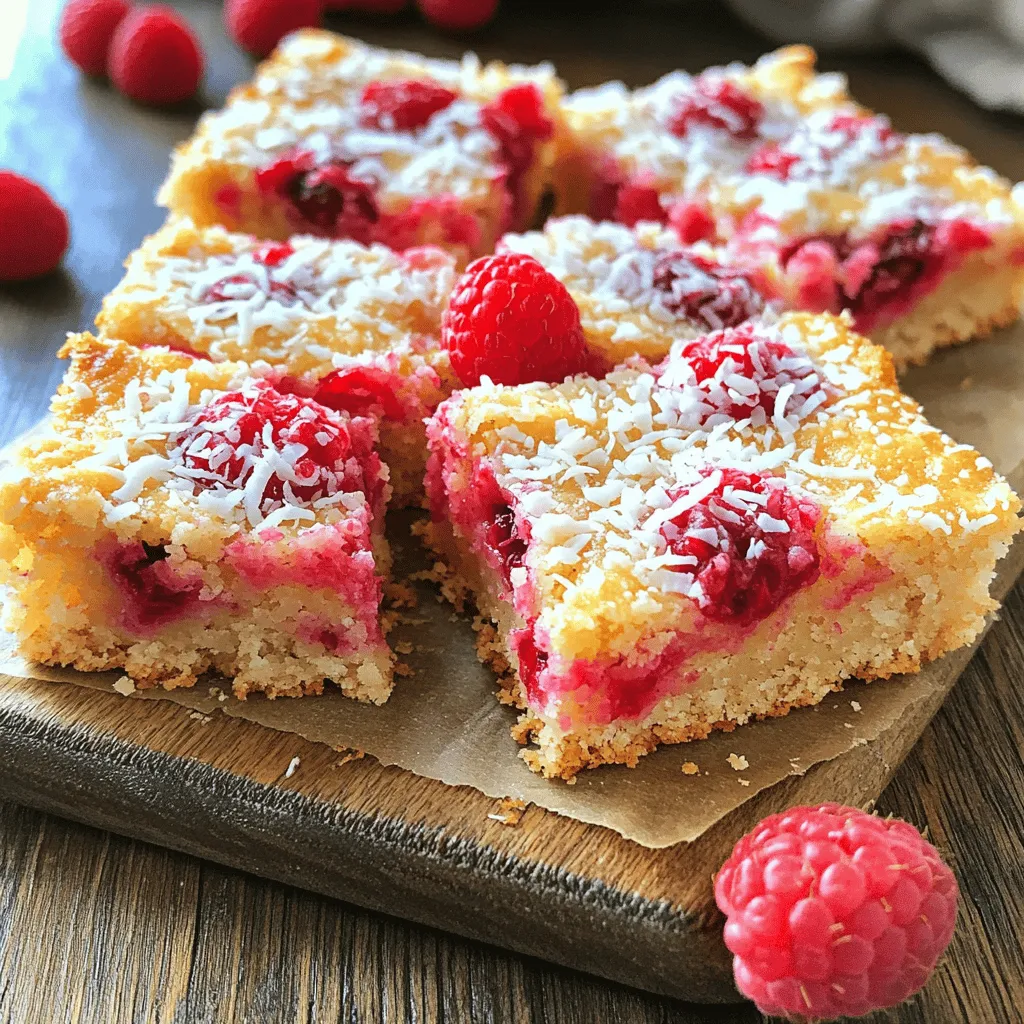 To make Raspberry Coconut Squares, you need a few key items: - 1 cup almond flour - 1 cup shredded unsweetened coconut - 1/2 cup honey or maple syrup - 1/4 cup melted coconut oil - 2 cups fresh raspberries - 1 teaspoon vanilla extract - 1/4 teaspoon salt - 1/4 teaspoon baking powder These ingredients create a tasty and chewy base with a sweet layer of raspberries on top. The almond flour gives a nice nutty flavor, while the shredded coconut adds texture. You can add a bit of crunch by including: - 1/4 cup chopped nuts (e.g., almonds or walnuts) These nuts not only enhance the flavor but also give the squares a delightful bite. Feel free to mix and match based on your tastes! If you want to tweak the recipe, consider these swaps: - Use oat flour instead of almond flour for a gluten-free version. - Replace honey or maple syrup with agave syrup for a vegan option. - For those avoiding coconut, you can use sunflower seeds instead of shredded coconut. These modifications help you create a version that fits your dietary needs while still being delicious. Don't be afraid to experiment! For the complete recipe, check out the Full Recipe section. Start by preheating your oven to 350°F (175°C). Grab an 8x8 inch baking pan and line it with parchment paper. Make sure to leave some paper hanging over the edges. This will help you lift the squares out later. In a large mixing bowl, add the almond flour, shredded coconut, salt, and baking powder. Use a whisk or spoon to mix them together well. This step helps ensure every bite is full of flavor. In another bowl, whisk together the melted coconut oil, honey or maple syrup, and vanilla extract. Mix until smooth. This blend adds sweetness and richness to your squares. Pour the wet mixture into the dry ingredients. Stir until you form a cohesive dough. If you like, fold in the chopped nuts for extra crunch. Next, press the dough evenly into the bottom of your prepared pan. Gently place the fresh raspberries on top. Press some into the dough for a burst of flavor. Now, place your pan in the preheated oven. Bake for about 25-30 minutes. You want the edges to be golden brown and the raspberries to bubble. After baking, let the pan cool for 15 minutes. Lift the squares out using the overhanging parchment paper. Move them to a wire rack to cool completely. Then, cut into 16 squares and enjoy this tasty treat! To get the right texture, use almond flour. It makes the base soft yet firm. Press the dough well into the pan. This helps it hold together. Bake until the edges are golden brown. This step ensures a nice, crispy edge. For a flavor boost, add vanilla extract. It pairs well with raspberries. You can also mix in chopped nuts. They add a great crunch. Try almonds or walnuts for extra taste. If you want a tropical twist, add a splash of lime juice. It brightens the flavors. If your squares fall apart, check your dough. Did you press it enough? If they are too dry, try adding more coconut oil. This keeps them moist. For overbaking, watch your oven closely. Baking times can vary. Use the toothpick test to check doneness. If it comes out clean, they are ready. {{image_4}} You can switch up the fruit in this recipe. Try blueberries, strawberries, or blackberries. Each fruit brings its own unique taste. Blueberries add a sweet burst, while strawberries give a juicy flavor. You can also mix fruits for a fun twist. To make these squares nut-free, replace almond flour with sunflower seed flour. Use maple syrup to keep it vegan. You can use coconut oil for moisture and flavor. This way, you still get a great taste without nuts. For gluten-free options, always check your ingredients. Almond flour is already gluten-free, so you’re good there. You can use gluten-free oats instead of flour for a chewy texture. This makes the squares safe for anyone with gluten issues. If you're interested in more ideas, check the Full Recipe. To keep your Raspberry Coconut Squares fresh, store them in an airtight container. This helps retain their moisture and flavor. Place a piece of parchment paper between layers to prevent sticking. Keep them at room temperature for up to three days. If you want them to last longer, refrigerate them. They can last up to a week in the fridge. If you want to enjoy these squares later, freezing is a great option. First, let them cool completely. Then, wrap each square in plastic wrap. Place the wrapped squares in a freezer-safe bag or container. They can stay frozen for up to three months. When you're ready to enjoy them, just take out the number of squares you want. To serve, simply take the squares out of the fridge or freezer. If they're cold, let them sit at room temperature for a few minutes. You can also warm them up slightly in the microwave. Heat them for about 10-15 seconds to keep them soft. Enjoy them as is or pair them with a scoop of ice cream for a special treat! To make Raspberry Coconut Squares vegan, simply replace honey with maple syrup. Use any plant-based oil instead of coconut oil. This change keeps the squares sweet and moist. You can follow the Full Recipe for exact measurements. Yes, frozen raspberries work well in this recipe! Just thaw them before use. They may release more juice than fresh ones, making the squares a bit wetter. Adjust the baking time if needed, as the extra liquid may affect cooking. The best way to cut the squares is to use a sharp knife. First, let them cool completely on a wire rack. Then, lift them out using the parchment paper. Cut them into equal squares for a nice presentation. Raspberry Coconut Squares last for about four days at room temperature. Store them in an airtight container to keep them fresh. If you want to enjoy them later, you can freeze them for up to three months. Raspberry Coconut Squares are easy and fun to make. We covered the key ingredients, from required items to custom choices. You learned step-by-step how to prepare and bake. I shared helpful tips for texture and taste, plus neat variations to try. Remember to store your squares properly for the best enjoyment. I hope you feel ready to bake and share these tasty treats! You’ll delight in making them again and again. Enjoy!