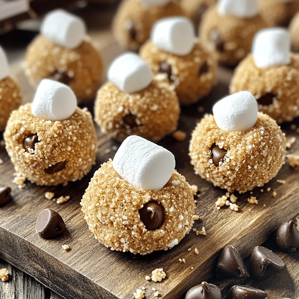 To make No Bake S’mores Cookie Dough Bites, gather these tasty ingredients: - 1 cup almond flour - 1/2 cup peanut butter (or your preferred nut butter) - 1/4 cup pure maple syrup - 1 teaspoon pure vanilla extract - 1/2 cup mini chocolate chips - 1/2 cup mini marshmallows - 1/4 cup crushed graham crackers (plus extra for coating) These ingredients blend to create a fun treat that everyone will love. If you have allergies, here are some easy swaps: - Use sunflower seed butter instead of peanut butter. - Swap almond flour with oat flour for gluten-free needs. - Try agave syrup if you want a different sweetener. - For a dairy-free option, check that your chocolate chips are dairy-free. These substitutions keep the flavor while catering to your needs. Using high-quality ingredients makes a huge difference. Here are my top tips: - Choose pure maple syrup for a better taste than regular syrup. - Look for natural nut butters without added sugars or oils. - Use fresh mini marshmallows for the best texture. - Select high-quality chocolate chips to enhance flavor. These tips will help you create delicious bites that impress everyone. Don't forget to check the [Full Recipe] for more details! 1. Start by gathering all your ingredients. You need almond flour, peanut butter, maple syrup, vanilla extract, chocolate chips, marshmallows, and graham crackers. Make sure everything is ready to go. 2. In a large mixing bowl, combine 1 cup of almond flour and 1/2 cup of peanut butter. Use a spatula to mix until it looks crumbly. 3. Slowly add in 1/4 cup of pure maple syrup and 1 teaspoon of vanilla extract. Stir well until the dough sticks together. 4. Next, fold in 1/2 cup of mini chocolate chips, 1/2 cup of mini marshmallows, and 1/4 cup of crushed graham crackers. Make sure they are evenly mixed in. 5. Now, take small amounts of the mixture and roll them into balls about 1 inch wide. 6. For extra crunch, roll each ball in more crushed graham crackers. This adds a nice touch. 7. Place your cookie dough bites on a parchment-lined baking sheet. Space them out so they don’t stick together. 8. Refrigerate the bites for about 30 minutes. This helps them firm up and makes them easier to eat. - Step 1: Picture of ingredients neatly arranged on a countertop. - Step 2: Image of the crumbly mixture in a mixing bowl. - Step 3: Visual of the dough forming after adding syrup and vanilla. - Step 4: Photo showing the added chocolate chips, marshmallows, and graham crackers. - Step 5: Image of hands rolling the dough into small balls. - Step 6: Photo of dough balls rolled in graham crackers. - Step 7: Visual of the baking sheet with spaced-out bites. - Step 8: Image of the finished bites in the refrigerator. - Ensure your peanut butter is well-stirred. This helps mix it easily. - If the dough feels too dry, add a bit more maple syrup. - For better rolling, wet your hands slightly to prevent sticking. - Make sure to let the bites chill in the fridge. This sets their shape. - Use a kitchen scale for precise measurements, especially the almond flour. These steps will help you create perfectly delicious No Bake S’mores Cookie Dough Bites. For the full recipe, check the earlier section. Enjoy your treats! To get the best texture, start with almond flour. It gives a nice, soft base. Mix the almond flour with peanut butter well. You want it crumbly but sticky. Gradually add maple syrup and vanilla. This helps bind the mix. Fold in mini chocolate chips and marshmallows gently. Avoid overmixing to keep them light and chewy. One common mistake is using too much liquid. If you add too much maple syrup, the dough gets too soft. Another pitfall is not chilling the bites long enough. If they are too warm, they may fall apart. Also, be careful not to skip the graham cracker coating. It adds a nice crunch and taste. Serve these bites on a fun plate. Add extra marshmallows and chocolate chips on top for looks. You can pair them with hot cocoa or milk for a cozy treat. For a fun twist, try them with a scoop of ice cream. These cookie dough bites are best enjoyed cold. Refrigerate them before serving for a refreshing taste. For the full recipe, check out the No Bake S’mores Cookie Dough Bites. {{image_4}} You can have fun with flavors in these bites. Try using almond butter instead of peanut butter for a nutty twist. Swap mini chocolate chips for white chocolate chips for a sweeter taste. Want a fruity touch? Add dried cranberries or cherries for a tart kick. You can even mix in coconut flakes for a tropical vibe! The choice is yours. This recipe is already gluten-free! The almond flour keeps it safe for those who avoid gluten. If you want more crunch, use gluten-free graham crackers. This way, you can enjoy each bite without worry. Just make sure to check labels to ensure all ingredients are gluten-free. To make these bites vegan, use maple syrup as a sweetener. It’s plant-based and delicious. Choose a nut butter that’s free of added sugars and oils. You can also swap mini marshmallows for vegan marshmallows. These small changes will keep the treats tasty and kind to animals. Enjoy making these tasty bites in a way that fits your diet! For the full recipe, check the main section of the article. To keep your No Bake S’mores Cookie Dough Bites fresh, store them in an airtight container. This prevents them from drying out. You can place parchment paper between layers to avoid sticking. Refrigerating them is the best way to maintain their texture and flavor. If you want to save some for later, freezing is a great option. First, place the cookie dough bites on a baking sheet and freeze them for about an hour. Once frozen, transfer them to a freezer-safe bag. This helps keep them from clumping together. You can store them in the freezer for up to three months. When kept in the fridge, these bites last about one week. If you freeze them, they can stay good for up to three months. Just make sure to label your container with the date. This way, you can enjoy them at their best! For the full recipe, check out the complete section above. Yes, you can use different nut butter. Almond butter or cashew butter work well too. Just pick a nut butter you love. Each type will change the taste a bit. If you want a nut-free option, try sun butter. It gives a nice flavor while avoiding nuts. To lower the sugar, use less maple syrup. You can also swap it for a sugar-free syrup. Another option is to add mashed banana for sweetness. It adds a nice flavor and keeps the bites soft. Using dark chocolate chips can help too, as they are less sweet. Yes, these bites are great for kids! They are fun to make and eat. They have no raw eggs or harmful ingredients. You can also adjust the sweetness to fit their taste. Just keep an eye on the mini marshmallows, as they can be a choking hazard for little ones. For more details, check the Full Recipe. In this article, we covered the main steps to create delicious bites. We discussed key ingredients, helpful substitutions, and tips for quality. You learned essential preparation steps and saw visual aids to guide you. We shared tips for perfect texture and common mistakes to avoid. You also discovered fun flavor variations and storage options. Now you can make these bites with confidence. Enjoy the process and share your tasty creations!
