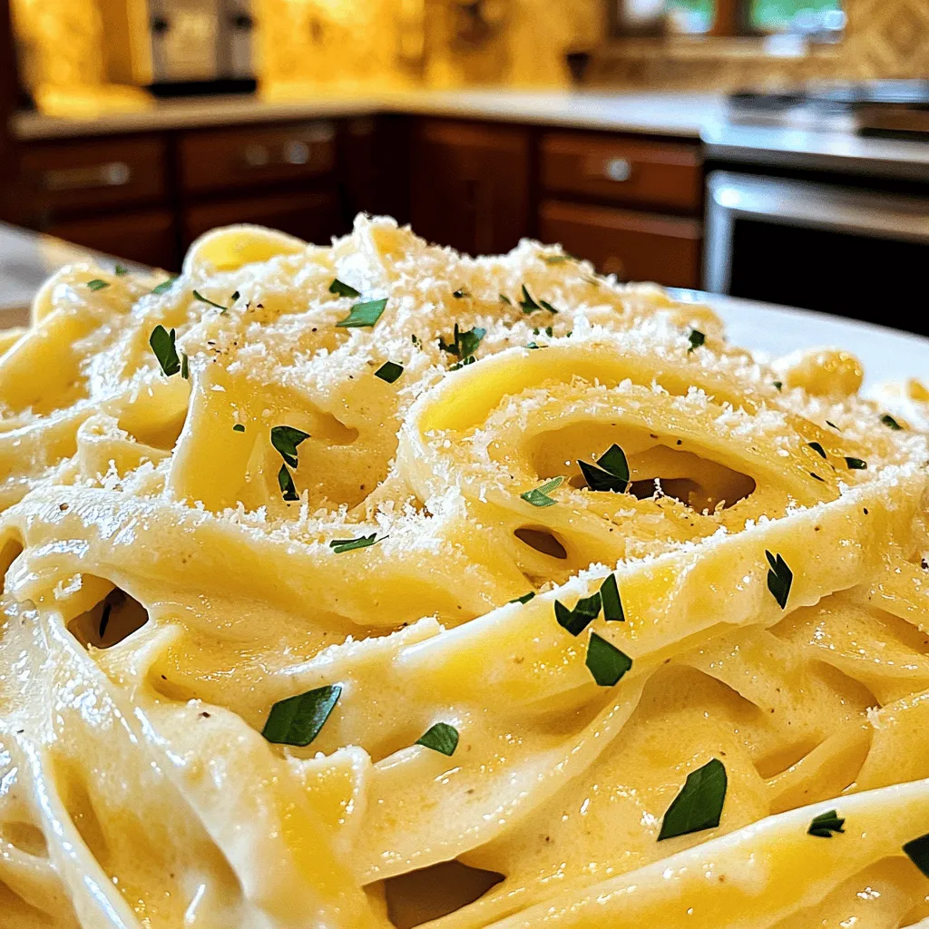 The right ingredients make Garlic Parmesan Pasta rich and creamy. Here’s what you need: - 12 oz fettuccine or spaghetti - 4 tablespoons unsalted butter - 6 cloves garlic, finely minced - 1 cup heavy cream - 1 cup freshly grated Parmesan cheese - 1 teaspoon sea salt - 1/2 teaspoon freshly ground black pepper - 1/4 teaspoon red pepper flakes (optional for a kick) - 2 tablespoons fresh parsley, finely chopped (for garnish) - Additional grated Parmesan for serving Each ingredient plays a key role. The fettuccine or spaghetti serves as the base, bringing together all the flavors. Unsalted butter adds richness, while garlic infuses that wonderful aroma. Heavy cream creates the creamy texture, and Parmesan cheese gives depth and tang. Sea salt and black pepper enhance the overall taste. Red pepper flakes offer a nice kick, but you can skip them if you prefer a milder flavor. Fresh parsley brightens the dish with color and freshness, making it more appealing. When you gather these ingredients, you're ready to make a dish that warms the heart. Check out the Full Recipe for detailed steps on how to put these ingredients together into a delicious meal. 1. Bringing water to a boil and cooking time: Start by filling a large pot with water. Add a generous amount of salt, then bring the water to a rolling boil. This should take about 5-7 minutes. Once boiling, add 12 ounces of fettuccine or spaghetti. Cook according to the package instructions, usually around 8-10 minutes. Aim for al dente, which means the pasta will be firm but cooked through. 2. Reserving pasta water: Before draining the pasta, be sure to save one cup of the starchy pasta water. This water will help make your sauce creamy and smooth. 3. Draining the pasta: After cooking, carefully drain the pasta in a colander. Set it aside while you prepare the sauce. 1. Melting butter: In a large skillet, add 4 tablespoons of unsalted butter. Heat it over medium heat until it melts completely. This should take about 1-2 minutes. 2. Cooking garlic to the perfect doneness: Next, add 6 cloves of finely minced garlic to the melted butter. Sauté the garlic for 1-2 minutes, stirring often. Keep an eye on it to avoid burning, as burnt garlic can taste bitter. Cook until the garlic is fragrant and lightly golden. 1. Lowering heat and adding cream: Now, lower the heat to a gentle simmer. Carefully pour in 1 cup of heavy cream. Stir the cream continuously as it warms up. This keeps it from burning on the bottom. 2. Incorporating Parmesan cheese: Gradually add 1 cup of freshly grated Parmesan cheese to the cream. Add it a handful at a time, stirring until it melts and blends smoothly into the sauce. This creates a rich and creamy base for your Garlic Parmesan Pasta. For the full recipe, refer to the earlier section. Enjoy your cooking! To get the right sauce thickness, use reserved pasta water. This starchy water helps the sauce cling to the pasta. Start by adding a little at a time. Mix well until you reach your desired consistency. Always taste test the sauce before serving. You want it to be just right. Adjust salt and pepper as needed. You can add more spices and herbs for extra flavor. A pinch of Italian seasoning or fresh basil can elevate the dish. Experiment with what you like. When choosing Parmesan, opt for freshly grated cheese. It melts better and has a richer taste than pre-grated options. This small change can make your dish shine. Garlic Parmesan Pasta pairs well with many sides. A fresh green salad or garlic bread works great. For a pop of color, add a sprinkle of chopped parsley on top. This makes the dish look fancy and inviting. Serve it in a beautiful bowl to impress your guests. This simple tip adds charm to your meal. For a complete experience, check the Full Recipe for more ideas. {{image_4}} To make Garlic Parmesan Pasta heartier, you can add proteins. Chicken, shrimp, or tofu work great. - Chicken: Cook diced chicken until golden. Add it after the garlic step. - Shrimp: Sauté shrimp until pink. Mix it into the pasta right before serving. - Tofu: Use firm tofu. Sauté cubes until crisp and golden. Add them at the end. Adding proteins boosts flavor and makes the dish more filling. Fresh vegetables can enhance your pasta. Think about adding seasonal options for a pop of color and taste. - Spinach: Toss in fresh spinach just before serving. It wilts beautifully. - Peas: Add sweet peas during the last few minutes of cooking. They add a nice crunch. - Broccoli: Steam broccoli florets and mix them in. They pair well with the creamy sauce. Using vegetables not only makes the dish healthier, but it also adds vibrant colors. You can easily adapt this dish for different diets. Here are some options. - Gluten-free pasta: Swap regular pasta with gluten-free options like rice or lentil pasta. - Vegan adaptations: Use plant-based butter and cream. Nutritional yeast can replace Parmesan for a cheesy flavor. These modifications let everyone enjoy Garlic Parmesan Pasta, no matter their dietary needs. For the full recipe, check out the [Full Recipe]. To keep your Garlic Parmesan Pasta fresh, store it in an airtight container. Make sure it cools down to room temperature first. Then, place it in the fridge. It will last for about 3 to 5 days. When you're ready to eat, check for any signs of spoilage before reheating. The best way to reheat Garlic Parmesan Pasta is on the stove. Use a skillet over low heat. Add a splash of water or cream to keep it creamy. Stir often to heat evenly. If you don’t have a skillet, you can use the microwave. Put it in a microwave-safe dish and cover it. Heat in short bursts, stirring in between. Yes, you can freeze Garlic Parmesan Pasta! To do this, let it cool completely. Then, divide it into portions and place it in freezer bags. Squeeze out all the air before sealing. It can last up to 3 months in the freezer. When you’re ready to eat, thaw it overnight in the fridge. Reheat it gently on the stove, adding a little cream or water for creaminess. For the full recipe, check out the Garlic Parmesan Pasta Delight. Garlic Parmesan Pasta is a creamy dish that blends garlic and cheese. This dish has roots in Italian cooking. It usually features fettuccine or spaghetti coated in a rich, buttery sauce. The flavors come from garlic, cream, and Parmesan cheese. This dish is simple yet elegant, perfect for any night. If you love garlic, you have options! Use more cloves than the recipe calls for. You can also roast garlic before adding it to the dish. Roasted garlic has a sweet flavor that adds depth. Another tip is to add garlic powder for an extra kick. Yes, you can prepare Garlic Parmesan Pasta ahead of time. Cook the pasta and sauce separately. Store them in airtight containers in the fridge. This way, you can combine them when ready to serve. Just remember to reheat gently, adding a splash of cream or pasta water to loosen the sauce. Garlic Parmesan Pasta pairs well with many sides. A fresh green salad adds a nice crunch. Garlic bread is a classic choice to soak up the sauce. You can also serve steamed veggies for a healthy touch. Grilled chicken or shrimp can make it a complete meal. Absolutely! Garlic Parmesan Pasta works great for meal prep. It keeps well in the fridge and reheats nicely. You can pack it in containers for your lunches or dinners. Just remember to store the pasta and sauce separately for the best results. Garlic Parmesan Pasta is simple yet rich in flavor. You learned the key ingredients, easy steps, and tips to perfect this dish. Variations let you customize it to your taste, adding proteins or veggies. Proper storage helps keep leftovers fresh. Make this pasta for any occasion or meal prep, and enjoy. This dish is not just easy; it’s also fun to share with family and friends. Give it a try and make your meal special!