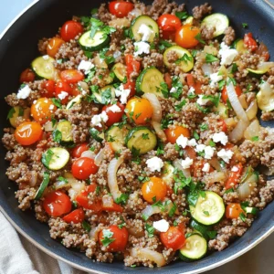 - 1 lb (450g) ground beef - 1 medium onion, finely diced - 2 cloves garlic, minced - 1 red bell pepper, thinly sliced - 1 medium zucchini, sliced into half-moons - 1 cup cherry tomatoes, halved - 1 cup cooked quinoa or couscous - 1 tablespoon ground cumin - 1 tablespoon smoked paprika - ½ teaspoon dried oregano - Salt and freshly ground black pepper to taste - Fresh parsley, chopped - Crumbled feta cheese Gather these ingredients before you start cooking. The ground beef serves as the main protein, while fresh vegetables add color and crunch. Cooked quinoa or couscous acts as a hearty base. The spices, including cumin and paprika, give the dish that warm Mediterranean flavor. Don't forget the optional parsley and feta for a fresh touch! This recipe is versatile, so feel free to mix and match based on what you like. For the complete recipe, check out the Full Recipe section. How do you prepare the vegetables? Start by washing all your fresh produce. Dice the onion into small pieces. Cut the red bell pepper into thin slices. Slice the zucchini into half-moons. Halve the cherry tomatoes. Keep your veggies ready and separate for easy cooking. What are tips for measuring out spices? Use measuring spoons for accurate amounts. Ground cumin and smoked paprika are strong. A little goes a long way. Keep your spices fresh; this enhances flavor. How do you heat the olive oil? In a large skillet or wok, pour in two tablespoons of olive oil. Set the heat to medium-high. Wait until the oil shimmers, which shows it is hot enough. How do you brown the ground beef? Add one pound of ground beef to the hot skillet. Break it up with a spatula. Cook for about 5-7 minutes until the beef turns brown. Drain any extra fat to keep it light. How do you sauté the aromatics? Lower the heat slightly. Stir in the diced onion and minced garlic. Sauté them for 2-3 minutes. You want the onions to be soft and fragrant. How do you incorporate the vegetables? Add the sliced red bell pepper, zucchini, and halved cherry tomatoes to the skillet. Stir-fry this mix for another 5-7 minutes. Make sure the veggies are tender but still crisp. How do you season the mixture? Sprinkle ground cumin, smoked paprika, dried oregano, salt, and pepper over the veggies and beef. Stir well to mix the spices evenly throughout the dish. How do you mix in the quinoa or couscous? Fold in one cup of cooked quinoa or couscous into the skillet. Stir gently until all the ingredients are well combined and heated through. This should take about 2-3 minutes. For the full recipe, check the details above. Enjoy your Mediterranean Ground Beef Stir Fry! To make your Mediterranean Ground Beef Stir Fry truly shine, seasoning is key. Use fresh herbs and spices for a burst of flavor. Salt and pepper enhance the taste, while cumin, smoked paprika, and oregano add warmth. Always taste as you cook; adjust seasonings as needed for your desired flavor. Selecting fresh ingredients is also vital. Look for bright, firm vegetables. Choose ground beef with good color and minimal fat. Fresh garlic and onions will boost the aroma and taste of your dish. You can even visit local markets for seasonal produce, ensuring the best quality. Stir-frying is quick and fun. Heat your oil until it shimmers before adding the beef. This step locks in flavor and gives a nice sear. Break the beef into small pieces for even cooking. When adding vegetables, keep them crisp. Stir-fry over high heat and avoid overcrowding the pan. This ensures they cook quickly and stay vibrant. Aim for a mix of textures; you want tender yet crunchy veggies in every bite. To serve, create a beautiful presentation. Use shallow bowls for your stir fry. Garnish with fresh parsley and crumbled feta for a pop of color and flavor. For a complete meal, pair the stir fry with a simple green salad. A lemon vinaigrette adds freshness and balances the dish. You can also serve it over rice or in pita bread for added texture. Enjoy exploring the Mediterranean flavors with each bite! For the full recipe, click here. {{image_4}} You can switch ground beef for chicken, turkey, or even plant-based meat. Each protein offers a unique taste. You can also mix and match vegetables. Use broccoli, spinach, or even eggplant. They add different flavors and colors. Want a twist? Add spices like cinnamon or coriander. These will change the taste. You can also use sauces to enhance the dish. Try tahini for creaminess or yogurt for tang. Each sauce brings new flavors to your meal. If you need gluten-free options, use quinoa instead of couscous. Quinoa is a great substitute and tasty too. For a low-carb dish, skip the grains. Load up on extra vegetables for a healthy boost. These changes keep the meal satisfying while meeting dietary needs. For the complete recipe, check out the Full Recipe section. After cooking, let your Mediterranean Ground Beef Stir Fry cool down. Place it in an airtight container. Store it in the fridge. The dish stays fresh for up to three days. When you’re ready to eat, reheat it in a skillet over medium heat. Stir occasionally to ensure even heating. You can also microwave it. Use a microwave-safe dish and cover it to keep moisture in. If you want to keep it longer, freezing works well. Let the stir fry cool completely. Portion it into freezer bags or containers. Squeeze out as much air as you can to prevent freezer burn. It can last for up to three months in the freezer. To defrost, move it to the fridge overnight. You can also use the microwave on the defrost setting. Leftovers are best eaten within three days if stored in the fridge. Look for signs of spoilage before eating. If the meat has an off smell or the vegetables seem slimy, it's time to toss it. Always trust your senses; they guide you well. Enjoy your tasty meals safely! You can prepare this dish in advance for easy meals. Start by cooking the ground beef and vegetables as the recipe states. Let them cool before storage. Place the stir fry in an airtight container. Store it in the fridge for up to three days. You can also freeze it for up to three months. To reheat, warm it on the stove or in the microwave. This makes meal prep easy and quick! Yes, you can use rice or pasta instead of quinoa. White or brown rice works well and cooks quickly. If you prefer pasta, choose a short shape like penne or fusilli. Cook either option according to package instructions. Add them at the same step as quinoa in the recipe. This gives you flexibility based on what you have at home. Each serving offers a balanced mix of nutrients. You get about 400 calories per serving. It includes protein from ground beef and fiber from vegetables. The dish has healthy fats from olive oil and optional feta cheese. Key nutrients include iron, vitamin C, and calcium. This meal is not only tasty but also good for you! This blog post covered the essential ingredients and steps for making a tasty Mediterranean Ground Beef Stir Fry. You learned how to prepare fresh veggies, season your dish, and combine flavors for the best taste. Remember, you can swap ingredients to match your diet and store leftovers safely for later meals. Keep experimenting to find your favorite flavors and enjoy your cooking. A few small changes can make a big difference. Happy cooking!
