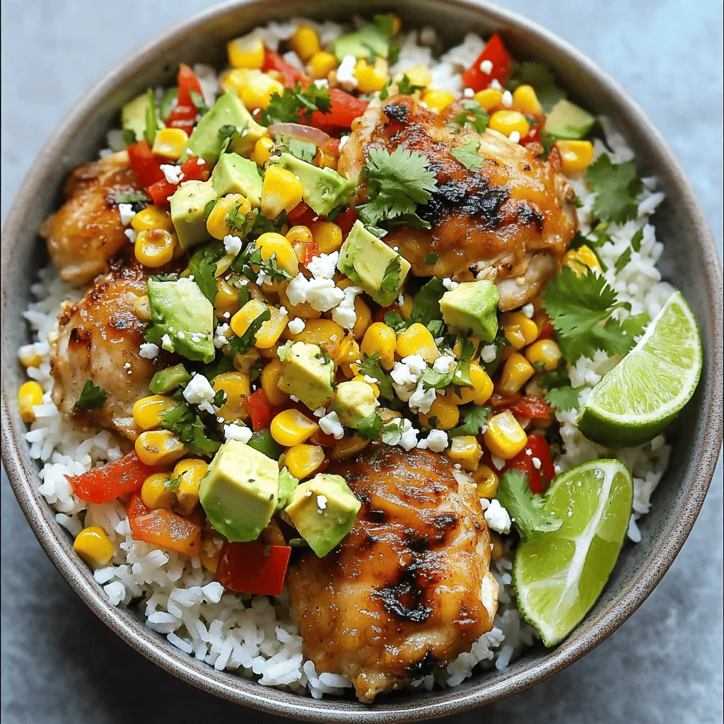 - 2 cups cooked jasmine rice - 1 lb boneless, skinless chicken thighs - 1 cup corn kernels (fresh or canned) - 1 red bell pepper - 1 ripe avocado - 1/2 cup crumbled feta cheese - 2 tablespoons olive oil - 1 teaspoon smoked paprika - 1 teaspoon garlic powder - 1 teaspoon ground cumin - Juice of 1 lime - Salt and pepper - Optional garnishes (lime wedges, extra cilantro) - Serve in colorful bowls for visual appeal To create the perfect Effortless Street Corn Chicken Rice Bowl, gather these ingredients. You need warm, fluffy jasmine rice as the base. Juicy chicken thighs provide protein. The corn adds sweetness, while the red bell pepper gives a pop of color and crunch. Creamy avocado and tangy feta cheese finish the dish, bringing all the flavors together. For seasoning, olive oil keeps everything moist. Smoked paprika adds depth. Garlic powder and ground cumin boost the flavor. Fresh lime juice brightens each bite, while salt and pepper tie it all together. Consider garnishing with lime wedges or extra cilantro. This adds freshness and makes your bowl look even better. Follow the full recipe for the best results. To start, you need to marinate the chicken. In a medium bowl, mix diced chicken thighs with olive oil, smoked paprika, garlic powder, ground cumin, lime juice, and salt and pepper. Make sure the chicken is well-coated. I suggest marinating it for at least 15 minutes. This allows the flavors to blend and stick to the meat. Next, heat a skillet over medium-high heat. Once the skillet is hot, add the marinated chicken. Spread it in an even layer. You should sauté it for about 7 to 10 minutes. Stir the chicken occasionally until it turns golden brown and reaches 165°F (75°C) inside. Then, set the chicken aside. Use the same skillet for the corn and peppers. Add the corn and diced red bell pepper. Sauté this mix for about 5 minutes. Stir it occasionally until the veggies are tender and the corn gets a nice char. Season with salt and pepper to enhance the taste. Now it's time to assemble the bowls. Start with a base of warm cooked jasmine rice in four serving bowls. Distribute the sautéed corn and bell pepper mixture evenly over the rice. Finally, place the cooked chicken on top. This will make sure each bite has a bit of everything. To finish off the bowls, add diced avocado and sprinkle crumbled feta cheese on top. A touch of chopped cilantro will add a fresh taste. For a nice finishing touch, squeeze some lime juice over each bowl just before serving. This adds a bright flavor that makes the dish pop. Enjoy your delicious creation while it's fresh! For the best chicken, marinate it well. Use olive oil, smoked paprika, garlic powder, and cumin. Mix this with lime juice and salt. Let it sit for at least 15 minutes. This helps the chicken soak up all the flavors. When cooking, use medium-high heat. Sauté the chicken for about 7-10 minutes. Make sure it is golden brown and reaches 165°F (75°C). For veggies, you want them tender but not mushy. Sauté the corn and red bell pepper until soft. This usually takes about 5 minutes. Stir them often. A slight char adds great flavor. Don't forget to season them with salt and pepper. Spice things up! You can add cayenne pepper or chili powder for heat. Try a drizzle of hot sauce for more kick. If you like sweet, add a bit of honey to the mix. Fresh herbs make a big difference, too. Cilantro adds brightness, but you can also use parsley or basil. They enhance the taste and freshness of your bowl. Preparing ahead is smart. Chop veggies and marinate chicken the night before. Store them in separate containers in the fridge. This saves time when you cook. For leftovers, keep them in airtight containers. They can last up to 3 days. When storing, keep the avocado out. It browns quickly. Add it fresh when you serve. {{image_4}} You can swap chicken for tofu to make this dish vegetarian. Tofu absorbs flavors well and gives a nice texture. If you want a creamy touch, try using goat cheese instead of feta. This change adds a tangy flavor that pairs well with corn. While jasmine rice is delicious, you can use other grains too. Quinoa adds a nutty taste and is high in protein. For a low-carb option, try cauliflower rice. It’s light and still filling. You can also serve this dish in a tortilla for a fun twist. Want it spicy? Add some diced jalapeños or a splash of hot sauce. For tanginess, mix in lime zest or a splash of vinegar. You could also add more veggies like zucchini or spinach for extra nutrition. If you like protein, consider adding black beans or shrimp. Each change makes the dish more your own. To store your leftovers, let them cool first. Place them in airtight containers. I recommend glass containers. They keep food fresh and are easy to clean. Store your bowls in the fridge for up to three days. For freezing, separate the chicken, corn, and rice. This keeps each part fresh. Use freezer-safe bags or containers. Remove as much air as you can. To thaw, place them in the fridge overnight. Reheat them in a skillet over medium heat. Stir until hot. Cooked chicken lasts about four days in the fridge. Corn and rice stay fresh for three to five days. Look for any off smells or discoloration. These signs mean the food is no longer good. Always trust your senses when checking for spoilage. It takes about 30 minutes to make this dish. You will spend 15 minutes prepping. The cooking time is around 15 minutes. This quick time frame makes it perfect for busy days. Yes, you can use frozen or canned corn. Both options save time and work great. Frozen corn cooks fast and has good flavor. Canned corn is ready to use, just rinse it first. This flexibility lets you make the dish at any time. If you want a different protein, try tofu or shrimp. For a vegetarian option, use chickpeas or black beans. Each option gives a unique taste while keeping the dish hearty. Add more smoked paprika or a pinch of cayenne pepper. For heat, you can also mix in diced jalapeños. Taste as you go to reach your perfect spice level. Yes, you can prep the chicken and veggies ahead of time. Store them in the fridge for up to two days. When ready, just cook and assemble. This makes it easy for meal prep or last-minute dinners. This recipe combines fresh ingredients and bold flavors to create a delicious meal. You learned how to marinate chicken, cook it to perfection, and layer the bowl for optimal taste. Also, we explored tips for flavor and meal prep. Remember, you can easily customize it with different proteins or grains. Get creative and enjoy experimenting with your favorite tastes. Try making this dish soon, and delight in the tasty results!