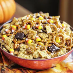 - 3 cups rice Chex cereal - 2 cups corn Chex cereal - 1 cup pretzel twists - 1 cup candy corn - 1 cup pumpkin seeds (pepitas) - 1 cup chocolate candies (M&M’s or similar) - 1/2 cup unsalted butter - 1/4 cup brown sugar - 1 teaspoon pumpkin spice - 1/2 teaspoon vanilla extract - 1/4 teaspoon sea salt When making Halloween Harvest Hash Chex Mix, you want to use fresh ingredients. This mix blends sweet and salty flavors. Rice Chex and corn Chex give a good crunch. Pretzel twists add a fun twist, while candy corn brings the sweetness. Pumpkin seeds give your mix a healthy spin. If you want some swaps for the Chex cereals, you can use any puffed cereal. For the pretzel twists, try different shapes or flavors. You can also use nuts or seeds instead of pumpkin seeds. If you need a gluten-free option, check for gluten-free cereals and pretzels. These choices let you customize the mix to fit your taste. Feel free to get creative and make it your own! Check out the Full Recipe for all the details. - Preheat the oven to 250°F (120°C). - Prepare a baking sheet by lining it with parchment paper. This helps keep the mix from sticking. - In a large bowl, combine the rice Chex cereal, corn Chex cereal, pretzel twists, candy corn, pumpkin seeds, and chocolate candies. - Gently toss the mix together. Use a light touch to avoid breaking the cereal. - In a small saucepan, melt the unsalted butter over low heat. - Once melted, add the brown sugar, pumpkin spice, vanilla extract, and sea salt. - Stir for 2-3 minutes until smooth and bubbly. This mix is the heart of our flavor. - Carefully pour the buttery mixture over the Chex blend. - Use a spatula or spoon to mix well. Make sure every piece gets coated evenly in that tasty butter. - Spread the mixture evenly on the prepared baking sheet. - Bake for 30 minutes, stirring every 10 minutes. This helps the mix bake evenly and prevents burning. - When done, take the Chex mix out of the oven and let it cool. This step is key for a great crunch. - Once cool, break the mix into clusters and serve it in a festive bowl. You can even add some candy pumpkins for a fun touch. This Halloween Harvest Hash Chex Mix is not only tasty but also a great treat to share. For the full recipe, check the section above! To achieve that perfect crunch in your Chex mix, follow these simple steps. First, make sure to bake the mix low and slow. Set your oven to 250°F (120°C). This slow cooking helps to dry out the mix, making it crispy. Stir the mix every ten minutes while baking. This ensures even cooking and prevents burning. Cooling time is also key. Once you take it out of the oven, let the mix cool completely on the baking sheet. This cooling period helps the mix firm up. If you skip this step, your mix might stay soft. For added flavor, consider using spices. You can try adding cinnamon or nutmeg to complement the pumpkin spice. A pinch of cayenne can add a fun kick. Balance is important too. You want a mix of sweet and salty flavors. The candy corn brings sweetness, while the pretzels add a salty touch. Adjust these to suit your taste! When serving your Halloween Harvest Hash Chex Mix, think fun and festive! Use a large bowl that fits the theme. You can even use a carved pumpkin for a cool display. Add some candy pumpkins or spooky decorations around the bowl for flair. Mini ghost-shaped cookies by the side make a cute addition too. These ideas will wow your guests and make your treat stand out! {{image_4}} You can easily add a chocolate drizzle to your Halloween Harvest Hash Chex Mix. Just melt some chocolate chips and pour it over the mix after it cools. This adds a rich, sweet layer that kids and adults love. Another fun idea is to incorporate dried fruits, like cranberries or raisins. These fruits add a chewy texture and natural sweetness. They can balance the crunch of Chex and pretzels, making every bite exciting. If you want a savory twist, try adding cheese powder or seasoning to your mix. Sprinkle some cheese powder over the warm Chex mix right after baking. This gives it a cheesy flavor that pairs well with the sweetness of candy corn. For a spicier mix, consider adding some chili powder or cayenne pepper. This will give your Chex mix a kick that many will enjoy. Just sprinkle a little at a time, tasting as you go. You can make your mix even more festive with fall-themed additions. Think about adding mini pumpkin candies or candy corn in autumn colors. These little touches can make your mix pop with seasonal spirit. Using holiday-specific candies can also enhance the look and taste of your mix. For example, you might use chocolate pumpkins or ghost-shaped candies. These can create a fun visual and add extra flavor to your treat. For the full recipe, check out the complete guide to making this fun Halloween mix! To keep your Halloween Harvest Hash Chex Mix fresh, use airtight containers. Glass jars work great, but plastic bins are also good. Fill the containers only halfway to allow air circulation. Always store the mix in a cool, dry place. Avoid heat and moisture. Your Chex mix can last for about two weeks when stored properly. If you see any signs of spoilage, it’s time to toss it. Look for stale smells or a soft texture. If the colors fade, that’s another sign. If your mix loses its crunch, don’t worry! You can re-crisp it in the oven. Spread it out on a baking sheet at 250°F (120°C) for about 10 minutes. Keep an eye on it to prevent burning. If the mix still feels soft, consider making a fresh batch. Sometimes, it’s best to start over! For the full experience, check out the Full Recipe. Enjoy those festive flavors! Chex Mix is a crunchy snack mix made with Chex cereal. It started in the U.S. during the 1950s. Over time, people added nuts, pretzels, and seasonings. Today, you can find many fun Chex Mix variations. Each mix has a unique flavor and texture. Yes, you can make Halloween Harvest Hash Chex Mix ahead of time. I suggest you prepare it one or two days before your event. Store it in an airtight container to keep it fresh. This mix lasts well, so you can enjoy it later. To make this mix allergy-friendly, swap out certain ingredients. If you have a nut allergy, use seeds instead of pretzels. For gluten-free options, use certified gluten-free Chex cereals. You can also skip chocolate candies or use dairy-free options. Absolutely! This recipe is great for kids. The mix has sweet and crunchy elements they will enjoy. You can reduce the amount of candy corn or chocolate if you want a healthier snack. Make it fun by letting kids help mix the ingredients. You can freeze this mix, but it’s best fresh. Place it in a freezer-safe bag or container. Remove as much air as possible. When you’re ready to eat, let it thaw at room temperature. The texture may change, but it will still be tasty. We explored how to make Halloween Harvest Hash Chex Mix, from ingredients to storage. You learned about key components, fun substitutions, and tips for great flavor. Remember to focus on texture and cooling for the best results. Personalize your mix with seasonal treats or flavors. With these simple steps, you can enjoy a tasty snack perfect for any gathering. Get ready to impress friends and family with your delicious creation!