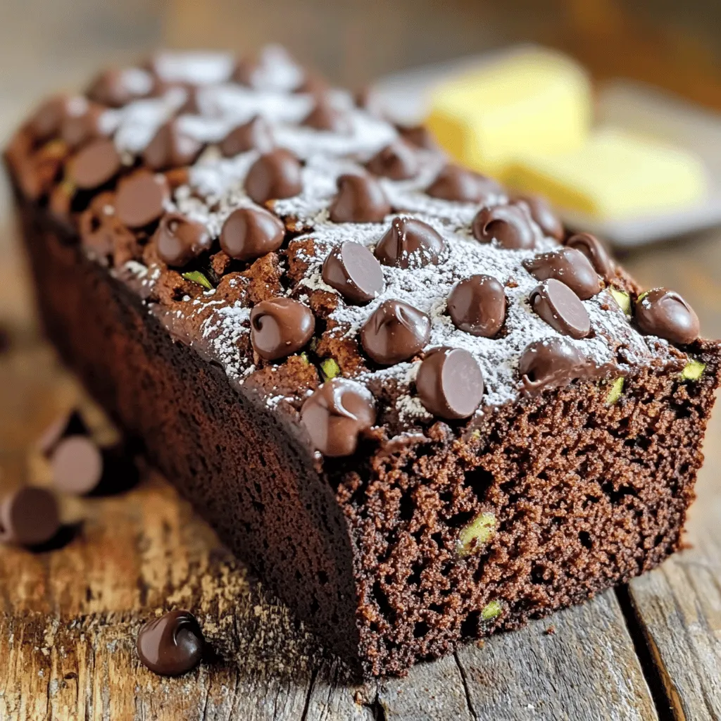 - 1 ½ cups freshly grated zucchini - 2 large eggs - ½ cup vegetable oil (or melted coconut oil) - 1 teaspoon pure vanilla extract - 1 cup all-purpose flour - ½ cup unsweetened cocoa powder - 1 teaspoon baking soda - ½ teaspoon baking powder - ½ teaspoon sea salt - ½ cup granulated sugar - ½ cup packed brown sugar - 1 cup semi-sweet chocolate chips (plus additional for topping) Using fresh ingredients makes a big difference in taste. Grating the zucchini helps it blend in well. The moisture from the zucchini keeps the bread moist and rich. Eggs add structure and help it rise. Vegetable oil or melted coconut oil gives a nice texture. Adding vanilla extract boosts the flavor. For dry ingredients, cocoa powder is key for that deep chocolate taste. Baking soda and baking powder help the bread rise as it bakes. Sea salt enhances all the flavors. Using both granulated and brown sugar adds sweetness and depth. Optional chocolate chips bring extra flavor and richness. You can add more on top for a nice touch. For the full recipe, check the [Full Recipe]. - Preheat the oven to 350°F (175°C). - Grease or line a 9x5-inch loaf pan. - Mix grated zucchini with sea salt and rest for 10 minutes. - Squeeze out excess moisture using a kitchen towel. - Combine dry ingredients in one bowl. - Mix wet ingredients in a separate bowl. - Incorporate dry and wet mixtures, then fold in zucchini and chocolate chips. - Pour batter into prepared pan. - Bake for 45-50 minutes, checking for doneness. Following these steps will help you create a moist and rich Double Chocolate Zucchini Bread. Trust me, the extra effort to squeeze the zucchini pays off! You can find the full recipe above to ensure you have all the details needed for success. To make your double chocolate zucchini bread just right, start with the zucchini. Grate it and mix it with a pinch of sea salt. Let it sit for ten minutes. This helps draw out extra moisture. After that, you must squeeze it well in a clean kitchen towel. This step is key to getting a nice, dense bread. Next, mix your batter carefully. Overmixing can lead to tough bread. Combine your wet and dry ingredients gently. Stir until they just come together. You want a light and fluffy texture, not a heavy one. When your zucchini bread is ready, you can dust it with powdered sugar. This simple touch adds a nice look and a hint of sweetness. Serve it warm with whipped cream or soft butter. Both pair well with the chocolate. You can enjoy it with a cold glass of milk or your favorite warm drink. For a richer taste, use melted coconut oil instead of vegetable oil. This small change can elevate the flavor of your bread. You can also play with chocolate chip varieties. Dark chocolate or white chocolate chips can add a new twist. Mix and match to find your favorite combination. {{image_4}} You can make this bread a bit healthier. Try these ideas: - Substitute whole wheat flour for a nuttier flavor. - Use honey or maple syrup instead of granulated sugar. These swaps give the bread a unique taste. Whole wheat flour adds fiber, while honey or maple syrup brings natural sweetness. You can enjoy the same delicious bread with a boost in nutrients. Want to enhance the taste even more? Here are some fun options: - Add a teaspoon of cinnamon or espresso powder. - Mix in nuts or dried fruit for added texture. Cinnamon and espresso add warmth and depth. Nuts give a nice crunch, while dried fruit adds sweetness bites. These flavors can take your double chocolate zucchini bread to a new level. Need to adjust for special diets? No problem! Try these options: - Use almond flour or coconut flour for a gluten-free bread. - Swap eggs for flax eggs and use plant-based milk for a vegan option. These changes keep the bread tasty while meeting dietary needs. Enjoy a slice without worry, whether you're gluten-free or vegan. Each version remains rich and chocolatey, making it a treat for everyone. Store your double chocolate zucchini bread in an airtight container. It will stay fresh at room temperature for up to 3 days. This keeps it moist and tasty for your daily snack or breakfast. For longer storage, refrigerate the bread. It lasts up to a week in the fridge. If you want to keep it even longer, freeze the slices. Wrap each slice in plastic wrap and store in a freezer bag. You can freeze them for up to 3 months. This way, you always have a delicious treat ready! When you're ready to enjoy a slice, you can heat it up easily. Use the microwave for a few seconds to warm it. If you prefer a crispy edge, toast it for a few minutes. Both methods bring out the rich chocolate flavor. For the full recipe, check out the delightful details above! Yes, you can use frozen zucchini. Just thaw it first. After that, squeeze out any extra water. This step helps keep your bread from getting soggy. To check if the bread is done, use a toothpick. Insert it into the center of the loaf. If it comes out clean or with a few moist crumbs, your bread is ready. Double Chocolate Zucchini Bread is great with many things. I love it with a glass of milk. Coffee also pairs well. For a sweet treat, add a scoop of ice cream on the side. Yes, you can make mini loaves. Just use smaller pans. Bake for about 25-30 minutes. Keep an eye on them to make sure they don’t overbake. In this post, we explored how to make delicious Double Chocolate Zucchini Bread. We covered fresh and dry ingredients, step-by-step instructions, and tips for the best results. Consider trying different flavors and healthier alternatives to suit your taste. Remember to store leftovers properly for later enjoyment. This recipe is simple yet enjoyable, making it perfect for any baker. Don’t hesitate to experiment and make this bread your own!
