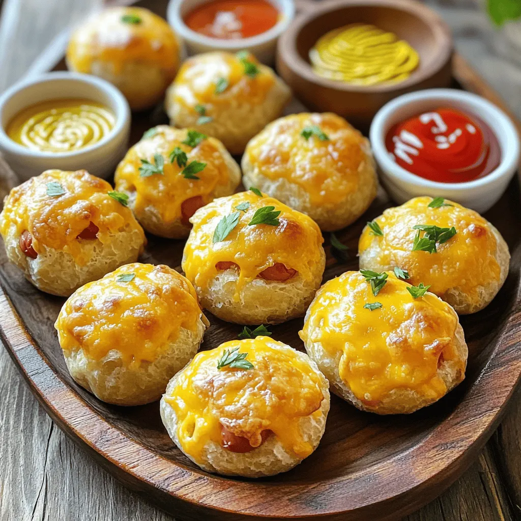 - 6 hot dogs, sliced into bite-sized pieces - 1 cup shredded sharp cheddar cheese - 1 cup all-purpose flour - 2 teaspoons baking powder The main ingredients create a tasty base for cheesy hot dog bites. The hot dogs bring a savory bite, while cheddar cheese melts beautifully, adding richness. The flour and baking powder help bind everything together, giving the bites their fluffy texture. - 1/2 teaspoon garlic powder - 1/2 teaspoon smoked paprika - 1/2 teaspoon salt Spices and seasonings enhance flavor. Garlic powder adds a nice depth. Smoked paprika gives a hint of warmth and smokiness, while salt boosts all the flavors. This blend makes each bite pop with taste. - 1/2 cup whole milk - 1 large egg, beaten - 1/4 cup unsalted butter, melted Wet ingredients keep the bites moist. Whole milk adds creaminess, while the egg helps bind everything. Unsalted butter gives a rich flavor and keeps the bites tender. All together, they create a perfect batter. For the full recipe, check out the instructions above. First, preheat your oven to 375°F (190°C). This ensures the bites cook evenly. Next, prepare a baking sheet by lining it with parchment paper. This helps prevent sticking and makes cleanup easier. In a large mixing bowl, combine the all-purpose flour, baking powder, garlic powder, smoked paprika, and salt. Whisk these dry ingredients well. This step ensures even seasoning throughout the bites. In a separate medium bowl, whisk together the whole milk, beaten egg, and melted unsalted butter. Mix until smooth and well combined. Now, pour this mix into the bowl with dry ingredients. Stir gently until just combined. Do not overmix, as this can make the bites tough. Next, fold in the shredded sharp cheddar cheese. Make sure it’s evenly distributed in the batter. Then, gently incorporate the sliced hot dog pieces. Fold them in carefully to ensure they are well coated. Using a small cookie scoop or spoon, drop rounded portions of the mixture onto the prepared baking sheet. Leave space between each bite for even cooking. Place the baking sheet in the oven and bake for about 15-20 minutes. They are done when golden brown and a toothpick comes out clean. After baking, let them cool for a few minutes before serving. Enjoy your cheesy hot dog bites! For the complete recipe, check the Full Recipe. To get soft, fluffy bites, avoid overmixing the batter. When you combine the wet and dry ingredients, stir gently. It’s okay if there are a few lumps. Overmixing makes the dough tough, which you don’t want. Aim for a smooth mix without disturbing the air bubbles. This helps create a light texture in each bite. Presentation matters! Arrange the cheesy hot dog bites on a bright platter. This makes them look even more appetizing. You can add small bowls of mustard and ketchup for dipping. To make your dish pop, sprinkle fresh parsley on top. This adds color and freshness, making it a fun treat for guests. Dipping sauces can elevate your cheesy hot dog bites. Mustard and ketchup are classic choices. They bring a nice tang and sweetness. You can also try ranch dressing for a creamy dip. If you like spice, sriracha or hot sauce can add a kick. Serve different options to please all your guests! {{image_4}} You can switch up the cheese for a new taste. Try using mozzarella for a stretchy, gooey bite. Pepper jack adds a nice kick with its spicy flavor. If you prefer a stronger taste, use aged cheddar or gouda. Mixing different cheeses can also create a delightful blend. Experiment to find your favorite combination! Adding vegetables can boost the flavor and nutrition of your cheesy hot dog bites. Diced jalapeños bring heat and a crunchy texture. Bell peppers add sweetness and color. You can also try finely chopped onions or spinach for extra health benefits. Just fold them into the batter with the hot dogs. It’s an easy way to make the dish more exciting. If you want to mix it up, use different proteins. Turkey hot dogs work great for a leaner option. Veggie dogs are perfect for those who prefer plant-based meals. They can also add a unique flavor. Feel free to get creative with your choice of protein! It’s all about what you enjoy. For the full recipe, check the earlier section! To keep your cheesy hot dog bites fresh, follow these tips: - Refrigerate: Place leftovers in an airtight container. They stay good for about 3-4 days. - Freeze: If you want to store them longer, freeze the bites. Use a freezer-safe bag or container. They last up to 2 months in the freezer. Reheating is simple! For the best texture and flavor: - In the Oven: Preheat your oven to 350°F (175°C). Place the bites on a baking sheet. Heat for about 10-15 minutes until warm. - In the Microwave: Place bites on a microwave-safe plate. Heat for 30 seconds to 1 minute. Check to avoid overcooking. These methods keep your cheesy hot dog bites tasty and enjoyable! For the full recipe, click here. Cheesy hot dog bites can last in the refrigerator for up to three days. To keep them fresh, store them in an airtight container. If you want to maintain their crunch, place a paper towel in the container to absorb extra moisture. This helps keep them tasting great. Yes, you can make cheesy hot dog bites ahead of time. Prepare the batter and fill the baking sheet, but do not bake them right away. Cover the tray with plastic wrap and place it in the fridge. When you're ready, just pop them in the oven. They might need a few extra minutes to bake from cold. You can serve cheesy hot dog bites with a variety of dips. Mustard and ketchup are classic choices. You can also try ranch dressing or barbecue sauce for a twist. Pair them with fresh veggies or a simple salad for a complete meal. Absolutely! Cheesy hot dog bites are a hit with kids. Their fun shape and cheesy flavor make them perfect for little hands. They are great for parties, after-school snacks, or family movie nights. Kids enjoy dipping them in sauces too, which adds to the fun. Yes, you can make a gluten-free version of cheesy hot dog bites. Simply swap the all-purpose flour with a gluten-free flour blend. Make sure it is a blend that works well for baking. This way, everyone can enjoy these tasty bites! For the full recipe, check out my detailed instructions above! Cheesy hot dog bites mix simple ingredients for tasty fun. We covered main ingredients such as hot dogs, cheese, and spices. You learned how to prepare, bake, and serve these treats with helpful tips. Variations let you get creative with flavors and textures. Storing leftovers and reheating ensures you enjoy every bite later. Whether for kids or a snack yourself, these bites are sure to please. Try them out and customize to your liking!