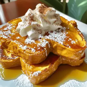 - 4 slices of thick bread (brioche or challah recommended) - 1 cup pumpkin puree (canned or homemade) - 2 large eggs - 1/2 cup milk (dairy or plant-based) - 1 teaspoon pure vanilla extract - 1 teaspoon pumpkin pie spice - 1 tablespoon brown sugar - Butter or oil for frying - Maple syrup and whipped cream for serving When making Pumpkin French Toast, use good quality ingredients. I love thick bread like brioche or challah. They soak up the pumpkin mix well and create a soft texture. Next, pumpkin puree is key. You can use canned puree or make your own. If you make it, roast the pumpkin until soft, then blend it until smooth. This gives your dish a fresh taste. Eggs bind everything together. They add richness and help the bread crisp up nicely. Milk adds creaminess. You can use dairy or plant-based milk, depending on your taste. Vanilla extract and pumpkin pie spice add warmth and flavor. You can make your spice blend with cinnamon, nutmeg, and ginger if you like. For those who want a sweeter touch, brown sugar is an option. It enhances the flavor of the pumpkin. Finally, you'll need butter or oil for frying. This helps the toast get that golden brown crust. Don’t forget maple syrup and whipped cream for serving! They elevate the dish and add a delicious finish. For the full recipe, check the link above. Enjoy your cooking! Start by gathering your ingredients. In a medium bowl, combine the pumpkin puree, eggs, milk, vanilla extract, pumpkin pie spice, and a pinch of salt. If you want it sweeter, add brown sugar. Use a whisk to mix everything well until it becomes smooth. This mixture will give your French toast a rich, pumpkin flavor. Next, preheat a non-stick skillet over medium heat. Add a small amount of butter or oil to the skillet and let it melt. This will help your toast cook evenly and prevent sticking. Take each slice of your thick bread and dip it into the pumpkin mixture. Make sure both sides get coated, but do not soak them too long. Let any extra mixture drip back into the bowl. Carefully place the coated bread slices onto the hot skillet. Cook each slice for about 3-4 minutes on each side, until they turn golden brown and crispy. Once you cook a slice, remove it from the skillet and keep it warm on a plate. Repeat this for the rest of the slices. When you're done cooking, it’s time to serve. Stack the pumpkin spice French toast on plates and drizzle with maple syrup. Add whipped cream if you like. For a pretty touch, you can sprinkle some extra pumpkin pie spice on top. Enjoy your delicious creation! Check the full recipe for more tips. For the best pumpkin French toast, use thick bread like brioche or challah. These breads soak up the pumpkin mix well. Their soft texture gives a nice bite. If you pick thinner bread, it may burn faster or become too soggy. Aim for slices about one inch thick. This thickness helps the bread cook evenly and hold onto the flavor. Set your skillet to medium heat for even cooking. If it’s too hot, the outside cooks fast, but the inside stays wet. To avoid sogginess, dip each slice quickly in the pumpkin mixture. You want it coated, but not soaked. Let any extra mixture drip off before placing it in the pan. This step keeps it from becoming mushy. Add fun toppings to make your dish pop. Maple syrup is a classic choice that adds sweetness. You can also use whipped cream for a rich finish. For extra flair, sprinkle some pumpkin pie spice on top. Pair your French toast with seasonal sides, like crispy bacon or fresh fruit. These sides balance the sweetness and add color to your plate. For the full recipe, check out the details provided earlier. {{image_4}} You can easily change up the flavor of your Pumpkin French Toast. Adding chocolate chips or nuts makes it even better. Chocolate chips give a sweet twist. Nuts add a nice crunch. You can mix them into the batter or sprinkle them on top before serving. Try using different spices too. Instead of pumpkin pie spice, you can use cinnamon, nutmeg, or ginger. Each spice brings its own taste. Mix and match to find your favorite combination. If you need gluten-free options, choose gluten-free bread. Many brands offer tasty choices. This way, everyone can enjoy this dish. You can also use dairy-free milk to make it vegan. Almond milk or oat milk works well. Just substitute the regular milk in the recipe. You can serve Pumpkin French Toast in savory ways too. Add cheese or fresh herbs for a fun twist. This makes it a tasty brunch option. If you are hosting a gathering, turning it into a casserole is a great idea. Layer the bread in a baking dish and pour the pumpkin mixture over it. Bake until golden brown. This way, you can serve many guests at once. For the full recipe, check the recipe section above. To store your Pumpkin French Toast, place it in an airtight container. Make sure it cools down first. This helps keep it fresh. In the fridge, it lasts about three days. If you want to eat it later, freezing is a good option. To reheat without losing texture, use an oven or toaster oven. Preheat to 350°F (175°C) and place the French toast on a baking sheet. Heat it for about 10 minutes. This keeps it warm and crisp. You can also use a skillet over medium heat. Just add a little butter to keep it from sticking. To freeze leftovers, wrap each slice tightly in plastic wrap. Then, place them in a freezer bag. This helps prevent freezer burn. They can stay in the freezer for up to two months. When ready to eat, thaw in the fridge overnight. You can also use the microwave for quick thawing. Just be careful not to overheat. Yes, you can prep Pumpkin French Toast ahead of time. Start by mixing the pumpkin mixture as directed in the Full Recipe. Store it in the fridge for up to 24 hours. This helps the flavors meld well. You can also coat the bread slices in the mixture and cover them with plastic wrap. Just cook them when you're ready to eat. This makes busy mornings easier. Serving Pumpkin French Toast is fun and creative. You can stack the slices high on a plate. Drizzle warm maple syrup over them for a sweet touch. Add whipped cream for a rich flavor. For a festive look, sprinkle extra pumpkin pie spice on top. You can also serve it with fresh fruit like sliced bananas or berries. These toppings add color and taste. Using fresh pumpkin is great, but it changes the taste and texture. Fresh pumpkin has a lighter flavor than canned puree. It also needs more prep time. You must cook and mash the pumpkin before using it. If you choose fresh, make sure it is well-cooked and smooth. This way, it blends nicely into the mixture. To sum up, making Pumpkin French Toast is both fun and simple. You learned about the key ingredients, like thick bread and pumpkin puree. I shared easy steps to prepare and cook this dish perfectly. You saw tips for choosing the right bread and ideas for serving your toast. Don’t forget the fun variations to fit different diets and tastes. With this guide, you'll impress anyone you serve. Enjoy every bite of your homemade Pumpkin French Toast!