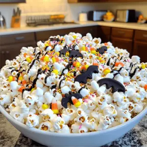 - 10 cups of popped popcorn - 1 cup dark chocolate chips - 1/2 cup white chocolate chips - 1/2 cup candy corn - 1/2 cup mini marshmallows - 1/2 cup crushed Halloween-themed cookies - 1 tablespoon coconut oil - Sea salt to taste - Optional: colorful sprinkles - Microwave-safe bowls - Baking sheet - Parchment paper - Mixing bowls Gathering the right ingredients is key to making Halloween popcorn that delights all. You want to start with ten cups of freshly popped popcorn. You can use an air popper, stovetop, or microwave. Just make sure your popcorn is light and fluffy. Next, grab one cup of dark chocolate chips and half a cup of white chocolate chips. These will give you that rich chocolate flavor we all love. For extra sweetness, add half a cup of candy corn and half a cup of mini marshmallows. These little treats will make your popcorn fun and festive. Don't forget the crunch! Add half a cup of crushed Halloween-themed cookies like Oreos. They will add texture and a spooky touch. You’ll also need one tablespoon of coconut oil. This will help melt the chocolate smoothly. Finally, sprinkle some sea salt for balance. If you want a pop of color, throw in some colorful sprinkles as an optional touch. Now, let’s talk about the equipment. You will need microwave-safe bowls to melt the chocolate. A baking sheet lined with parchment paper will help your popcorn cool and set. Mixing bowls are essential for combining all your tasty treats. Having everything ready makes cooking easier and more fun! - Step 1: Pop the Popcorn Start by popping your popcorn. Use either an air popper, stovetop, or microwave. You need about 10 cups of popped popcorn. Once it pops, place it in a large bowl to cool. - Step 2: Melt the Chocolates In two separate bowls, put the dark chocolate chips and white chocolate chips. Add 1/2 tablespoon of coconut oil to each bowl. Microwave them for 30 seconds at a time. Stir after each time until the chocolate is smooth. - Step 3: Drizzle the Chocolate Take a spoon and drizzle the melted dark chocolate over your popcorn. Mix it gently with a spatula or your hands. Do the same with the white chocolate for a colorful look. - Step 4: Fold in Ingredients Now, it’s time to mix in the fun stuff! Fold in the candy corn, mini marshmallows, and crushed Halloween cookies. Mix until every piece is coated in chocolate. - Step 5: Sprinkle with Sea Salt To make the flavors pop, add a sprinkle of sea salt. This salty touch balances the sweet taste. Adjust it to fit your liking. - Step 6: Add Sprinkles If you want a festive look, fold in some colorful sprinkles. This is optional, but it adds a fun touch. - Step 7: Cool and Set Spread your popcorn mix on a baking sheet lined with parchment paper. Let it cool for about 15-20 minutes. You can put it in the fridge for faster results. - Step 8: Serve Once the chocolate hardens, break the popcorn into clusters. Serve them in fun bowls or bags for your Halloween party. Enjoy your spooky treat! This easy recipe will give you a fun Halloween snack. For the complete recipe, check out the full recipe section. - Use fresh popcorn kernels: Fresh kernels pop better. They give you light and fluffy popcorn. Old kernels may not pop well and can ruin the fun. - Ensure chocolate is smooth: Melt chocolate slowly. This keeps it creamy and easy to drizzle. Lumpy chocolate can spoil the look and taste of your popcorn. - Adjusting Sea Salt to Taste: Start with a little sea salt. You can always add more later. The right amount gives a nice balance to the sweet chocolate. - Perfecting Chocolate Drizzle Technique: Use a spoon to drizzle chocolate. Move it back and forth over the popcorn. This creates a beautiful pattern and covers the popcorn evenly. - Microwaving in intervals: Heat chocolate in 30-second bursts. This prevents the chocolate from burning. Stir it well after each interval. - Using proper bowls: Use microwave-safe bowls for melting. Glass or ceramic works best. Avoid using plastic as it may melt. These tips will help you make the best Halloween popcorn. For the full recipe, check the details above! {{image_4}} You can switch up your Halloween popcorn with different flavors. Here are some fun ideas: - Halloween Caramel Popcorn: Use caramel sauce instead of chocolate. Cook sugar and butter until it melts. Pour it over the popcorn and mix well. Let it cool for a crunchy treat. - Spicy Cheddar Halloween Popcorn: Toss popcorn with melted butter and sprinkle with cheddar cheese powder. Add a pinch of cayenne pepper for some heat. It's a savory twist for those who enjoy a kick. - Pumpkin Spice Popcorn: Mix pumpkin spice seasoning with melted white chocolate. Drizzle this over the popcorn. The warm spices make it perfect for fall. If you have dietary needs, there are easy swaps: - Gluten-free options: Use certified gluten-free popcorn and candies. Ensure all ingredients are gluten-free to keep it safe for everyone. - Vegan substitutions: Replace chocolate with dairy-free chocolate chips. You can also use maple syrup instead of caramel for a vegan twist. Make your popcorn pop at parties with these fun ideas: - Popcorn bags for parties: Use small paper bags. Fill them with popcorn and tie with a ribbon. They are easy for guests to grab and enjoy. - Halloween-themed bowls: Serve popcorn in spooky bowls. Look for bowls shaped like pumpkins or skulls. This adds a festive feel to your snack table. These variations and ideas can make your Halloween popcorn extra special! For the full recipe, check out the [Full Recipe]. To keep your Halloween popcorn fresh, use airtight containers. Glass jars or plastic containers work great. They prevent air from getting in and keep popcorn crunchy. Avoid using paper bags, as they allow moisture in. Always let the popcorn cool before sealing it up. This helps prevent sogginess. Halloween popcorn stays fresh for about one week. Store it in a cool, dry place for best results. If you notice soft spots or a stale smell, it’s time to toss it. You want to enjoy this treat while it’s still tasty and crispy. If your popcorn loses its crunch, don’t worry! You can revive it easily. Preheat your oven to 250°F. Spread the popcorn on a baking sheet in a single layer. Heat for about 5-10 minutes. Check it often to avoid burning. Once done, let it cool before enjoying. This method brings back that delightful texture. For more fun ideas, check out the Full Recipe! The best way to pop popcorn is by using an air popper, stovetop, or microwave. Each method works well. For stovetop, heat oil in a large pot, add kernels, and cover. Shake often until popping slows. For microwave, use a microwave-safe bowl with a lid. Follow package instructions for best results. Yes, you can use different types of chocolate. Feel free to swap dark chocolate for white chocolate or milk chocolate. Each type adds its own flavor. Experiment to find your favorite mix. Each chocolate brings a nice taste to the popcorn. To make this recipe nut-free, avoid any nuts in your mix. Use nut-free chocolate chips and check labels for any hidden nuts. Stick with the other fun ingredients. Candy corn, marshmallows, and cookies are great options. This recipe yields about eight servings. Each serving is a fun, tasty treat. Perfect for sharing at a Halloween party or with friends. Adjust the portion size if you want more or fewer servings. Yes, you can make Halloween Popcorn ahead of time. Store it in an airtight container. This keeps it fresh and tasty. You can make it a day or two before your event. Just remember to let it cool completely before storing. In this post, we explored how to make tasty Halloween popcorn. We discussed key ingredients like popcorn, chocolate, and candy. I shared step-by-step instructions to make it easy. Plus, I offered tips to enhance flavor and presentation. You can even try fun variations and find storage solutions. Now, get ready to enjoy your snack at Halloween parties and beyond! This sweet treat will surely delight fans of all ages.