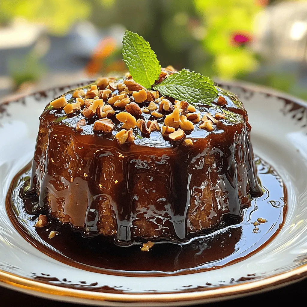 - 200g medjool dates, pitted and finely chopped - 50g unsalted butter, softened to room temperature - 150g brown sugar (light or dark as per preference) - 150g all-purpose flour, sifted - 150g brown sugar (light or dark based on taste) - 120ml heavy cream, preferably at room temperature - 50g unsalted butter - 1 teaspoon pure vanilla extract - Baking dish - Blender or food processor - Mixing bowls and electric mixer I love using Medjool dates in my sticky toffee pudding. These dates are sweet and soft, making them perfect for this dessert. They add a rich taste and a moist texture. The unsalted butter is key. It adds creaminess to the pudding. Brown sugar is another star ingredient. It gives a deep, caramel flavor that pairs well with the dates. Lastly, all-purpose flour helps bind everything together, creating that classic pudding texture. For the toffee sauce, I use heavy cream. It makes the sauce rich and smooth. Vanilla extract adds warmth and extra flavor. You can choose light or dark brown sugar based on your taste. Dark sugar gives a richer taste, while light is milder. You will need a baking dish to hold the pudding while it bakes. A blender or food processor helps turn the dates into a smooth purée. Mixing bowls are essential for preparing the batter and sauce. An electric mixer makes creaming the butter and sugar easy and quick. For the full recipe, you can check detailed steps to make this delightful dish. - Soaking the dates: Start by adding 200g of chopped medjool dates to a bowl. Sprinkle 1 teaspoon of baking soda over them. Next, pour 300ml of boiling water on top. Let this mix sit for about 10 minutes. This soaking helps the dates become soft and sweet. - Blending for purée: After soaking, transfer the date mixture to a blender. Blend it until smooth. This will create a rich date purée. Set it aside to cool a bit before using. - Creaming butter and sugar: In a large bowl, take 50g of softened unsalted butter and 150g of brown sugar. Use an electric mixer to beat them together on medium speed. Mix until the mixture is light and creamy. This usually takes 2-3 minutes. - Incorporating eggs and vanilla: Now, add 2 large eggs one at a time. Mix well after each egg. Then, stir in 1 teaspoon of pure vanilla extract until it blends nicely. - Pouring batter into the dish: Gradually fold in 150g of sifted all-purpose flour, 1 teaspoon of baking powder, and a pinch of salt. Alternate this with the cooled date purée. Be gentle; it’s okay if some lumps remain. Once mixed, pour the batter into a greased 9-inch square baking dish. - Baking guidelines and testing for doneness: Bake in a preheated oven at 180°C (350°F) for 30-35 minutes. To check if it’s ready, insert a toothpick into the center. It should come out clean or with a few moist crumbs. This means your pudding is perfectly baked! To avoid tough pudding, mix the batter gently. Overmixing can make it dense. When you add the flour and date purée, fold the mixture slowly. It’s okay if some lumps remain. This keeps the pudding light and fluffy. Cool the pudding for at least five minutes after baking. This brief cooling lets the flavors blend well. It also helps the toffee sauce soak in better, adding to the taste. Choosing the right brown sugar is key. Light brown sugar gives a mild flavor. Dark brown sugar adds a richer taste. Feel free to mix both for a balanced flavor. Use whole ingredients when possible. Whole eggs and real vanilla extract give the best taste. They enhance the pudding’s flavor and make it more delicious. Serve your sticky toffee pudding warm. For a nice touch, drizzle extra toffee sauce on top. A scoop of vanilla ice cream makes it even better. When plating, use elegant dessert plates. Garnish with chopped nuts or a sprig of mint for color. This simple trick makes your dessert look fancy and inviting. {{image_4}} You can switch out sugar for honey or maple syrup. These options add a unique flavor. For honey, use a little less than brown sugar. Maple syrup can work too, but adjust the liquid in the recipe slightly. This helps match the right texture. This way, you cater to dietary preferences. You still get a sweet taste without white sugar. Adding nuts or dried fruit can make your pudding special. Chopped walnuts or pecans add a nice crunch. Dried fruits like raisins or cranberries can give a burst of flavor. You can also enhance the toffee taste with spices. A pinch of cinnamon or nutmeg can elevate the dish. Just be careful not to overdo it; you want to keep the focus on the toffee. When serving, think beyond just the pudding. Pair it with a scoop of ice cream for cold creaminess. Vanilla ice cream works best, but feel free to experiment. You can also turn the pudding into a trifle or parfait. Layer it with whipped cream and fruit for a fun twist. Each bite will be a new surprise! If you want to try the full recipe, check it out! To keep your sticky toffee pudding fresh, cover it well. Use plastic wrap or foil. Place it in the fridge. This way, it stays good for up to three days. For best results, use an airtight container. This helps keep the pudding moist and tasty. You can freeze sticky toffee pudding too! Cut it into pieces first. Wrap each piece in plastic wrap. Then, place them in a freezer bag. This way, you can store it for up to three months. To thaw, take it out and leave it in the fridge overnight. This keeps it moist and soft. When you're ready to enjoy your pudding again, heat it up gently. The best way is to use the microwave. Place a piece on a plate and cover it with a damp paper towel. Heat for about 20 seconds. If you want, you can also use the oven. Preheat it to 170°C (340°F) and warm the pudding for about 10 minutes. This method keeps the texture just right. Enjoy your warm, sweet treat! Sticky Toffee Pudding comes from England. Some say it started in the Lake District. This dessert gained fame in the 20th century. It became a staple in British pubs. The dish has rich flavors and a warm, comforting feel. People love its sweet toffee sauce. It holds a special place in British culture, often served at celebrations. Yes, you can prepare Sticky Toffee Pudding in advance. You can bake it a day before. Just let it cool, then wrap it well. Store it in the fridge. When ready to serve, warm it slightly in the oven. This will keep the texture nice. The flavors also deepen over time, making it even better. Yes, you can make a gluten-free Sticky Toffee Pudding. Use gluten-free flour instead of all-purpose flour. Almond flour or coconut flour can work well. Just make sure to adjust the liquid as needed. Always check your baking soda and baking powder for gluten. These small changes will help you enjoy the same great taste. To check if your pudding is done, insert a toothpick in the center. If it comes out clean, your pudding is ready. A few moist crumbs are okay, but no wet batter. The top should look firm and slightly springy. Let it cool for a few minutes before serving. Yes, you can use other dates if needed. Medjool dates add a rich sweetness. Deglet Noor dates are also popular, but they are less sweet. Each type affects the pudding's flavor and texture. Experiment with what you have on hand. Just remember that different dates may change the taste. To sum up, making Sticky Toffee Pudding is simple and rewarding. You start with key ingredients like Medjool dates and unsalted butter. The toffee sauce adds that rich flavor. Use the right kitchen tools for best results, from mixing bowls to a blender. With tips to achieve perfect texture and creative variations, you can truly make this dish your own. Store it well for later enjoyment, and feel free to adapt it to fit your needs. Baking this classic dessert opens new doors to deliciousness. Enjoy your pudding adventures!
