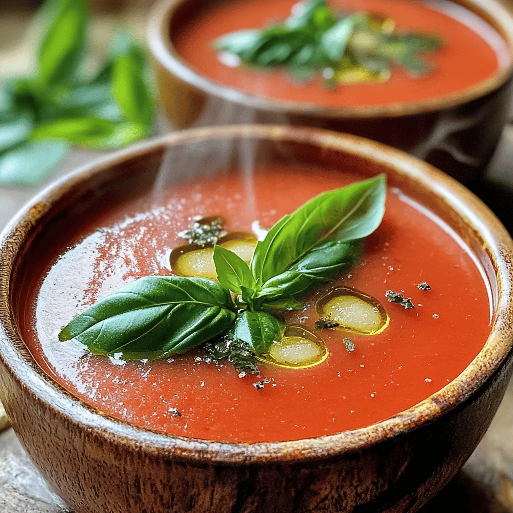 - 6 ripe tomatoes, halved - 1 whole bulb of garlic - 1 medium onion, finely chopped - Fresh basil leaves, for garnish - 2 tablespoons extra virgin olive oil - 4 cups vegetable broth - 1 cup heavy cream or coconut milk - 1 teaspoon dried basil - Salt, black pepper, and sugar (optional) Gathering fresh ingredients is key to great taste. I love using ripe tomatoes. They give the soup a rich flavor. Fresh garlic adds depth. Roasting it brings out its sweetness. A medium onion adds a mild bite, while fresh basil gives a bright finish. For pantry staples, I always have extra virgin olive oil on hand. It enhances the flavor of the roasted veggies. Vegetable broth forms the soup's base, while heavy cream or coconut milk makes it creamy. Dried basil adds a hint of herbiness. Salt and black pepper balance the flavors. Adding sugar is optional but can help cut acidity. Check out the Full Recipe to get all the details on making this dish. First, preheat your oven to 400°F (200°C). This step gets your oven hot and ready for roasting. Next, take a whole bulb of garlic and slice off the top. This exposes the tips of the cloves. Drizzle a bit of olive oil on the cut side, then wrap the bulb tightly in aluminum foil. This keeps the garlic moist while it roasts. Now, grab a baking sheet and arrange the halved tomatoes and the chopped onion on it. Drizzle the veggies with the remaining olive oil, then sprinkle salt and black pepper to taste. Place the wrapped garlic on the same sheet. Roast everything in your preheated oven for about 30 to 35 minutes. You want the tomatoes to get soft and caramelized, which brings out their natural sweetness. After roasting, carefully take the garlic out and let it cool for around 5 minutes. Once cool, squeeze the roasted cloves out of their skins into a blender or a large pot. They should pop right out since they become soft. Next, add the roasted tomatoes and onion to the blender along with the squeezed garlic. Pour in the vegetable broth and add dried basil. If you like, include a teaspoon of sugar to balance the acidity. Blend until you get a smooth, creamy texture. Now, transfer this mixture into a large pot over medium heat. Slowly stir in the heavy cream or coconut milk. Heat the soup gently, making sure it doesn’t boil, to keep that creamy texture. Taste it and adjust the seasoning with more salt or black pepper if needed. For the full recipe, check out the complete instructions. To achieve the best flavor in your creamy roasted garlic tomato soup, start with ripe tomatoes. They bring natural sweetness that shines through. When roasting, let the tomatoes caramelize a bit. This deepens their taste. Roast the garlic until soft to bring out its sweet, mellow flavor. Balancing acidity with sugar is key. Tomatoes can be tangy, so a small amount of sugar works wonders. It cuts through the acidity and makes the soup smoother. If you find your soup too tangy, add a teaspoon of sugar. Taste as you go, and adjust based on your preference. For serving ideas, ladle the soup into warm bowls. Swirl a little extra cream on top for a fancy touch. Garnish with fresh basil leaves to add color and aroma. You can also sprinkle some black pepper for extra flavor. Pair this soup with crusty bread or a grilled cheese sandwich. The crunch of the bread complements the creamy soup perfectly. You can also serve it with a fresh salad for a complete meal. Enjoy this comforting dish with friends or family, and watch them smile! For the full recipe, check out the details above. {{image_4}} If you want a dairy-free version, try using coconut milk. This swap keeps the soup creamy while adding a gentle sweetness. Just replace the heavy cream with one cup of coconut milk. The flavor of garlic and tomatoes blends well with the coconut. It makes for a cozy meal that anyone can enjoy. To make your soup even better, think about adding spices or herbs. A pinch of smoked paprika can bring a warm, smoky flavor. Fresh thyme or oregano can also lift the taste. These small changes can make a big difference. You can also add protein or veggies to the mix. A cup of cooked lentils or shredded chicken can add heartiness. Diced bell peppers or spinach can bring in more nutrients. These add-ins turn a simple soup into a full meal. For more ideas, check out the Full Recipe for Creamy Roasted Garlic Tomato Soup. It offers ways to personalize your dish! To keep your creamy roasted garlic tomato soup fresh, store it properly. Let the soup cool down first. Then, pour it into an airtight container. This helps seal in the flavor and prevents spills. Place the container in the fridge. The soup will last for about three to four days. If you want to keep it longer, consider freezing it. Just make sure to leave some space in the container. Soup expands when frozen. When you are ready to enjoy your leftover soup, you want to reheat it gently. Pour the soup into a pot over low to medium heat. Stir it often to prevent sticking. If the soup seems too thick, add a splash of vegetable broth or water. This keeps the creaminess intact. You can also microwave it in short bursts. Just remember to stir in between. This way, you avoid hot spots and keep it smooth. Enjoy your warm, comforting bowl of creamy roasted garlic tomato soup! What can I use if I don’t have fresh tomatoes? You can use canned tomatoes instead of fresh ones. Look for whole or diced tomatoes. They offer a sweet taste that works well. Use about two cans for this recipe. How can I adjust the soup’s thickness? To make the soup thicker, add more cream or reduce the broth. You can also blend in some cooked potatoes. For a thinner soup, stir in more broth or water. Can I freeze this soup for later use? Yes, you can freeze this soup. Let it cool completely before transferring it to airtight containers. It can last up to three months in the freezer. Is this recipe suitable for meal prep? Absolutely! This soup is great for meal prep. Make a big batch and store it in the fridge. It tastes even better the next day. - Full Recipe: Creamy Roasted Garlic Tomato Soup 🧄 This blog post covered how to make creamy roasted garlic tomato soup. We discussed fresh ingredients and pantry staples to gather. You learned step-by-step instructions for roasting veggies and blending the soup. We shared tips for the best flavor and presentation ideas. I also offered variations for dietary needs and storage info. Enjoy this comforting soup on any day. You have all the skills to make it delicious!
