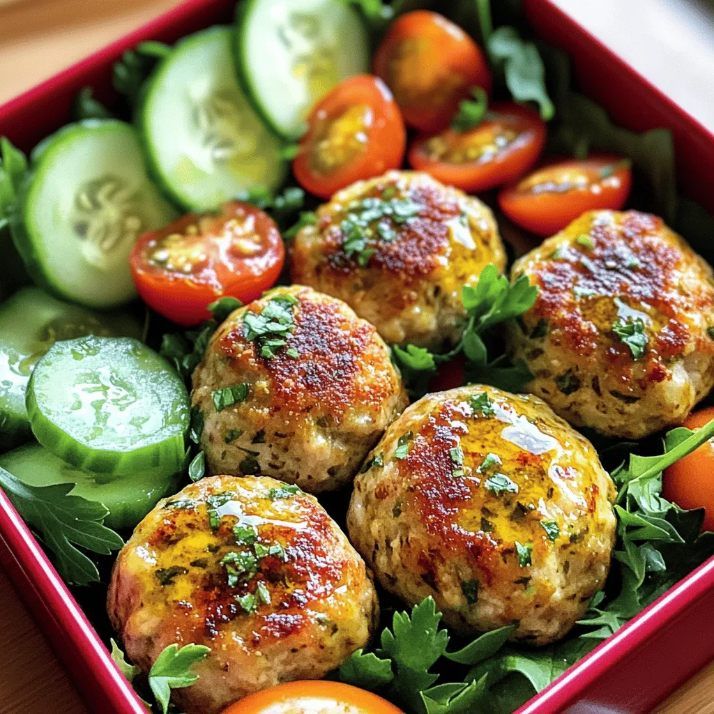 - 1 pound ground turkey - 1/2 cup breadcrumbs - 1/4 cup feta cheese, crumbled - 1/4 cup grated Parmesan cheese - 1/4 cup fresh parsley, finely chopped - 1 cup cherry tomatoes, halved - 1 cucumber, sliced into rounds - 2 cups mixed greens (like arugula or spinach) You start with ground turkey, which is lean and packed with protein. It’s the base for your meatballs. Feta cheese adds a tangy flavor that makes the meatballs taste great. I love using fresh parsley for a burst of color and taste, too. Cherry tomatoes and cucumbers bring freshness to the lunchbox. Mixed greens add crunch and make your meal feel light. - 1 teaspoon garlic powder - 1 teaspoon onion powder - 1/2 teaspoon salt - 1/4 teaspoon freshly ground black pepper - 1/2 teaspoon dried oregano The spices are key to flavor. Garlic powder and onion powder give depth to the meatballs. Salt and pepper enhance everything, while oregano adds an earthy touch. These spices work together to create a tasty bite with every mouthful. - You can try adding chopped spinach or bell peppers for extra veggies. - A dash of red pepper flakes can add some heat. - Serve with hummus or tzatziki for dipping. Feel free to play with your ingredients! You can customize your lunchbox by adding whatever you like. Try different cheeses, or mix in other spices. These options let you create a unique meal each time. Preheat your oven to 400°F (200°C). This step is key for perfect meatballs. While the oven heats, line a baking sheet with parchment paper. This helps the meatballs cook evenly and prevents sticking. In a large mixing bowl, combine the ground turkey, breadcrumbs, crumbled feta, grated Parmesan, chopped parsley, garlic powder, onion powder, salt, and black pepper. Use your hands or a spatula to mix until everything is blended well. This is where the magic begins! Now, take small portions of the mixture and roll them into meatballs about one inch wide. Place each meatball on the lined baking sheet. Make sure they have space between them. This allows hot air to circulate and cook them evenly. Drizzle the meatballs with a bit of olive oil. This helps them brown nicely. Place the baking sheet in the preheated oven and bake for 20-25 minutes. Check for a golden brown color and ensure they reach an internal temperature of 165°F (74°C). Remember to turn them halfway through baking for even cooking. While the meatballs bake, wash your vegetables. In a medium bowl, mix halved cherry tomatoes and sliced cucumber. Drizzle with olive oil and sprinkle dried oregano. Toss gently so they are coated well. To assemble your lunchbox, take a container and place a handful of mixed greens on one side. Next, add the cooked meatballs, and then top with the seasoned tomatoes and cucumber. Just before you eat, drizzle balsamic vinegar over everything. This adds a nice tangy flavor. For a beautiful presentation, separate each food item. Garnish with fresh parsley for a pop of color. Enjoy your delicious Turkey Meatball & Feta Lunchbox! For the complete recipe, check out the [Full Recipe]. - Ensure even cooking by spacing meatballs well on the baking sheet. - Turn meatballs halfway through baking for a uniform crisp. To achieve crispy meatballs, drizzle them lightly with olive oil before baking. This helps them brown nicely. If you want extra crunch, broil them for the last few minutes. Just keep an eye on them to avoid burning. - Prepare meatballs in advance for easy meals throughout the week. - Store leftovers in airtight containers to keep them fresh. When you meal prep, make a double batch of meatballs. You can freeze half for quick dinners later. Label your containers with the date. This helps you keep track of how fresh your food is. - Pair your turkey meatballs with fresh veggies for a balanced meal. - Use a mix of flavors and textures for a delightful lunchbox. For the lunchbox, add a side of cherry tomatoes and cucumber. The crunch contrasts well with the tender meatballs. Drizzle balsamic vinegar over the greens for added flavor. This makes the meal fun and tasty. You can find the full recipe in the main article! {{image_4}} You can easily switch up the meat in this recipe. Ground chicken works well. It gives a lighter flavor. Ground beef is another choice. It brings a richer taste and texture. For a vegan option, try lentils or chickpeas. You can mash them for a similar texture. These alternatives keep the meal tasty and fulfilling. Want to change the flavor? You can add spices or herbs to the mix. Try paprika for a smoky kick. A touch of cumin adds warmth. Fresh herbs like basil or dill bring freshness. You can also swap out the feta cheese. Try goat cheese for a tangy twist. Or use mozzarella for a milder taste. This lunchbox pairs well with many sides. For veggies, consider roasted bell peppers or steamed broccoli. They add color and nutrients. You could also add some carbs like whole grain pita or brown rice. Dips like tzatziki or hummus work great too. They add flavor and keep it fun to eat. To store leftovers, place them in an airtight container. Make sure to cool the meatballs before sealing. This keeps moisture in and prevents drying. Store in the fridge for up to three days. When reheating, use a microwave or oven. Heat until the meatballs reach 165°F. This ensures they are safe to eat. For freezing meatballs, let them cool completely first. Place them in a single layer on a baking sheet. Freeze until solid, then transfer to a freezer-safe bag. Label the bag with the date. Use within three months for best taste. To thaw, move them to the fridge overnight. Reheat in the oven or microwave until hot. Cooked turkey meatballs last about three days in the fridge. If stored properly, frozen meatballs can last up to three months. Check for signs of spoilage, like a sour smell or color change. If you notice any, it’s best to discard them. Keeping track of dates helps you avoid waste. To check if your turkey meatballs are done, use a meat thermometer. The internal temperature should reach 165°F (74°C). This ensures they are safe to eat. The meatballs should also look golden brown on the outside. If they are firm to the touch, they are likely cooked through. Always cut one open to check if it is no longer pink. This way, you can be sure you serve safe and tasty meatballs. Yes, you can easily prepare this turkey meatball recipe ahead of time. Mix the meatball ingredients and shape them into balls. Store them in the fridge for up to 24 hours. This makes meal prep easy. You can also bake the meatballs in advance. Just store them in an airtight container in the fridge. They will stay fresh for about three days. Reheat them gently in the oven or microwave before serving. If you don’t have feta cheese, there are several great alternatives. You can use goat cheese for a similar tangy flavor. Cream cheese can also work well, giving a creamy texture. For a dairy-free option, try using nutritional yeast. This gives a cheesy flavor without the dairy. Another option is to use shredded mozzarella or cheddar, which will melt nicely in the meatballs. You can add a kick to your turkey meatball and feta lunchbox easily. Try mixing in some red pepper flakes for heat. Fresh herbs like basil or cilantro can brighten up the dish. A squeeze of lemon juice adds a fresh, zesty flavor. You might also want to drizzle some hot sauce or a spicy vinaigrette over the salad. These small changes can bring your lunchbox to life and make it even more exciting! This blog post covered everything you need for turkey meatballs with feta. You learned about key ingredients, from ground turkey to various spices. I shared step-by-step instructions, along with tips for meal prep and cooking. You also discovered fun variations and how to store leftovers. In conclusion, with simple methods and tasty flavors, these meatballs can enhance your lunches. By experimenting with ingredients, you can make them your own. Happy cooking and enjoy your delicious creations!