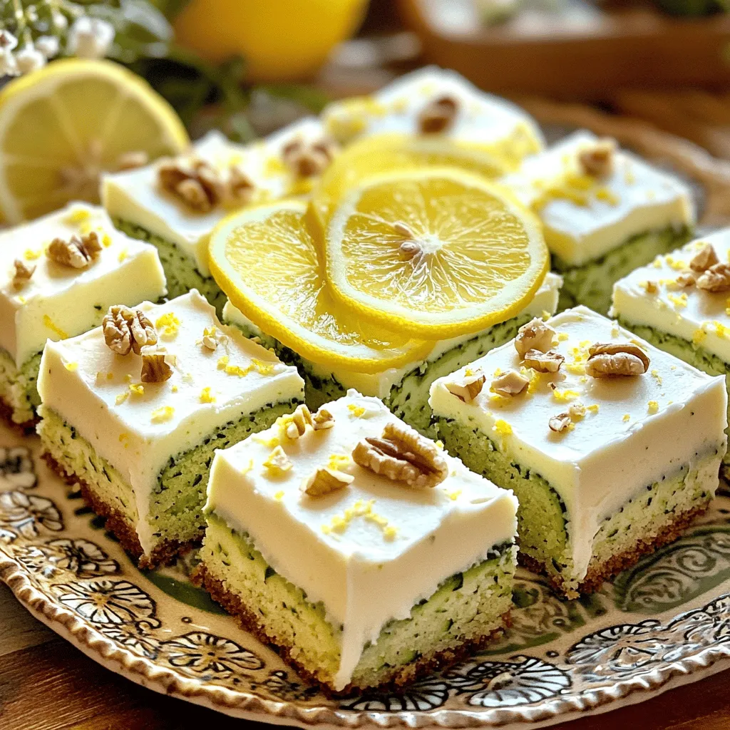 To make a delicious zucchini cake, you need these main ingredients: - 2 cups grated zucchini (about 2 medium zucchinis) - 1 ¾ cups all-purpose flour - 1 teaspoon baking powder - ½ teaspoon baking soda - ½ teaspoon salt - 1 teaspoon ground cinnamon - 1 cup granulated sugar - ½ cup packed brown sugar - ½ cup vegetable oil - 3 large eggs - 2 teaspoons vanilla extract - Zest of 1 lemon These ingredients create a moist and fluffy cake that bursts with flavor. You can add some optional ingredients to change up your zucchini cake: - 1 cup chopped walnuts - ½ cup mini chocolate chips - ½ cup shredded coconut These additions can give your cake a fun twist. You can mix and match based on your taste. If you need to swap out some ingredients, here are a few ideas: - Use coconut oil instead of vegetable oil for a richer flavor. - Substitute applesauce for some of the oil to make it lighter. - For a gluten-free option, use a gluten-free all-purpose flour blend. These substitutions allow you to customize the recipe. You can fit your dietary needs while keeping the taste delicious. For the full recipe, refer to the Zesty Lemon Zucchini Cake section. Start by washing the zucchinis. Next, trim the ends and grate them. You need about 2 cups of grated zucchini. It’s best to use a box grater or a food processor. The zucchini gives moisture to your cake. You don't have to peel the zucchini. The skin adds color and nutrients. Once grated, set it aside to let some moisture drain. In a large bowl, mix the grated zucchini with granulated sugar, brown sugar, and vegetable oil. Stir them well until the sugars blend in. Then, crack in the eggs and add vanilla extract. Whisk until smooth. Next, gently fold in the lemon zest for a fresh taste. In another bowl, whisk together flour, baking powder, baking soda, salt, and cinnamon. Slowly add this dry mix to the wet ingredients. Stir just until combined. Avoid over-mixing to keep the cake light. If you want added crunch, fold in walnuts now. Pour the batter into a greased 9x13 inch baking pan. Spread it evenly for even baking. Bake at 350°F (175°C) for 30 to 35 minutes. A toothpick should come out clean when inserted in the center. Once done, let the cake cool in the pan. This step is key for moisture. While it cools, make the frosting. Mix cream cheese and butter until smooth, then add powdered sugar and lemon juice. Frost the cooled cake with this creamy mixture for a tangy finish. Enjoy your delightful zucchini cake! For the full recipe, check out the detailed instructions. To achieve a moist zucchini cake, you need to use fresh zucchini. Grate it finely and do not squeeze out the moisture. The water in the zucchini keeps the cake soft. Adding both granulated and brown sugar enhances the cake's moisture too. The brown sugar adds a richer flavor and moisture due to its molasses content. Vegetable oil works well, as it keeps the cake tender. You can also add yogurt for extra moisture. One common mistake is over-mixing the batter. This can make your cake tough. Mix your ingredients until just combined. Another mistake is not measuring the flour properly. Too much flour dries the cake out. Always spoon flour into your measuring cup and level it off. Finally, avoid skipping the cooling step. Frosting a warm cake can melt the frosting and ruin your hard work. Decorating your zucchini cake can be simple yet fun. Once frosted, you can add a sprinkle of lemon zest on top for a pop of color. Sliced fresh lemons or edible flowers can also add a nice touch. Chopped walnuts not only enhance flavor but also create a nice crunch. You can even drizzle a bit of lemon glaze for extra sweetness. For a seasonal twist, try adding some fresh berries on the side. For the full recipe, check out the details above! {{image_4}} You can make a gluten-free zucchini cake easily. Replace all-purpose flour with a good gluten-free blend. Make sure it has xantham gum for texture. This swap keeps the cake moist and fluffy. You may need to adjust the baking time slightly. Check for doneness with a toothpick, just like in the original recipe. To make a vegan version, swap eggs for flax eggs. Mix 1 tablespoon of ground flaxseed with 2.5 tablespoons of water for each egg. Use plant-based milk instead of regular milk. Opt for coconut oil or a neutral oil in place of vegetable oil. These changes keep the cake moist and tasty without any animal products. Spices can really boost the flavor of your zucchini cake. Consider adding nutmeg, ginger, or cardamom for a warm touch. A teaspoon of each can add a nice kick. You can also mix in chocolate chips or dried fruit for extra sweetness. Experimenting with spices makes your cake unique and exciting. For the full recipe, check the Zesty Lemon Zucchini Cake section above. To keep your zucchini cake fresh, let it cool completely. Place it in an airtight container. You can also cover it tightly with plastic wrap. Store it at room temperature for up to three days. If you want to keep it longer, the fridge is a good option. Just remember to keep it sealed to prevent drying out. Freezing is a great way to save leftover zucchini cake. First, let the cake cool. Cut it into slices for easy access later. Wrap each slice tightly in plastic wrap. Then, place the slices in a freezer-safe bag or container. You can freeze it for up to three months. When you’re ready to enjoy, just pull out a slice from the freezer. To reheat your zucchini cake, take it out of the fridge or freezer. If it's frozen, let it thaw in the fridge overnight. For quick reheating, use a microwave. Heat each slice for about 15-20 seconds. If you prefer the oven, set it to 350°F (175°C). Heat for about 10-15 minutes. This will help keep the cake moist and tasty. Enjoy it warm for a delightful treat! Yes, you can use unpeeled zucchini in the cake. The skin adds color and nutrition. Just wash the zucchini well before grating it. This keeps the nutrients and flavor intact. To boost flavor, add spices like nutmeg or ginger. You can also mix in cocoa powder for a chocolate twist. Adding a bit of orange zest can give a fresh taste too. Another idea is to use flavored extracts, like almond or coconut. Zucchini cake pairs well with a scoop of vanilla ice cream or a dollop of whipped cream. Fresh fruits like berries or peaches also make great toppings. You can serve it with a cup of tea or coffee for a delightful treat. For a more festive touch, try serving it with a drizzle of caramel sauce. Try this Zesty Lemon Zucchini Cake for a moist and tasty dessert. For the complete recipe, check out the Full Recipe section. In this article, we explored the key ingredients for zucchini cake, both main and optional. I shared step-by-step instructions from prep to baking. You learned tips for a moist cake and common mistakes to avoid. We also discussed fun variations like gluten-free and vegan options. Lastly, I included storage tips to keep your cake fresh. Zucchini cake can be simple and delicious. With these tips and tricks, you can create a treat everyone will love. Now, it's time to bake and enjoy!