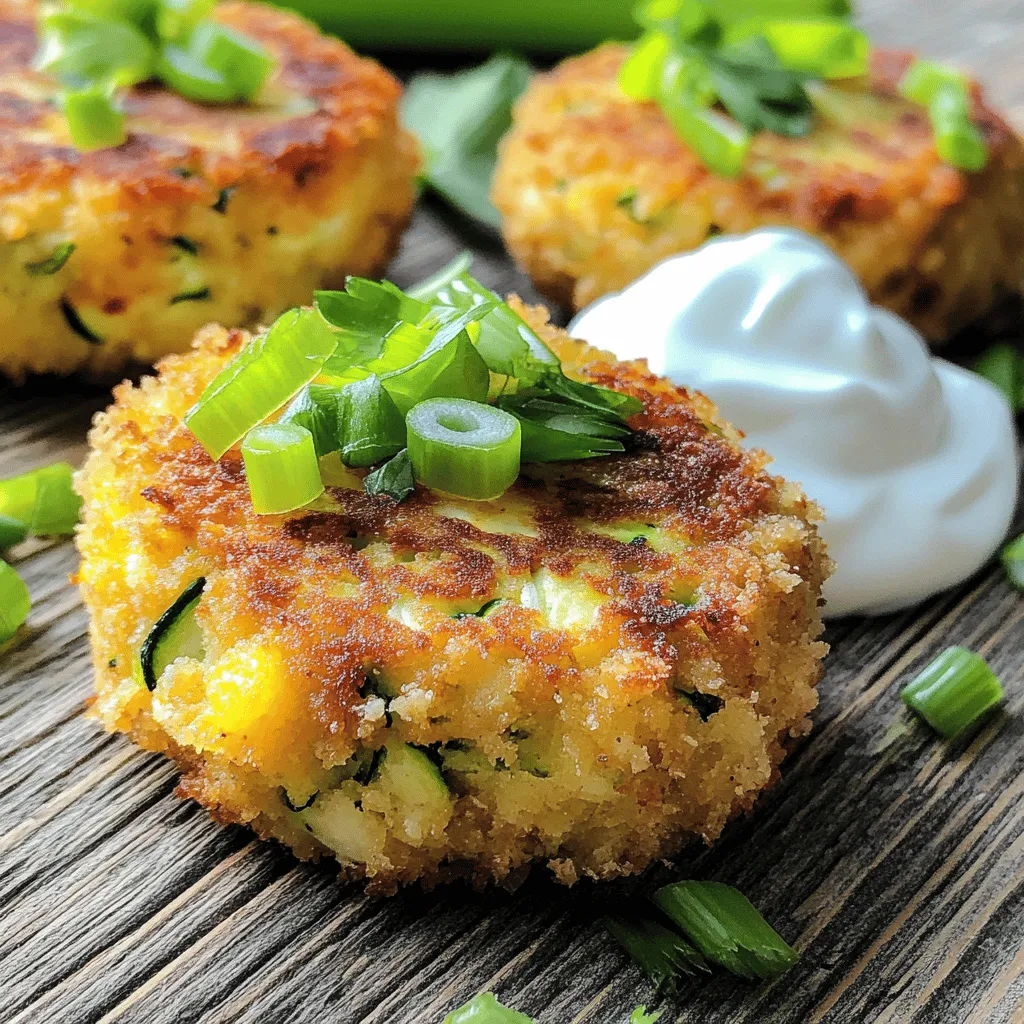 To make crispy zucchini cakes, gather these ingredients: - 2 medium zucchinis, grated - 1 teaspoon salt - 1/2 cup all-purpose flour - 1/2 cup panko breadcrumbs (for extra crunch) - 2 large eggs, beaten - 1/4 cup green onions, finely chopped - 1/4 cup freshly grated Parmesan cheese - 2 cloves garlic, minced - 1 teaspoon dried oregano - 1/2 teaspoon freshly ground black pepper - Olive oil, for frying These ingredients work together to create a tasty and satisfying dish. The zucchini gives moisture, while the flour and breadcrumbs help bind the cakes. Parmesan cheese adds a nice flavor, and garlic brings a little kick. When picking zucchinis, look for ones that are firm and shiny. Avoid zucchinis with soft spots or blemishes. A good zucchini should feel heavy for its size. It is best to choose smaller zucchinis, about 6 to 8 inches long. They have a better taste and texture than larger ones. You can adjust the recipe to fit different diets. For a gluten-free option, use almond flour instead of all-purpose flour. If you need dairy-free, skip the Parmesan cheese or use a plant-based cheese. For vegans, replace the eggs with flax eggs. Just mix 1 tablespoon ground flaxseed with 2.5 tablespoons water and let it sit until it thickens. These alternatives keep the dish delicious while meeting your dietary needs. For the full recipe, check the details provided earlier. Start by grating your zucchinis into a large bowl. This makes them easier to mix. Sprinkle 1 teaspoon of salt over the grated zucchini. Let it sit for about 10 minutes. This step helps draw out extra moisture. After 10 minutes, take a clean kitchen towel. Place the zucchini in the towel and twist it to squeeze out the liquid. This step is key to making crispy cakes. Once you have drained the zucchini, put it back in the bowl. Now it’s time to mix in the rest of the ingredients. Add 1/2 cup of all-purpose flour, 1/2 cup of panko breadcrumbs, and 2 beaten eggs. Then add 1/4 cup of finely chopped green onions and 1/4 cup of freshly grated Parmesan cheese. Don’t forget to add 2 cloves of minced garlic, 1 teaspoon of dried oregano, and 1/2 teaspoon of black pepper. Mix everything well until it holds together. This is where all the flavors come together. Heat about 2 tablespoons of olive oil in a large skillet over medium heat. Once the oil is hot, shape the zucchini mixture into patties. Aim for 2-3 inches in diameter and about 1/2 inch thick. Place the patties in the skillet, making sure not to overcrowd them. Fry each side for 3-4 minutes. You want them golden brown and crispy. If you need more oil, add it between batches. Once cooked, place the cakes on a plate lined with paper towels. This helps soak up any extra oil, keeping them crispy. Enjoy your zucchini cakes warm! You can even add a dollop of yogurt or sour cream on top for extra flavor. For the full recipe, check out the complete guide! To get your zucchini cakes crispy, start with fresh zucchini. Grating the zucchini helps to break it down. After grating, sprinkle it with salt and let it sit for ten minutes. This draws out moisture. Squeeze the grated zucchini in a clean towel to remove excess liquid. This step is key for crispiness. Use a mix of all-purpose flour and panko breadcrumbs for added crunch. Fry the cakes in hot olive oil, and don’t overcrowd the pan. Each cake needs space to fry evenly. Cook until golden brown on both sides. One common mistake is not removing enough moisture from the zucchini. If your mixture is wet, the cakes will not hold together. Avoid using too much flour; it can make the cakes dense. It’s also important to shape your patties tightly. Loose patties may fall apart while cooking. Be mindful of the frying temperature. If the oil isn’t hot enough, the cakes will absorb too much oil. Lastly, don’t skip the resting period after frying. Letting them sit on paper towels helps keep them crispy. Serve these crispy zucchini cakes warm. They taste great on their own, but you can elevate the dish. Try topping them with a dollop of Greek yogurt or sour cream. You can also sprinkle fresh herbs, like parsley or dill, for extra flavor. Pair them with a crisp salad for a light meal. If you want a sauce, try a tangy dipping sauce. A simple garlic aioli or a lemon herb dressing works well. For a full meal, serve with grilled chicken or fish. For the full recipe, check out the link above. {{image_4}} You can easily change the taste of your zucchini cakes. Adding fresh herbs makes a big impact. Here are some ideas: - Basil: Adds a sweet and fragrant touch. - Cilantro: Gives a fresh, bright flavor. - Chili flakes: Adds a little heat. - Smoked paprika: Provides a nice smoky taste. Mix and match these herbs to find your favorite combo. Don't be afraid to experiment! If you need gluten-free zucchini cakes, you have options. Instead of all-purpose flour, try: - Almond flour: It adds a nutty flavor. - Rice flour: This option is light and airy. For breadcrumbs, use: - Gluten-free panko: It still gives you that crunch. - Crushed gluten-free crackers: These work well too. Just make sure your other ingredients are also gluten-free. You can make these cakes vegan with simple swaps. Replace eggs with: - Flaxseed meal: Mix one tablespoon with three tablespoons of water and let it sit. - Chia seeds: Use the same method as with flaxseed. For cheese, use: - Nutritional yeast: This adds a cheesy flavor without dairy. - Vegan cheese: Just make sure it melts well. These changes keep your cakes tasty while fitting a vegan diet. For the complete recipe, check the Full Recipe section. To store leftover zucchini cakes, let them cool first. Place them in an airtight container. You can stack them with parchment paper to avoid sticking. Store them in the fridge for up to three days. Always make sure the lid is tight to keep them fresh. When reheating, the goal is to keep them crispy. Avoid using a microwave, as it makes them soggy. Instead, use a skillet over medium heat. Add a small amount of olive oil to the pan. Heat each side for about two to three minutes. This helps revive the crunchiness and flavor. You can freeze zucchini cakes for later. First, let them cool completely. Then, place them on a baking sheet in a single layer. Freeze them for an hour to firm up. After that, transfer the cakes to a freezer bag. Remove as much air as possible before sealing. They can last up to three months in the freezer. When ready to eat, just reheat them as mentioned. For the full recipe, check back to guide your cooking! To keep zucchini cakes from falling apart, remove excess moisture. Start by salting grated zucchini. Let it sit for about 10 minutes to draw out water. After that, squeeze the zucchini in a towel to remove more liquid. This step helps the cakes stay firm. Mix in flour and eggs to bind the ingredients. Shape the patties tightly, which also helps them hold together during cooking. Yes, you can bake zucchini cakes for a healthier option. Preheat your oven to 400°F (200°C). Line a baking sheet with parchment paper. Shape the patties as usual and place them on the sheet. Brush the tops lightly with olive oil for a crispy finish. Bake for about 20-25 minutes, flipping halfway through. They may not be as crispy as fried cakes, but they will still be tasty. Zucchini cakes go well with various dipping sauces. Here are a few ideas: - Tzatziki sauce: This yogurt-based sauce adds a cool touch. - Garlic aioli: A creamy dip that packs a garlic punch. - Sriracha mayo: For a spicy kick, mix mayo with sriracha. - Ranch dressing: A classic choice that everyone loves. These sauces enhance the flavor and make your meal even more enjoyable. For the full recipe, check out the details above! Zucchini cakes are simple and fun to make. We explored key ingredients and tips for choosing fresh zucchini. I shared step-by-step instructions to help you create tasty cakes. You now have tricks to achieve crispiness and avoid common mistakes. In addition, find ways to tailor your cakes for special diets. Store leftovers properly and reheat them for best results. With all this, enjoy making these delights. Your kitchen adventures just got more exciting!