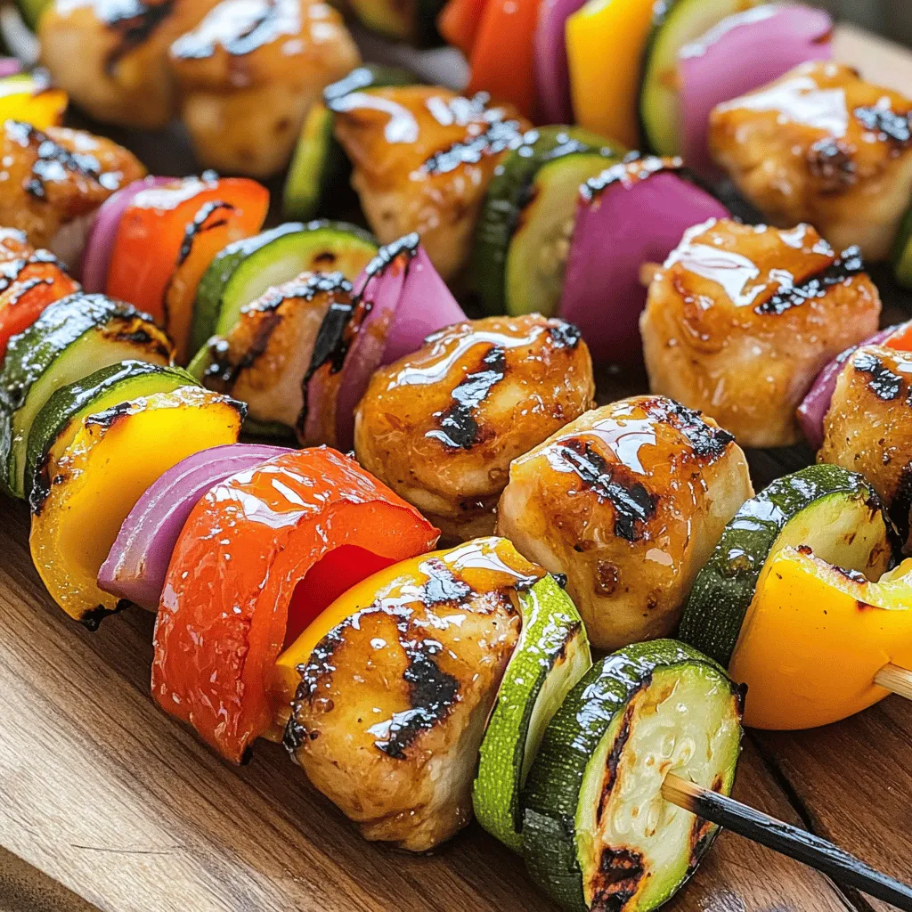 To make these tasty skewers, you need a few key items. Here’s what you will need: - 1 lb (450g) boneless, skinless chicken breast, cut into 1-inch cubes - 1/4 cup honey - 1/4 cup low-sodium soy sauce - 3 cloves garlic, finely minced - 1 tablespoon fresh ginger, grated - 1 tablespoon sesame oil - 1 tablespoon rice vinegar - 1/2 teaspoon freshly ground black pepper - 1/2 teaspoon red pepper flakes (optional, for added heat) - 1 bell pepper (any color), cut into 1-inch pieces - 1 small zucchini, sliced into half-moons - 1 small red onion, cut into wedges - Skewers (if using wooden skewers, soak in water for 30 minutes prior to use) You can make this dish even better with a few extras. Consider adding: - Fresh herbs like cilantro or parsley for garnish - Sesame seeds for a nice crunch - A squeeze of lime juice for a zesty kick - Pineapple chunks for a sweet twist You will need some tools to cook these skewers well. Here’s what you should gather: - Skewers (wooden or metal) - A grill or grill pan - A medium mixing bowl for the marinade - A whisk for mixing the marinade - A cutting board and knife for chopping veggies - Tongs for turning the skewers on the grill Gather all these ingredients and equipment before you start. This makes cooking easy and fun. For the full recipe, refer to the section above. To make the chicken burst with flavor, you need a good marinade. In a medium bowl, mix honey, soy sauce, minced garlic, grated ginger, sesame oil, rice vinegar, black pepper, and red pepper flakes. This blend gives the chicken a sweet and savory taste. Add the chicken cubes into the bowl. Make sure each piece gets coated well. Cover the bowl and place it in the fridge for at least 30 minutes. If you have time, letting it marinate for two hours will deepen the flavor. While the chicken marinates, it’s time to prep your veggies. Start by washing the bell pepper, zucchini, and red onion. Cut the bell pepper into 1-inch pieces. Slice the zucchini into half-moons, and cut the red onion into wedges. These veggies add color and crunch. Feel free to use other veggies you enjoy. Just remember to keep the pieces about the same size for even cooking. Once prepped, arrange the veggies on a plate and set them aside. Now comes the fun part: assembling the skewers! Take your soaked wooden skewers and start threading them. Alternate between the chicken cubes and the prepared vegetables. This not only looks nice but also helps flavors mix during grilling. Make sure to leave a little space between each piece. This allows heat to circulate and cook everything evenly. Once done, your skewers will be ready for grilling. For the full recipe, check the details above. Grilling is the best way to cook honey garlic chicken skewers. Preheat your grill to medium-high heat. This ensures even cooking and nice grill marks. Brush the grill with oil to stop sticking. Place your skewers on the grill. Cook for about 10-12 minutes. Flip them often to cook all sides. Look for a nice brown color. The glaze will caramelize, adding flavor. If you cannot grill, you can bake or broil the skewers. For baking, preheat your oven to 400°F (200°C). Place the skewers on a baking sheet. Bake for about 20-25 minutes, flipping halfway through. For broiling, position the skewers on the top rack. Broil for about 10-15 minutes. Keep a close eye to avoid burning. Both methods give you juicy chicken and rich flavors. To ensure your chicken is safe to eat, check its internal temperature. Use a meat thermometer. The chicken should reach 165°F (74°C). Insert the thermometer into the thickest part of the meat. This step is essential for food safety. If you do not have a thermometer, cut into a piece. The meat should be white, not pink. Always prioritize safety when cooking chicken. {{image_4}} To stop your chicken skewers from sticking, you can do a few simple things: - Oil the Grill: Brush the grill grates with a bit of oil. This helps create a non-stick surface. - Preheat the Grill: Make sure the grill is hot before you add the skewers. This helps sear the meat. - Don’t Move Them Too Soon: Let the skewers cook for a few minutes before you turn them. This allows the chicken to form a crust, which helps it release easily. A good marinade makes your chicken juicy and tasty. Here are some tips: - Marinate Longer: For the best flavor, let the chicken soak for at least 30 minutes. If you can, aim for 2 hours. - Use Fresh Ingredients: Fresh garlic and ginger give the best taste. They really enhance the honey and soy sauce mix. - Add Acid: Rice vinegar helps balance the sweetness. It adds a nice zing to the dish. Honey garlic chicken skewers are great on their own, but pairing them can make the meal even better. Here are some ideas: - Serve with Rice: White or brown rice soaks up the extra sauce beautifully. - Add a Salad: A fresh salad of mixed greens adds crunch and color. - Try Dipping Sauces: A side of soy sauce or sweet chili sauce can add extra flavor. For the full recipe, check out the detailed instructions listed above! You can switch up the protein in this recipe. If you prefer beef, use tender cuts like sirloin or flank steak. Cut it into 1-inch cubes, just like the chicken. For shrimp, choose large, peeled shrimp. They cook fast, so watch them closely! Tofu is a great choice for a plant-based meal. Use firm tofu, and press it to remove excess moisture. Cut it into cubes and marinate the same way as chicken. Each protein brings a unique flavor to your skewers. Feel free to get creative with your veggies. Instead of bell peppers, try cherry tomatoes or mushrooms. Both add great taste and color! Broccoli florets or asparagus spears also work well. Cut the veggies into similar sizes for even cooking. If you like a little crunch, add sliced carrots or snap peas. This adds color and texture to your dish. The more colorful your skewers, the more fun they look! You can easily change the flavor profile of your skewers. For a spicy kick, add more red pepper flakes or a splash of hot sauce to the marinade. If you prefer a sweeter taste, drizzle more honey over the skewers before grilling. For a savory twist, add soy sauce or teriyaki sauce to your marinade. You can even include herbs like cilantro or basil for fresh notes. These small changes can make a big difference and keep your meals exciting. Check the full recipe for more details! You should marinate the chicken for at least 30 minutes. For more flavor, let it sit for up to 2 hours. This helps the chicken soak in all the sweet and savory goodness from the marinade. Yes, you can prepare these skewers ahead of time. Once you marinate the chicken, thread it onto the skewers with the veggies. Then, cover and store them in the fridge for a few hours or overnight. Just remember to grill them fresh for the best taste. These skewers go well with rice or a fresh salad. You can also serve them with a dipping sauce like extra honey or soy sauce. For a fun twist, add some grilled corn on the side for a colorful plate. Check out the Full Recipe for more serving ideas! You now have all the steps to make tasty honey garlic chicken skewers. From key ingredients to cooking tips, you can create something special. Remember to marinate the chicken for great flavor and try different proteins and veggies. Whether grilling or baking, checking for doneness is key to success. Enjoy cooking and share your skewers with family and friends. This dish will surely impress them!