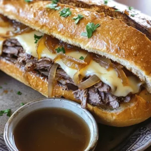 To make the best French dip sandwiches at home, you need a few key items: - 1 large French baguette - 1 lb roast beef, thinly sliced - 4 cups beef broth - 1 tablespoon Worcestershire sauce - 1 onion, thinly sliced - 2 cloves garlic, minced - 1 tablespoon fresh thyme leaves (or 1 teaspoon dried thyme) - 1 tablespoon olive oil - 4 slices provolone cheese - Salt and pepper to taste - Fresh parsley, chopped (for garnish, optional) These ingredients blend perfectly to create a rich and savory sandwich. You can enhance your French dip sandwich with a few fun add-ins: - Sautéed mushrooms for an earthy twist - Sliced jalapeños for some heat - A splash of hot sauce for extra flavor - Fresh arugula or spinach for a green crunch - Creamy horseradish sauce for a zesty kick Feel free to mix and match these options to suit your taste. Pair your French dip sandwiches with these tasty sides: - Crispy French fries for a classic combo - Potato salad for a refreshing side - Coleslaw for a crunchy texture - A simple green salad for balance - Pickles for a tangy bite These sides will complement your meal and make it even more enjoyable. You can find the Full Recipe to guide you through the steps to make these delicious sandwiches. To start, heat olive oil in a large pot over medium heat. Add the thinly sliced onion and cook for about 10-12 minutes. Stir the onions often until they become soft and golden brown. This step gives the onions a sweet flavor. Next, add minced garlic and fresh thyme. Cook for one more minute until you smell the garlic. This mix adds depth to your sandwich. Now it’s time to make the broth. Pour in the beef broth and add Worcestershire sauce. Bring this mix to a gentle simmer. Season with salt and pepper to taste. Allow the broth to simmer for 15-20 minutes. This lets the flavors blend well. The warm broth will add a rich taste to your sandwich. While the broth simmers, slice the French baguette in half lengthwise. Place the two halves on a baking sheet. Toast them in a preheated oven at 350°F (175°C) for about 5 minutes. This gives the bread a nice crisp. To assemble your sandwich, layer thinly sliced roast beef on the bottom half of the baguette. Spoon the caramelized onions on top of the beef. Then, place a slice of provolone cheese over the onions. Return the sandwich to the oven for another 5-7 minutes. You want the cheese to melt and bubble. Serve hot with small cups of the broth for dipping. Enjoy your savory French dip sandwiches! For the full recipe, check out the details above. To get the best caramelized onions, choose a large onion. Slice it thinly. Heat olive oil in a pot over medium heat. Add the onions and stir them often. Cook for about 10 to 12 minutes. You want them soft and golden brown. If they start to stick, add a splash of broth. This keeps them moist. The sweet flavor makes your sandwich so tasty. Look for thinly sliced roast beef. Choose cuts like top round or sirloin. These cuts are lean but still juicy. If you can, buy it from a deli. Ask for it to be sliced as thin as possible. Fresh roast beef tastes great in your sandwich. It also absorbs the broth well, adding to the flavor. For a great cheese choice, I recommend provolone. It melts well and adds a rich taste. You can also try Swiss or mozzarella for a milder flavor. If you want something stronger, go for aged cheddar. Place the cheese on top of the roast beef before melting. This adds creaminess to your sandwich. Enjoy the warm, gooey goodness with each bite. For the full recipe, check out Savory French Dip Delight 🥖. {{image_4}} While roast beef is the classic choice, you can mix it up! Try using thin slices of turkey or ham for a lighter option. You might enjoy tender brisket or even pork. Each meat brings its unique taste and texture, transforming your sandwich. You can create a delicious vegetarian or vegan French dip too. Use portobello mushrooms or eggplant as the main filling. These hearty vegetables have great flavor and a nice texture. For the broth, swap beef broth with vegetable broth. This keeps the dish rich without meat. Get creative with your French dip sandwiches! Add roasted peppers or jalapeños for a spicy kick. You might enjoy a touch of barbecue sauce for a smoky flavor. Try different cheeses, like cheddar or gouda, to change the taste. These fun twists make each bite exciting! For a full recipe, check out the Savory French Dip Delight 🥖 recipe above. If you have leftover French dip sandwiches, wrap them tightly in plastic wrap or foil. You can also place them in an airtight container. Store them in the fridge for up to three days. This way, they stay fresh and tasty. To reheat, preheat your oven to 350°F (175°C). Place the sandwich on a baking sheet. Heat for about 10 minutes, or until warm. You can also microwave the sandwich for 1-2 minutes. However, this might make the bread a bit soft. Serve with warm broth for dipping. To freeze your sandwiches, wrap each one in plastic wrap first. Then, place them in a freezer bag. They can last up to three months in the freezer. When ready to eat, thaw in the fridge overnight. Reheat in the oven as mentioned before. This method keeps the flavors intact. For the Full Recipe, check out the detailed steps to make these delicious sandwiches! A French Dip Sandwich is a warm sandwich filled with thin slices of roast beef. The bread is usually a French baguette. You serve it with a cup of beef broth for dipping. This adds flavor and moisture, making each bite delicious. To make au jus sauce, you start with beef broth. Heat it in a pot over medium heat. Add Worcestershire sauce for depth. Season with salt and pepper to taste. Allow it to simmer for about 15 minutes. This simple mix enhances the flavor of your sandwich. Yes, you can use different types of bread. While a French baguette is traditional, other options work too. Try ciabatta, hoagie rolls, or even sourdough. Each type brings its own flavor and texture to the sandwich. The best meats for French Dip Sandwiches are tender cuts of beef. Roast beef is classic and easy to find. You can also use prime rib or brisket. For a twist, try adding turkey or pork for different flavors. French dip sandwiches are a tasty meal, made with juicy roast beef and rich broth. You can customize them with various toppings and sides. I shared tips for perfect caramelized onions and great meat choices. Don't forget about the fun variations for different tastes. Storing leftovers is easy, and reheating keeps them delicious. Enjoy experimenting with this classic dish. Your next meal can be a hit with these ideas!