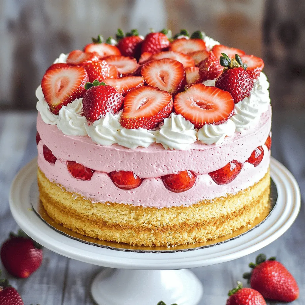 - 2 cups fresh strawberries, hulled and sliced - 1/2 cup granulated sugar, divided - 1 cup heavy cream, chilled - 1 tablespoon unflavored gelatin - 3 tablespoons cold water - 1 teaspoon vanilla extract - 1 1/2 cups all-purpose flour - 1/2 teaspoon baking powder - 1/4 teaspoon salt - 1/2 cup unsalted butter, softened - 2 large eggs Gathering the right ingredients is key to a great Strawberry Mousse Cake. You want the best fresh strawberries to give your cake that vibrant flavor. I love using berries that are in season for the sweetest taste. For the heavy cream, use chilled cream. Cold cream whips better, giving your mousse that perfect light fluff. The unflavored gelatin helps set the mousse so it holds its shape. When it comes to the cake base, use all-purpose flour for a soft and tender crumb. Make sure your butter is softened, as this helps create a light texture when mixed with sugar. The eggs are also vital—they add moisture and help the cake rise. I recommend checking your pantry for these items before starting. This way, you won't have to rush to the store when you're ready to bake. For the full recipe, you can refer to the details above. - In a bowl, mix 2 cups of sliced strawberries with 1/4 cup of sugar. - Toss them gently to coat all the slices. - Let the strawberries sit for 30 minutes. This helps them soften. - As they sit, they will release sweet juices. - Start by blooming the gelatin. Sprinkle 1 tablespoon of gelatin over 3 tablespoons of cold water. - Let it sit for about 5 minutes. It will absorb the water and get spongy. - Next, whip 1 cup of chilled heavy cream in a large bowl. - Beat until soft peaks form, then add the remaining 1/4 cup sugar and 1 teaspoon of vanilla. - Keep whipping until stiff peaks form. - Gently fold in the macerated strawberries with their juices. - Microwave the bloomed gelatin for about 10 seconds until melted. - Fold the gelatin into the cream and strawberry mix until smooth. - Preheat your oven to 350°F (175°C). - In a bowl, sift together 1 1/2 cups flour, 1/2 teaspoon baking powder, and 1/4 teaspoon salt. - In another bowl, cream 1/2 cup softened butter with the remaining sugar until fluffy. - Add 2 large eggs one at a time, mixing well after each. - Gradually mix in the dry ingredients. Stir until no flour is visible. - Grease a 9-inch round cake pan and pour the batter in. - Bake for 20-25 minutes. A toothpick should come out clean when inserted. - Let the cake cool completely in the pan on a wire rack. For the complete recipe, refer to the Full Recipe section. To get that fluffy mousse texture, start with cold cream. Chilled cream whips better and traps air, giving you lightness. Use a large bowl to allow for easy whipping. When folding the strawberry mixture into the whipped cream, be gentle. Use a spatula and lift the cream from the bottom. This keeps air in and makes the mousse airy and light. Always check the cake for doneness with a toothpick. Insert it into the center; it should come out clean. If it has wet batter, bake a few more minutes. Let the cake cool in the pan for about 10 minutes. Then, move it to a wire rack. Cooling it properly helps prevent sogginess. Garnish with fresh strawberries or mint leaves for a pop of color. You can slice strawberries and arrange them on top for a beautiful look. Serve the cake on a nice plate and keep it chilled until serving. This cake looks stunning and will impress your guests. Try these tips to elevate your strawberry mousse cake experience! {{image_4}} You can change the flavor of your mousse easily. Instead of strawberries, try mango or raspberries. Both fruits add a unique twist and taste. You can also use chocolate or vanilla mousse. Just swap out the strawberries for your choice of flavor. Each option gives a new spin to the cake. If you need gluten-free options, use almond or coconut flour instead of all-purpose flour. This keeps the cake light and fluffy. For dairy-free choices, coconut cream works wonders. It gives a rich texture and flavor without dairy. To make mini cakes, simply adjust the recipe. Use cupcake pans instead of a large pan. Each cupcake will hold its own layer of mousse. This makes serving easier and more fun. Plus, they look adorable on any dessert table. You can find the full recipe to guide you through these variations. To keep your strawberry mousse cake fresh, cover it tightly with plastic wrap. This prevents it from absorbing other fridge odors. You can also use a cake dome for extra protection. Store it in the fridge for up to three days. After that, the mousse may lose its texture and flavor. If you want to freeze your cake, slice it first. Wrap each slice in plastic wrap, then place them in a freezer bag. This helps keep the cake moist and safe from freezer burn. You can freeze the cake for up to two months. When you're ready to enjoy, remove a slice from the freezer. Let it thaw in the fridge overnight. This way, the mousse stays creamy and delicious. Serve it cold for the best taste. For a nice touch, add fresh strawberries on top before serving. Enjoy your delightful treat! Yes, you can make this cake a day ahead. This works well as the flavors meld nicely overnight. For best results, assemble the cake and chill it in the fridge. It will be ready to enjoy the next day. Just remember to cover it to keep it fresh. To keep your mousse firm, use the right amount of gelatin. Bloom the gelatin well before adding it to the cream. Make sure the cream is very cold when whipping. This helps it hold its shape. If the mousse seems too soft, you can add a bit more gelatin next time. Yes, you can use frozen strawberries. Just thaw them and drain excess water. Frozen strawberries may not be as firm as fresh ones. They can still work well in the mousse. Keep in mind that the flavor may be slightly different. To slice the cake neatly, use a sharp knife. Dip the knife in warm water between cuts. Wipe it clean with a towel after each slice. This keeps the mousse from smearing. It helps create clean, beautiful slices. You learned about making a delicious strawberry mousse cake. We covered the main ingredients, like fresh strawberries and heavy cream. I shared step-by-step instructions, tips for perfect texture, and options for variations. Storing and serving ideas help keep your cake fresh and tempting. In conclusion, this cake is fun to make and tastes wonderful. Feel free to try your own flavors and adjust the recipe. Enjoy impressing friends and family with your delicious dessert skills!